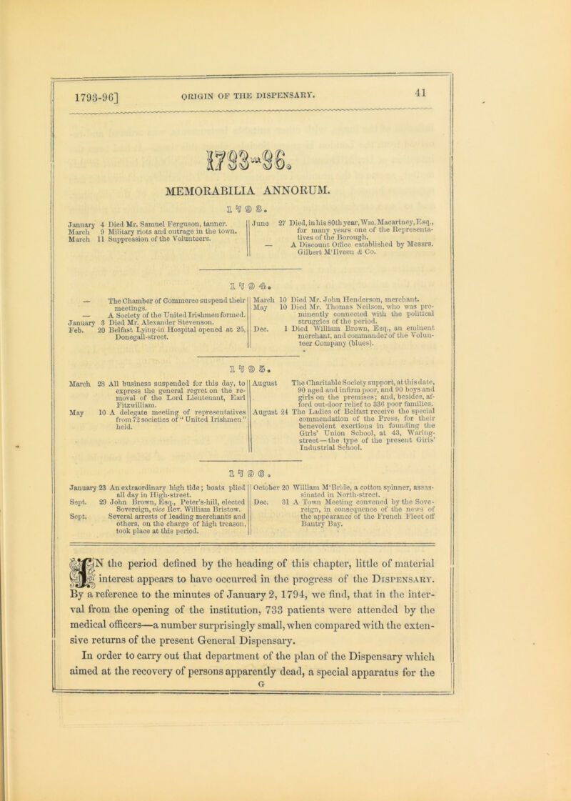 MEMORABILIA ANNORUM. 2. ^ January 4 Died Mr. Samuel Ferguson, tanner. Mai-cli 9 Military riots and outrage in the town. March 11 Suppression of the Volunteers. Juno 27 Died, in his 80 th year, Wm. Macartney, Esq., for many years one of the Representa- tives of the Borough. A Discount Otfice established by Messrs. Gilbert MTlveen & Co. a, — The Chamber of Commerce suspend their meetmgs. — A Society of the United Irishmen fomied. January .3 Died Mr. Alexander Stevenson. Feb. 20 Belfast Lying-in Hospital opened at 25, Donegall-street. March May Dec. 10 Died Mr. John Henderson, merchant. 10 Died Mr. Thomas Neilson, who was pro- minently connected with the political struggles of the period. 1 Died William Brown, Esq., an eminent merchairt, and commander of the Volun- teer Company (blues). March 28 All business suspended for this day, to express the general regi'ct on the re- moval of the Lord Lieutenant, Earl Fitzwilliam. May 10 A delegate meeting of representatives from 72 societies of “ United Iiishmen ” held. E '^ © S a August The Charitable Society support, at this dale, 90 aged and infirm poor, and 90 boys and girls on the premises; and, besides, af- ford out-door relief to 336 poor families. August 24 The Ladies of Belfast receive the special commendation of the Press, for their benevolent exertions in founding the Girls’ Union School, at 43, Waring- street—the type of the present Girls’ Industrial School. a® January 23 An extraordinary high tide; boats plied all day in High-street. Sept. 29 John Brown, Esq., Peter’s-hill, elected Sovereign, vice Rev. William Bristow. Sept. Several arrests of leading merchants and others, on the charge of high treason, took place at this period. October 20 William M’Bride, a cotton spinner, assas- sinated in North-street. Dec. 31 A Town Meeting convened by the Sove- reign, in consequence of the news of the appearance of the French Fleet otf Banti-y Ba}'. «iN the period defined by the heading of this chapter, little of material I interest appears to have occurred in the progress of the Dispensary. By a reference to the minutes of January 2, 1794, we find, that in the inter- val from the opening of the institution, 733 patients were attended by the medical officers—a number surprisingly small, when compared with the exten- sive returns of the present General Dispensary. In order to carry out that department of the plan of the Dispensary which aimed at the recovery of persons apparently dead, a special apparatus for the G