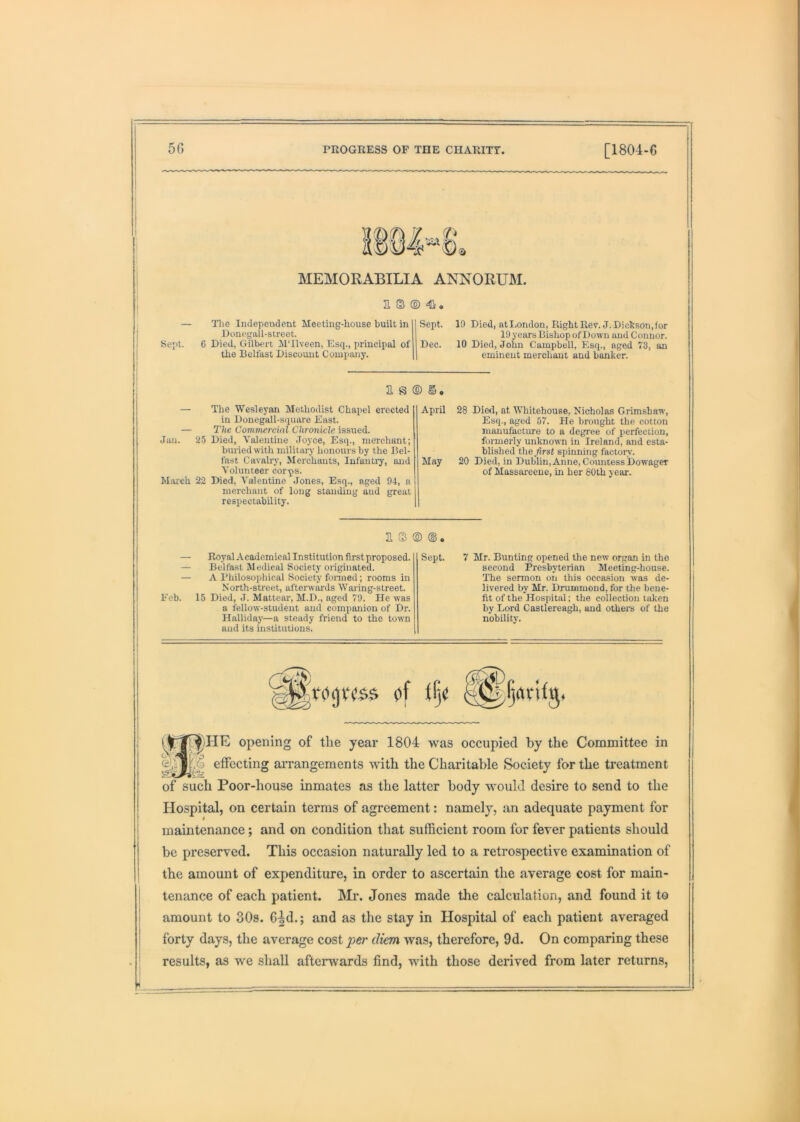 Sept. IBOI-8. MEMORABILIA ANNORUM. a s ® -s* The Independent Meeting-house built in Donegall-street. 6 Died, Gilbert MTlveen, Esq., principal of the Belfast Discount Company. Sept. Dec. — The Wesleyan Methodist Chapel erected in Donegall-square East. — The Commercial Chronicle issued. Jan. 25 Died, Valentine Joyce, Esq., merchant; buried with military honours by the Bel- fast Cavalry, Merchants, Infauti'y, and Volunteer corps. MiU'ch 22 Died, Valentine Jones, Esq., aged 04, a merchant of long standing and great respectability. May a s ® Ecb. Royal Academical Institution first proposed. Belfast Medical Society originated. A I’hilosopliical Society formed; rooms in North-street, aftenvards Waring-street. 15 Died, J. Mattear, M.D., aged 79. He was a fellow-student and companion of Dr. Halliday—a steady friend to the town and its institutions. Sept. 19 Died, atLondon, Right Rev. J.Dichson,for 19 years Bishop of Down and Connor. 10 Died, John Campbell, Esq., aged 73, an eminent merchant and banker. U S ® April 28 Died, at Whitehouse, Nicholas Grimshaw, Esq., aged 57. He brought the cotton manufacture to a degree of perfection, fonnerly unknown in Ireland, and esta- blished the first spinning factory. 20 Died, in Dub'lin,Anne, Countess Dowager of Massareeue, in her 80th year. Mr. Bunting opened the new organ in the second Presbyterian Meeting-house. The sermon on this oceasion was de- livered by Mr. Drummond, for the bene- fit of the Hospital; the collection taken by Lord Castlereagh, and others of the nobility. opening of the year 1804 was occupied by the Committee in effecting aiTangements with the Charitable Society for the treatment of such Poor-house inmates as the latter body would desire to send to the Hospital, on certain terms of agreement: namely, an adequate payment for maintenance; and on condition that sufficient room for fever patients should be preserved. This occasion naturally led to a retrospective examination of the amount of expenditure, in order to ascertain the average cost for main- tenance of each patient. Mr. Jones made the calculation, and found it to amount to 30s. 6|d.; and as the stay in Hospital of each patient averaged forty days, the average cost per diem was, therefore, 9d. On comparing these results, as w'e shall afterwards find, with those derived from later returns,