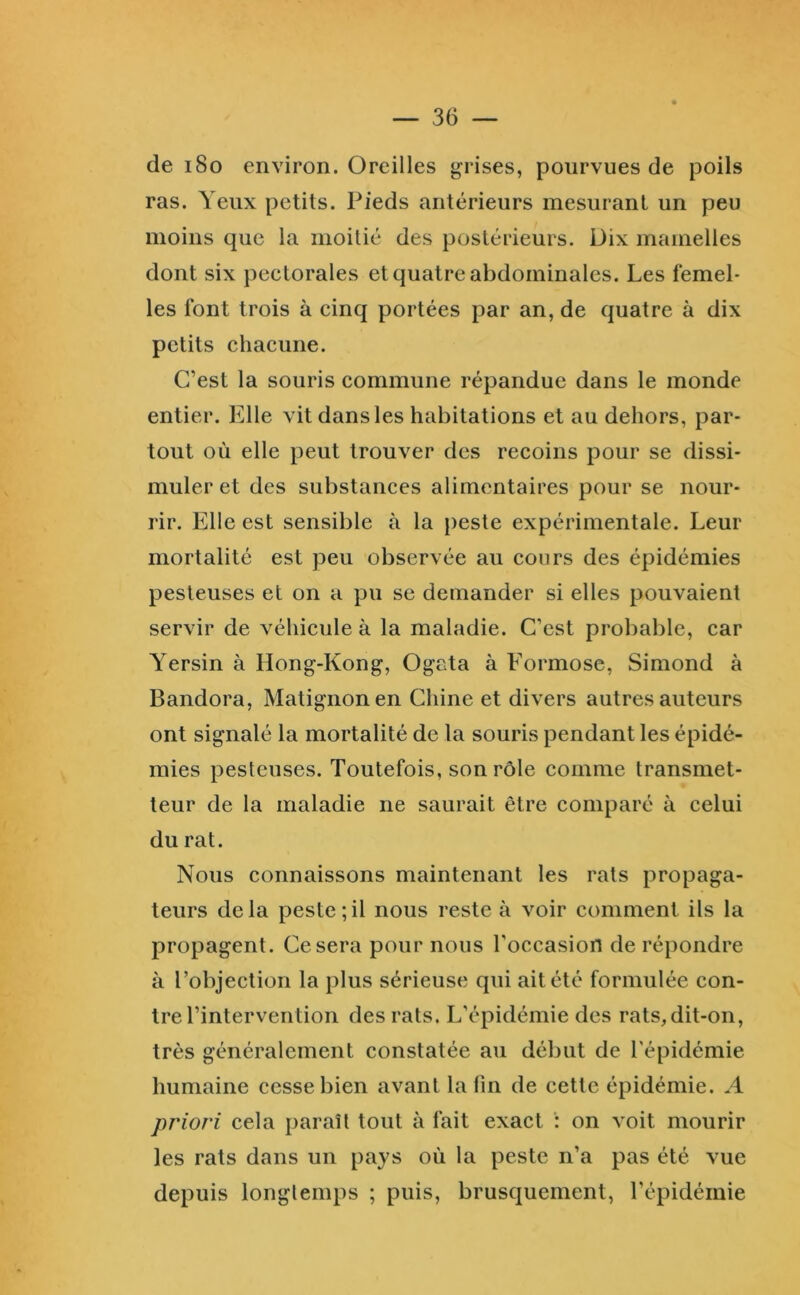 de i8o environ. Oreilles prises, pourvues de poils ras. Yeux petits. Pieds antérieurs mesurant un peu moins que la moilié des postérieurs. Dix mamelles dont six pectorales et quatre abdominales. Les femel- les font trois à cinq portées par an, de quatre à dix petits chacune. C’est la souris commune répandue dans le monde entier. Elle vit dans les habitations et au dehors, par- tout où elle peut trouver des recoins pour se dissi- muler et des substances alimentaires pour se nour- rir. Elle est sensible à la peste expérimentale. Leur mortalité est peu observée au cours des épidémies pesteuses et on a pu se demander si elles pouvaient servir de véhicule à la maladie. C’est probable, car Yersin à Hong-Kong, Ogata à Eormose, Simond à Bandora, Matignon en Chine et divers autres auteurs ont signalé la mortalité de la souris pendant les épidé- mies pesteuses. Toutefois, son rôle comme transmet- teur de la maladie ne saurait être comparé à celui du rat. Nous connaissons maintenant les rats propaga- teurs de la peste ; il nous reste à voir comment ils la propagent. Ce sera pour nous l’occasion de répondre à l’objection la plus sérieuse qui ait été formulée con- tre l’intervention des rats. L’épidémie des rats,dit-on, très généralement constatée au début de l'épidémie humaine cesse bien avant la fin de cette épidémie. A priori cela paraît tout à fait exact : on voit mourir les rats dans un pays où la peste n’a pas été vue depuis longtemps ; puis, brusquement, l’épidémie