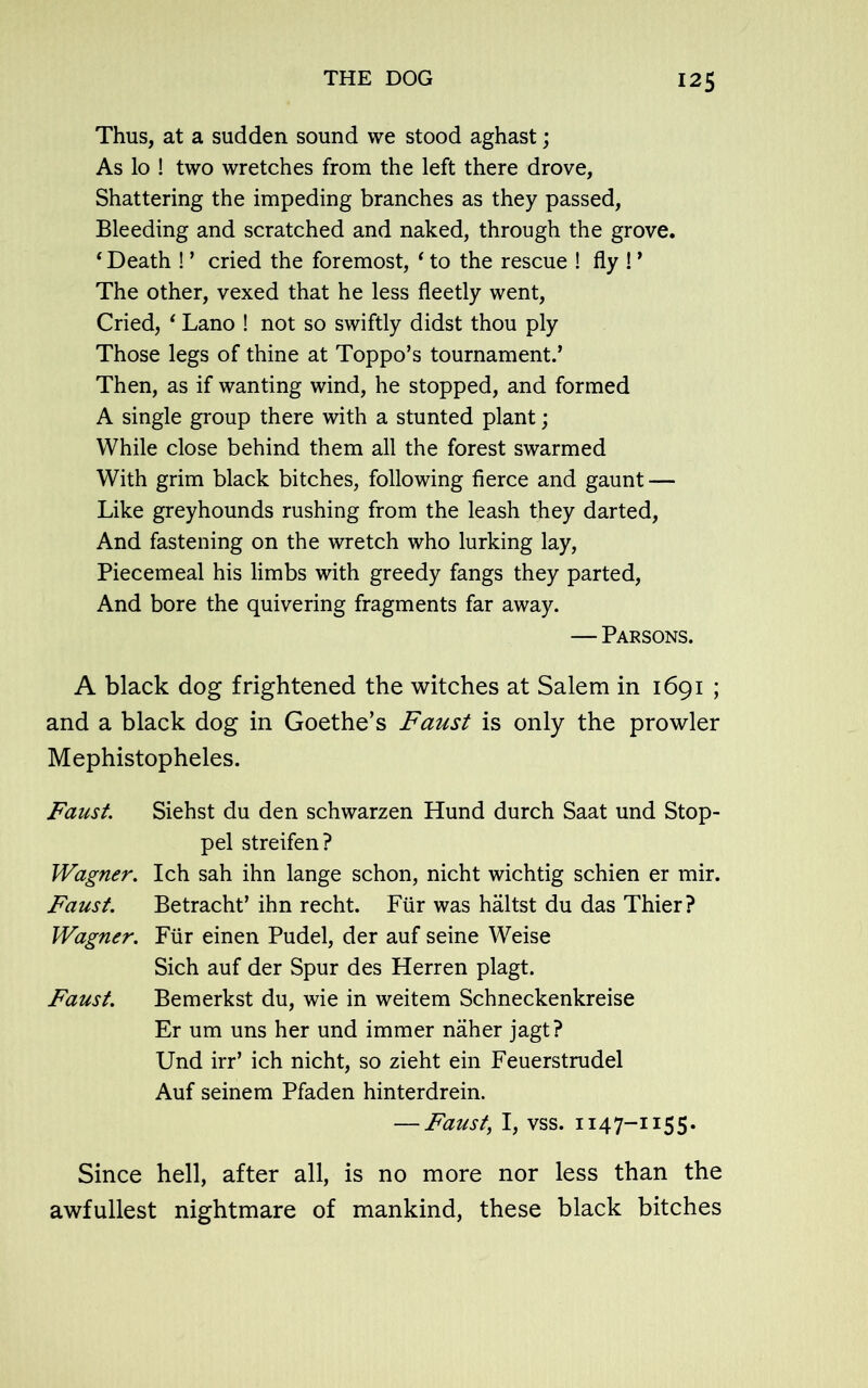 Thus, at a sudden sound vve stood aghast; As lo ! two wretches from the left there drove, Shattering the impeding branches as they passed, Bleeding and scratched and naked, through the grove. ‘ Death ! ’ cried the foremost, ‘ to the rescue ! fly ! * The other, vexed that he less fleetly went, Cried, ‘ Lano ! not so swiftly didst thou ply Those legs of thine at Toppo’s tournament.’ Then, as if wanting wind, he stopped, and formed A single group there with a stunted plant; While close behind them all the forest swarmed With grim black bitches, following fierce and gaunt — Like greyhounds rushing from the leash they darted, And fastening on the wretch who lurking lay, Piecemeal his limbs with greedy fangs they parted, And bore the quivering fragments far away. — Parsons. A black dog frightened the witches at Salem in 1691 ; and a black dog in Goethe’s Faust is only the prowler Mephistopheles. Faust. Siehst du den schwarzen Hund durch Saat und Stop- pel streifen? Wagner. Ich sah ihn lange schon, nicht wichtig schien er mir. Faust. Betracht’ ihn recht. Fur was haltst du das Thier? Wagner. Fur einen Pudel, der auf seine Weise Sich auf der Spur des Herren plagt. Faust. Bemerkst du, wie in weitem Schneckenkreise Er um uns her und immer naher jagt? Und irr’ ich nicht, so zieht ein Feuerstrudel Auf seinem Pfaden hinterdrein. — Faust, I, vss. 1147-1155. Since hell, after all, is no more nor less than the awfullest nightmare of mankind, these black bitches