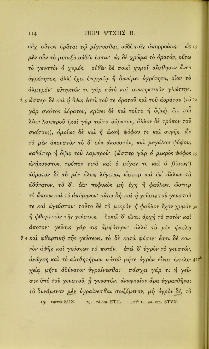 ΠΕΡΙ ΨΤΧΗ2 Β. ούχ όντως όράται τω μίγνυσθαι, ούδε ταΐς άπορροίαις. ως 15 μεν ούν το μεταξύ ούθεν εστιν' ως δε χρώμα το ορατόν, οντω τό γενστόν δ χυμός. ούθεν δε ποιεί χυμόν αισθησιν ανεν ύγρότητος, άλλ’ εχει ενεργεία η δυνάμει υγρότητα, οίον τό αλμυρόν εύτηκτόν τε γάρ αυτό και συντηκτικόν γλωττης. § 3 ώσπερ δε και η όψις εστί τού τε ορατού καί τού αοράτου (το *ο γάρ σκότος αόρατον, κρίνει δε καί τούτο η όψις), ετι τον λίαν λαμπρού (καί γάρ τούτο αόρατον, άλλον δε τρόπον τού σκότους), ομοίως δε καί η άκοη ψόφον τε καί σιγής, ών τό μεν ακουστόν τό δ’ ονκ ακουστόν, καί μεγάλου ψόφου, καθάπερ η όψις τού λαμπρού’ (ώσπερ γάρ ό μικρός ψόφος 25 ανήκουστος, τρόπον τινά καί ό μεγας τε καί ό βίαιος) αόρατον δό τδ μεν όλως λεγεται, ώσπερ καί επ' άλλων τδ αδύνατον, τό δ’, εάν πεφυκός μη εχη η φανλως, ώσπερ τό άπουν καί τό άπνρηνον’ ούτω δη καί η γεύσις τού γευστού τε καί άγευστου' τούτο δε τδ μικρόν η φαύλον όχον χυμόν 3° η φθαρτικόν της γεύσεως. δοκεΐ δ’ είναι άρχη τό ποτόν καί άποτον' γεύσις γάρ τις άμφότερα’ αλλά τό μεν φαύλη § 4 καί φθαρτικη της γεύσεως, τό δε κατά φύσιν' εστι δε κοι- νόν άφης καί γεύσεως τό ποτόν. επεί δ’ υγρόν τό γενστόν, ανάγκη καί τό αισθητήριον αυτού μήτε υγρόν εΐναι εντελε- 42 χεία μήτε αδύνατον ύγραίνεσθαι’ πάσχει γάρ τι η γεύ- σις υπό τού γευστού, η γενστόν. άναγκαΐον άρα ύγρανθηναι τό δυνάμενον μεν νγραίνεσθαι σωζόμενον, μη υγρόν δε, τό 19· τηκτόν 8υχ. 29· τό οιη. ΕΤυ. 42211 *· καί οηι. δΤΥΧ.