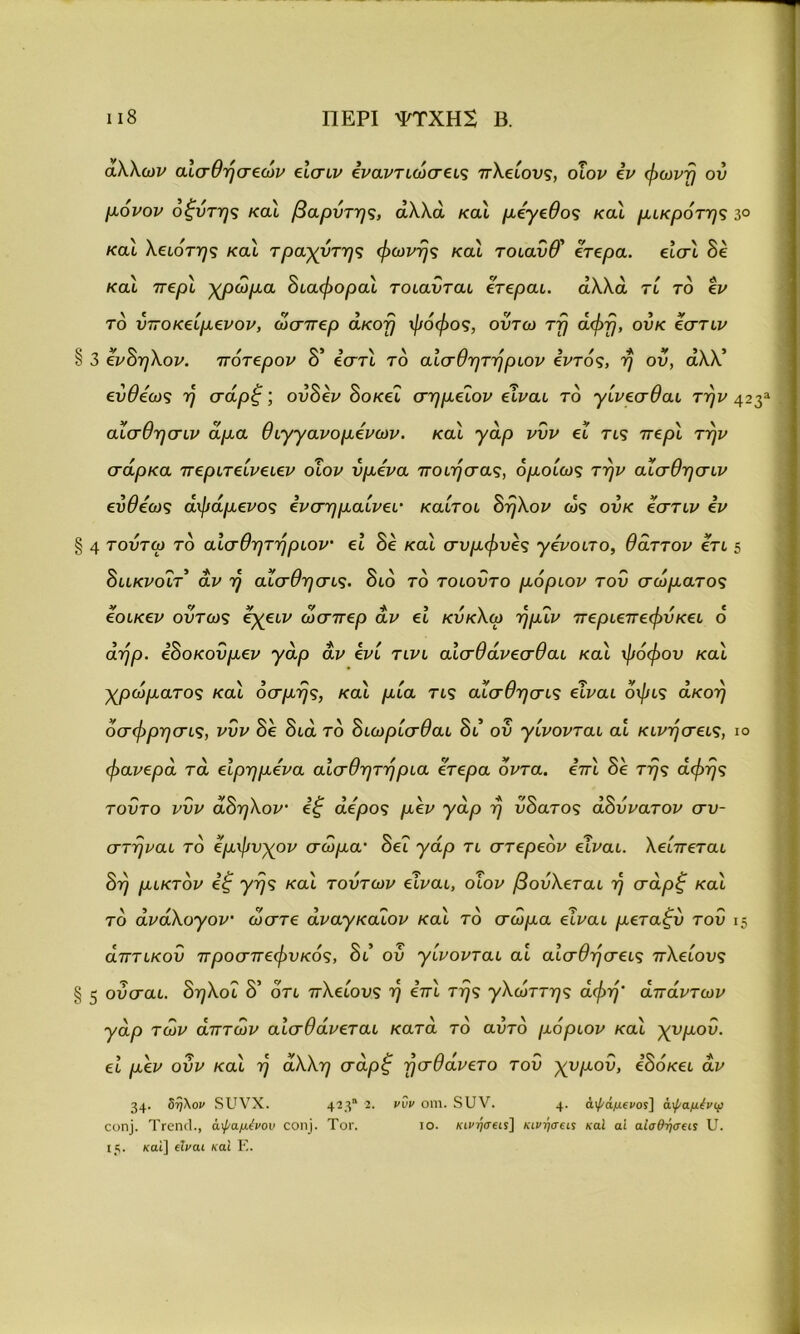 άλλων αισθήσεων είσιν εναντιώσεις πλείους, οΐον εν φωνή ου μόνον οξυτης καί βαρυτης, αλλά και μέγεθος καί μικρότης 3° καί λειότης καί τραχυτης φωνής καί τοιαΰθ' ετερα. είσί δέ καί περί χρώμα διαφοραί τοιαυται έτεραι. αλλά τί τό εν το υποκείμενον, ώσπερ ακοή φόφος, ουτω τή αφή, ουκ εστιν 3 ενοηλον. ποτερον ο €στι το οασυητηρίον εντός, η ου, αλλ ευθέως ή σαρξ; ουδεν δοκεϊ σημέίον είναι τό γίνεσθαι τήν 423* αΐσθησιν άμα θιγγανομένων. καί γάρ νυν εΐ τις περί τήν σάρκα περιτείνειεν οΐον υμένα ποιήσας, ομοίως τήν αΐσθησιν ευθέως άφάμενος ενσημαίνει· καίτοι δήλον ως ουκ εστιν εν 4 τουτω τό αισθητήριον εί δε καί συμφυές γένοιτο, θάττον έτι 5 διικνοΐτ αν ή αίσθησις. διό τό τοιοΰτο μόριον του σώματος έοικεν ούτως έχειν ώσπερ αν εί κύκλω ήμΐν περιεπεφυκει ο αήρ. εδοκοΰμεν γάρ αν ενί τινι αίσθάνεσθαι καί φόφου καί χρώματος καί οσμής, καί μία τις αίσθησις είναι όφις ακοή όσφρησις, νυν δε διά τό διωρίσθαι δι ου γίνονται αί κινήσεις, ίο φανερά τά είρημένα αισθητήρια ετερα όντα, επί δβ τής αφής τούτο νυν άδηλον εξ άέρος μεν γάρ ή ΰδατος αδύνατον συ- στήναι το έμφυχον σώμα· δει γάρ τι στερεόν είναι, λείπεται δή μικτόν εξ γης καί τούτων είναι, οΐον βούλεται ή σάρξ καί τό άνάλογον ώστε άναγκαΐον καί τό σώμα είναι μεταξύ του 15 απτικού προσπεφυκός, δι ου γίνονται αί αισθήσεις πλείους 5 ουσαι. δηλοΐ δ’ ότι πλείους ή επί τής γλωττης άφή' απάντων γάρ των απτών αισθάνεται κατά τό αυτό μόριον καί χυμου. εί μεν οΰν καί ή άλλη σάρξ ήσθάνετο του χυμοΰ, εδόκει άν 34· δήλον δυνΧ. 423“ 2· ν^ν οιη· δΐΐν. 4· άψάμενος] άχ/ζαμένφ οοη], Τΐΐηά., άψαμένον οοη]. Τογ. ιο. κινήσεις] κινήσεις καί αί αισθήσεις II. καί] είναι καί Ε.