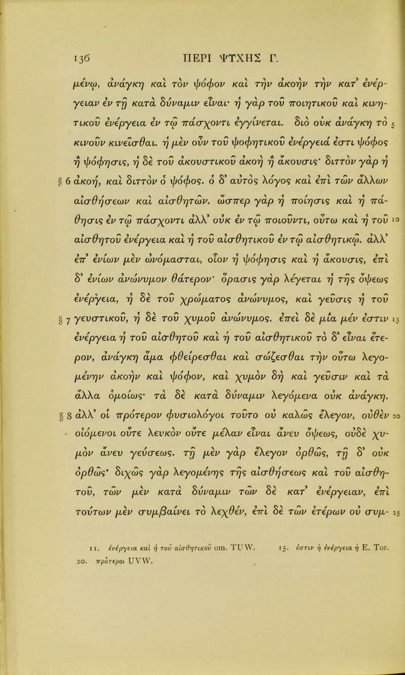 μένω, ανάγκη καί τον ψόφον καί την άκοην την κατ’ ενέρ- γειαν εν τη κατά δνναμιν είναι· η γάρ τον ποιητάκον καί κινη- τικού ενέργεια εν τω πάσχοντι εγγίνεται. διό ονκ ανάγκη τό Κινούν κινέίσθαι. η μεν ονν τον ψοφητικον ενέργεια εστι ψόφος η ψόφησις, η δε τον άκονστικον άκοη η άκονσις' διττόν γάρ η § 6 άκοη, καί διττόν ό ψόφος, ό δ’ αυτός λόγος καί επί των άλλων αισθήσεων καί αισθητών, ώσπερ γάρ η ποίησις καί η πά- θησις εν τω πάσχοντι άλλ’ ονκ εν τω ποιονντι, οντω καί η τον αισθητόν ενέργεια καί η τον αισθητικόν εν τω αισθητικά), άλλ’ επ’ ένίων μεν ωνόμασται, οιον η ψόφησις καί η άκονσις, επί δ’ ένίων άνωννμον θάτερον’ όρασις γάρ λεγεται η της όψεως ενέργεια, η δε τον χρώματος άνωννμος, καί γενσις η τον § 7 γενστικον, η δε τον χνμον άνωννμος. επεί δε μία μέν εστιν ενέργεια η τον αισθητόν καί η τον αισθητικόν τό δ’ είναι έτε- ρον, άνάγκη άμα φθείρεσθαι καί σωζεσθαι την οντω λεγο- μένην άκοην καί ψόφον, καί χνμον δη καί γενσιν καί τά άλλα ομοίως· τά δε κατά δνναμιν λεγάμενα ονκ άνάγκη. § 8 άλλ’ οί πρότερον φνσιολόγοι τοντο ον καλώς έλεγον, ονθέν ο’ιόμενοι οντε λενκόν οντε μέλαν είναι άνεν όψεως, ονδέ χν- μόν άνεν γενσεως. τη μέν γάρ έλεγον όρθως, τη δ’ ονκ όρθως’ δίχως γάρ λεγομένης της αίσθησεως καί τον αισθη- τόν, των μέν κατά δνναμιν των δέ κατ’ ενέργειαν, επί τούτων μεν συμβαίνει το \εχθεν} εττι δβ των ετέρων ού σνμ- 10 11. ένέ/τγαα και ή τού αισθητικοί οηι. Τυ\\Γ. 20. πρ'οτεροι υν\Υ. Ι5· ίστιν ή (νίρ^ΐΐα ή Ε. Τογ.