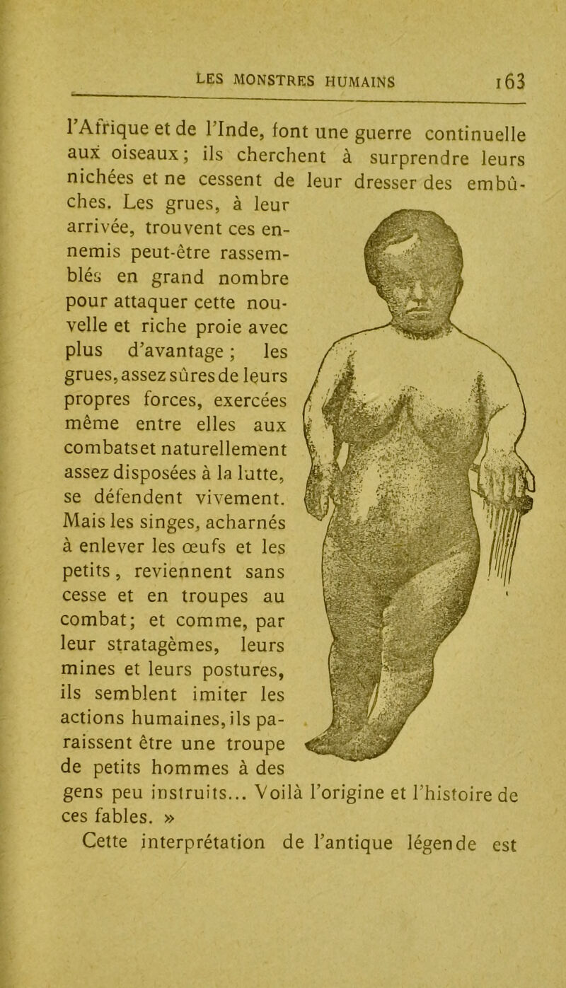 l’Afrique et de l’Inde, font une guerre continuelle aux oiseaux; ils cherchent à surprendre leurs nichées et ne cessent de leur dresser des embû- ches. Les grues, à leur arrivée, trouvent ces en- nemis peut-être rassem- blés en grand nombre pour attaquer cette nou- velle et riche proie avec plus d’avantage ; les grues, assez sûres de leurs propres forces, exercées même entre elles aux combatset naturellement assez disposées à la lutte, se défendent vivement. Mais les singes, acharnés à enlever les œufs et les petits, reviennent sans cesse et en troupes au combat; et comme, par leur stratagèmes, leurs mines et leurs postures, ils semblent imiter les actions humaines, ils pa- raissent être une troupe de petits hommes à des gens peu instruits... Voilà l’origine et l’histoire de ces fables. » Cette interprétation de l’antique légende est