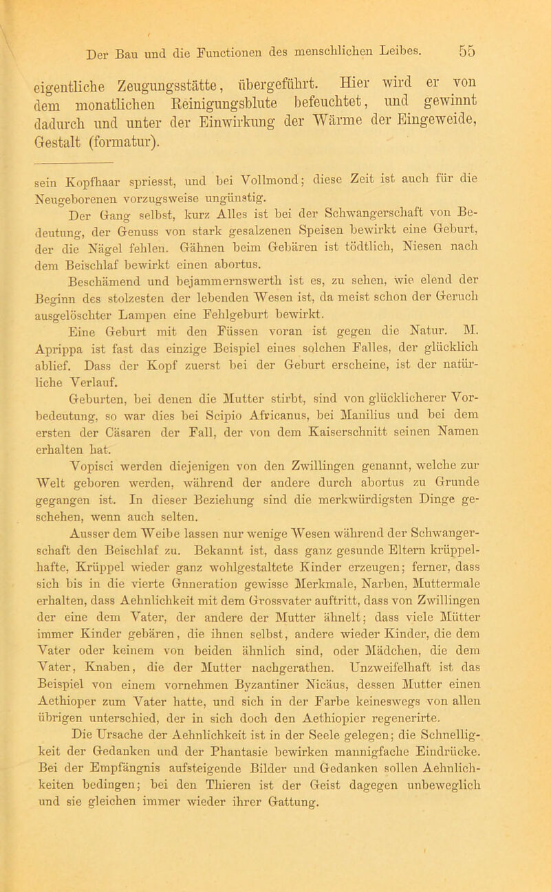 eigentliche Zeugungsstätte, ttbergeführt. Hier wird er von dem monatlichen Reinigimgsblute befeuchtet, und gewinnt dadurch und unter der Einwirkung der Wärme der Eingeweide, Gestalt (formatnr). sein Kojpfhaar spriesst, und bei Vollmond; diese Zeit ist auch für die Neugeborenen vorzugsweise ungünstig. Der G-ang selbst, kurz Alles ist bei der Schwangerschaft von Be- deutung, der Genuss von stark gesalzenen Speisen bewirkt eine Geburt, der die Nägel fehlen. Gähnen beim Gebären ist tödtlich. Niesen nach dem Beischlaf bewirkt einen abortus. Beschämend und bejammernswerth ist es, zu sehen, wie elend der Beginn des stolzesten der lebenden Wesen ist, da meist schon der Geruch ausgelöschter Lampen eine Fehlgeburt bewirkt. Eine Geburt mit den Füssen voran ist gegen die Natur. M. Aprippa ist fast das einzige Beispiel eines solchen Falles, der glücklich ablief. Dass der Kopf zuerst bei der Geburt erscheine, ist der natür- liche Verlauf. Geburten, bei denen die ilutter stirbt, sind von glücklicherer Vor- bedeutung, so war dies bei Scipio Afvicanus, bei Manilius und bei dem ersten der Cäsaren der Fall, der von dem Kaiserschnitt seinen Namen erhalten hat. Vopisci werden diejenigen von den Zwillingen genannt, welche zur Welt geboren werden, während der andere durch abortus zu Grunde gegangen ist. In dieser Beziehung sind die merkwürdigsten Dinge ge- schehen, wenn auch selten. Ausser dem Weibe lassen nur wenige Wesen während der Schwanger- schaft den Beischlaf zu. Bekannt ist, dass ganz gesunde Eltern krüppel- hafte, Krüppel wieder ganz wohlgestaltete Kinder erzeugen; ferner, dass sich bis in die vierte Gnneration gewisse Merkmale, Narben, Muttermale erhalten, dass Aehnlichkeit mit dem Grossvater auftritt, dass von Zwillingen der eine dem Vater, der andere der Mutter ähnelt; dass viele Mütter immer Kinder gebären, die ihnen selbst, andere wieder Kinder, die dem Vater oder keinem von beiden ähnlich sind, oder Mädchen, die dem Vater, Knaben, die der Mutter nachgerathen. Unzweifelhaft ist das Beispiel von einem vornehmen Byzantiner Nicäus, dessen Mutter einen Aethioper zum Vater hatte, und sich in der Farbe keineswegs von allen übrigen unterschied, der in sich doch den Aethiopier regenerirte. Die Ursache der Aehnlichkeit ist in der Seele gelegen; die Schnellig- keit der Gedanken und der Phantasie bewirken mannigfache Eindrücke. Bei der Empfängnis aufsteigende Bilder und Gedanken sollen Aehnlich- keiten bedingen; bei den Thieren ist der Geist dagegen unbeweglich und sie gleichen immer \vieder ihrer Gattung.