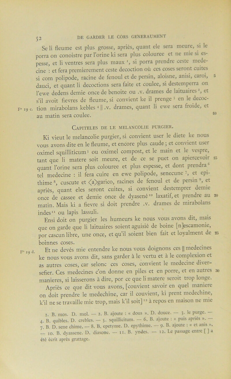 Sc li fleume est plus grosse, apriès, quant ele sera meure, si le porra on conoistre par l’orine kl sera plus colouree et ne mie si es- pesse, et li ventres sera plus maux ‘, si porra prendre ceste méde- cine : et fera premièrement ceste décoction où ces coses seront cuites si com polipode, racine de fenoul et de persin, aloisne, anisi, caroi, 5 dauci, et quant li décoctions sera faite et coulee, si destemperra on l’ewe dedens demie once de benoite ou .v. drames de laituaires*, et s’il avoit fievres de fleume, si convient ke il prenge 5 en le decoc- F» 19 c. tion mirabolans kebles ■* H .v. drames, quant li ewe sera froide, et au matin sera coulee. CaPITELES de le MELANCOLIE PURGIER. Ki vieut le mélancolie purgier, si convient user le dicte ke nous vous avons dite en le fleume, et encore plus caude ; et convient user oximel squilliticum^ ou oximel compost, et le main et le \espre, tant que li matere soit meure, et de ce se puet on apiercevoir is quant l’orine sera plus colouree et plus espesse, et dont prendra * tel medecine ; il fera cuire en ewe polipode, senecune s et epi- thime ^ cuscute et <a>garico, racines de fenoul et de persin et apriès, quant des seront cuites, si convient destemprer demie once de cassee et demie once de dyasené laxatif, et prendre au » matin. Mais ki a fievre si doit prendre .v. drames de mirabolans indes” ou lapis lassuli. Ensi doit on purgier les humeurs ke nous vous avons dit, mais que on garde que li laituaires soient aguisié de boine [njescamonie, por cascun libre, une once, et qu’il soient bien fait et loyalment de 20 boinnes coses. po (J Et ne devés mie entendre ke nous vous doignons ces |1 médecines ke nous vous avons dit, sans garder à le vertu et à le complexion et as autres coses, car selonc ces coses, convient le medecine di\er- sefier. Ces médecines c’on donne en piles et en porre, et en autres .io maniérés, si laisserons à dire, por ce que li matere seroit trop longe. Apriès ce que dit vous avons, [convient savoir en quel maniéré on doit prendre le medechine, car il convient, ki prent medechine, k’il ne se travaille mie trop, mais k’il soit] à repos en maison ne mie I. B. mos. D. mol. — 2. B. ajoute : « dons ». D. douce. — 5. le purge. — 4. B. quibles. D. crebles. — 5. squillicitum. — 6. B. ajoute : « puis apriès ». — 7. B. D. sene chime. — 8. B. epetyme. D. epythime. — 9. B. ajoute ; « et anis ». — 10. B. dyasseue. D. diasone. — 11. B. yndes. — 12. Le passage entre [ ] a été écrit après grattage.