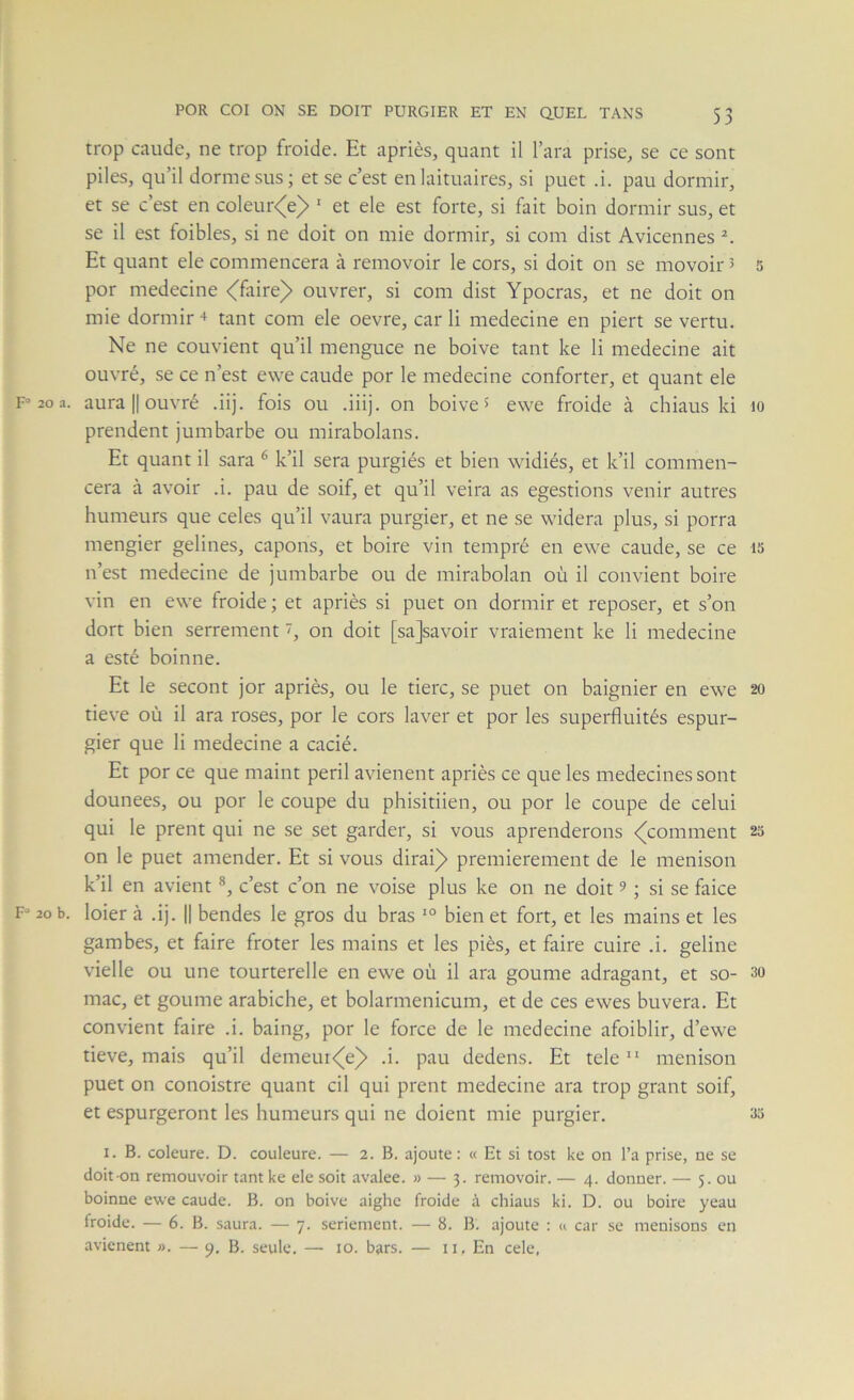 trop caude, ne trop froide. Et apriès, quant il l’ara prise, se ce sont piles, qu’il dorme sus; et se c’est en laituaires, si puet .i. pau dormir, et se c’est en coleur<e)> ‘ et ele est forte, si fait boin dormir sus, et se il est foibles, si ne doit on mie dormir, si com dist Avicennes Et quant ele commencera à removoir le cors, si doit on se movoir 3 5 por medecine <'fltire)> ouvrer, si com dist Ypocras, et ne doit on mie dormir + tant com ele oevre, car li medecine en piert se vertu. Ne ne convient qu’il menguce ne boive tant ke li medecine ait ouvré, se ce n’est ewe caude por le medecine conforter, et quant ele F° 20 a. aura II ouvré .iij. fois ou .iiij. on boive 5 ewe froide à chiaus ki lo prendent jumbarbe ou mirabolans. Et quant il sara ^ k’il sera purgiés et bien widiés, et k’il commen- cera à avoir .i. pau de soif, et qu’il veira as egestions venir autres humeurs que celes qu’il vaura purgier, et ne se widera plus, si porra mengier gelines, capons, et boire vin tempré en ewe caude, se ce is n’est medecine de jumbarbe ou de mirabolan où il convient boire vin en ewe froide ; et apriès si puet on dormir et reposer, et s’on dort bien serrement î, on doit [sajsavoir vraiement ke li medecine a esté boinne. Et le secont jor apriès, ou le tierc, se puet on baignier en ewe 20 tieve où il ara roses, por le cors laver et por les superfluités espur- gier que li medecine a cacié. Et por ce que maint péril avienent apriès ce que les médecines sont dounees, ou por le coupe du phisitiien, ou por le coupe de celui qui le prent qui ne se set garder, si vous aprenderons -^comment 23 on le puet amender. Et si vous dirai)» premièrement de le menison k’il en avient *, c’est c’on ne voise plus ke on ne doit ? ; si se faice F-20 b. loier à .ij. || bendes le gros du bras bien et fort, et les mains et les gambes, et faire froter les mains et les piès, et faire cuire .i. geline vielle ou une tourterelle en ewe où il ara goume adragant, et so- 30 mac, et goume arabiche, et bolarmenicum, et de ces ewes buvera. Et convient faire .i. baing, por le force de le medecine afoiblir, d’ewe tieve, mais qu’il demeui<^e^ .i. pau dedens. Et tele  menison puet on conoistre quant cil qui prent medecine ara trop grant soif, et espurgeront les humeurs qui ne doient mie purgier. 33 I. B. coleure. D. couleure. — 2. B. ajoute: « Et si tost ke on l’a prise, ne se doit on remouvoir tant ke ele soit avalee. » — 3. removoir. — 4. donner. — 5. ou boinne ewe caude. B. on boive aighc froide à chiaus ki. D. ou boire yeau froide. — 6. B. saura. — 7. seriement. — 8. B. ajoute : « car se menisons en avienent ». — 9. B. seule. — 10. bars. — ii. En cele,