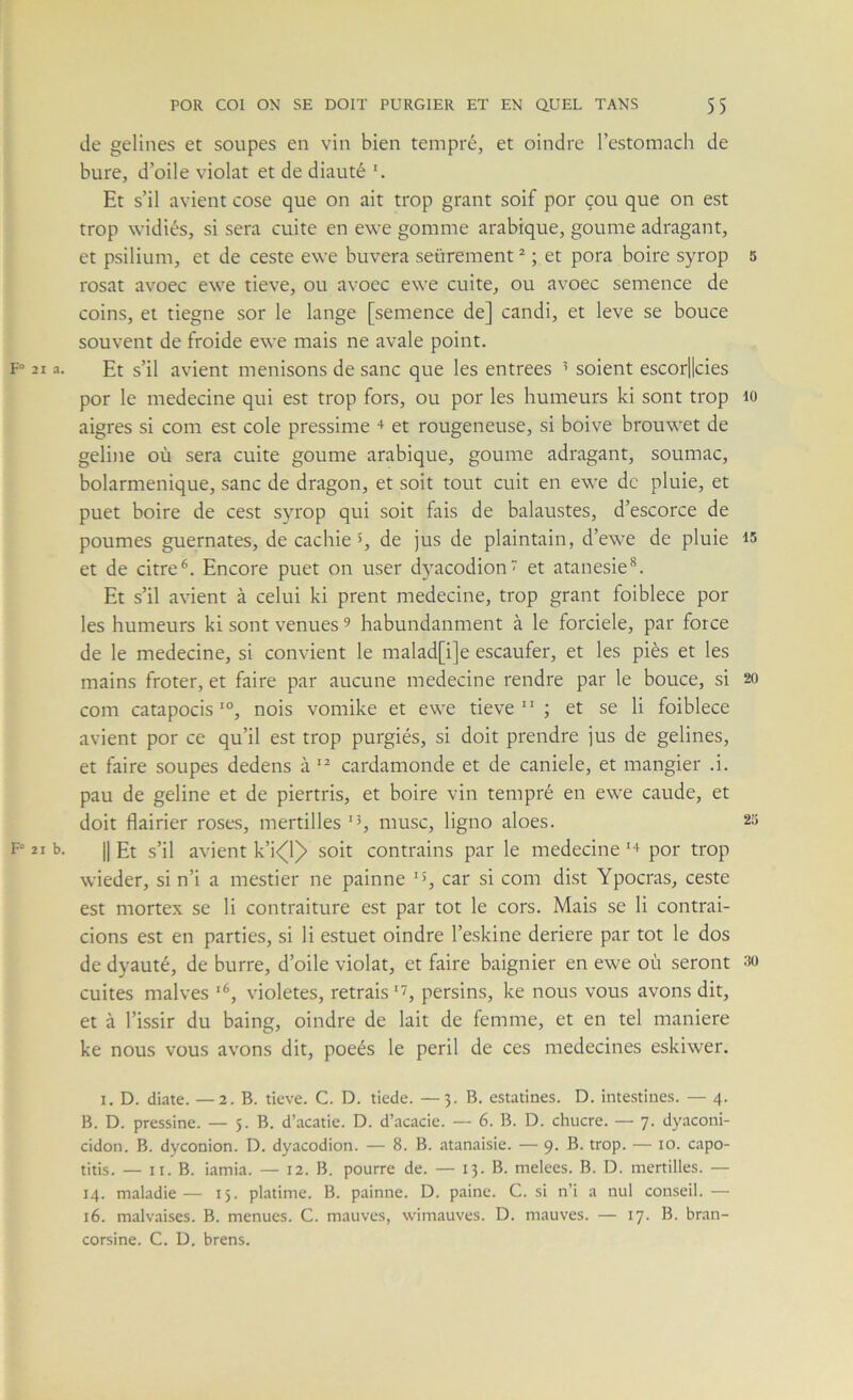 de gelines et soupes en vin bien tempré, et oindre l’estomach de bure, d’oile violât et de diauté Et s’il avient cose que on ait trop grant soif por çou que on est trop widiés, si sera cuite en ewe gomme arabique, goume adragant, et psilium, et de ceste ewe buvera seürement ^ ; et pora boire syrop 5 rosat avoec ewe tieve, ou avoec ewe cuite, ou avoec semence de coins, et tiegne sor le lange [semence de] candi, et leve se bouce souvent de froide ewe mais ne avale point. F» 21 a. Et s’il avient menisons de sanc que les entrées ’ soient escorllcies por le medecine qui est trop fors, ou por les humeurs ki sont trop lo aigres si com est cole pressinie + et rougeneuse, si boive brouwet de geline où sera cuite goume arabique, goume adragant, soumac, bolarmenique, sanc de dragon, et soit tout cuit en ewe de pluie, et puet boire de cest syrop qui soit fais de balaustes, d’escorce de poumes guernates, de cachie 5, de jus de plaintain, d’ewe de pluie is et de citre^. Encore puet on user dyacodion et atanesie^. Et s’il avient à celui ki prent medecine, trop grant foiblece por les humeurs ki sont venues ^ habundanment à le forciele, par force de le medecine, si convient le malad[i]e escaufer, et les piès et les mains froter, et faire par aucune medecine rendre par le bouce, si 20 com catapocisnois vomike et ewe tieve” ; et se li foiblece avient por ce qu’il est trop purgiés, si doit prendre jus de gelines, et faire soupes dedens à ” cardamonde et de caniele, et mangier .i. pau de geline et de piertris, et boire vin tempré en ewe caude, et doit flairier roses, mertilles ’h musc, ligno aloes. 2ü F' 21 b. Il Et s’il avient k’i<(l)> soit contrains par le medecine '+ por trop wieder, si n’i a mestier ne painne car si com dist Ypocras, ceste est mortex se li contraiture est par tôt le cors. Mais se li contrai- cions est en parties, si li estuet oindre l’eskine deriere par tôt le dos de dyauté, de burre, d’oile violât, et faire baignier en ewe où seront 3ü cuites malves violetes, retrais ‘7, persins, ke nous vous avons dit, et à l’issir du baing, oindre de lait de femme, et en tel maniéré ke nous vous avons dit, poeés le péril de ces médecines eskiwer. I. D. diate. —2. B. tieve. C. D. tiede. —3. B. estatines. D. intestines. — 4. B. D. pressine. — 5. B. d’acatie. D. d’acacie. — 6. B. D. chucre. — 7. dyaconi- cidon. B. dyconion. D. dyacodion. — 8. B. atanaisie. — 9- trop- — 10. capo- titis. — II. B. iamia. — 12. B. pourre de. — 13. B. melees. B. D. mertilles. — 14. maladie — 15. platime. B. painne. D. paine. C. si n’i a nul conseil. — 16. malvaises. B. menues. C. mauves, wimauves. D. mauves. — 17. B. bran- corsine. C. D. brens.