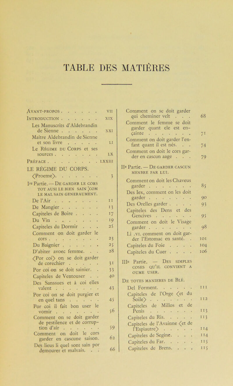 TABLE DES MATIERES Avant-propos vu Introduction xix Les Manuscrits d’Aldebrandin de Sienne xxi Maître Aldebrandin de Sienne et son livre li Le Régime du Corps et ses sources lx Préface lxxiii LE RÉGIME DU CORPS. <^Proeme)> 3 pe Partie. — De garder le cors TOT AUSI LE BIEN SAIN |COM LE MALSAIN GENER.AUMENT. De l’Air 11 De Mangier 13 Capiteles de Boire .... 17 Du Vin 19 Capiteles du Dormir ... 2$ Comment on doit garder le cors 23 Du Baignier 25 D’abiter avoec femme. . . 28 <(Por coi)> on se doit garder de corechier 3 ^ Por coi on se doit sainier. . 33 Capiteles de Ventouser . . 40 Des Sanssucs et à coi elles valent 43 Por coi on se doit purgier et en quel tans 45 Por coi il fait bon user le vomir 5^ Comment on se doit garder de pestilence et de corrup- tion d’air 59 Comment on doit le cors garder en cascune saison. Des lieus li quel sont sain por demourer et malvais. . . Comment on se doit garder qui cheminer velt . . . 68 Comment le femme se doit garder quant ele est en- çainte 71 Comment on doit garder l’en- fant quant il est nés. . . 74 Comment on doit le cors gar- der en cascun aage . . . 79 IP Partie. — De garder cascun MENBRE PAR LUI. Comment on doit les Chaveus garder 85 Des lex, comment on les doit garder 90 Des Orelles garder .... 93 Capiteles des Dens et des Gencives 95 Comment on doit le Visage garder 98 Li .VI. comment on doit gar- der l’Estomac en santé. . lOI Capiteles du Foie .... 104 Capiteles du Cuer .... 106 IIP Partie. — Des simples cosES qu’il convient a OUME USER. De TOTES MANIERES DE BLÉ. Del Forment I I 1 Capiteles de l’Orge <et du Soile> 112 Capiteles de Millos et de Pénis 113 Capiteles du Ris 113 Capiteles de TAvainne <et de l’Espiautre^ 114 Capiteles de Seginc. . . . 114 Capiteles du Far 115 Capiteles de Brens. . . . 115