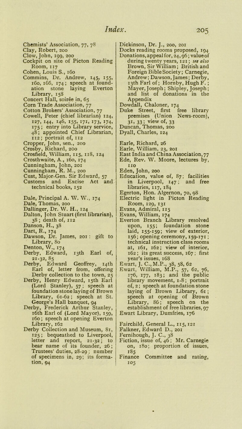 Chemists’ Association, 77, 7S Clay, Robert, 200 Clow, John, 199, 200 Cockpit on site of Picton Reading Room, 117 Cohen, Louis S., 160 Commins, Dr. Andrew, 145, 155, 160, 166, 174; speech at found- ation stone laying Everton Library, 15S Concert Hall, soiree in, 65 Corn Trade Association, 77 Cotton Brokers' Association, 77 Cowell, Peter (chief librarian) 124, 127, 144, 146, 155, 171, 173, 174, 175 ; entry into Library service, 48; appointed Chief Librarian, 112 ; portrait of, 112 Cropper, John, sen., 200 Crosby, Richard, 200 Crosfield, William, 115, 118, 124 Crosthwaite, A., 160, 174 Cunningham, John, 201 Cunningham, R. M., 200 Cust, Major-Gen. Sir Edward, 57 Customs and Excise Act and technical books, 152 Dale, Principal A. W. W., 174 Dale, Thomas, 200 Dallinger, Dr. W. H., 124 Dalton, John Stuart (first librarian), 38 ; death of, 112 Danson, H., 38 Dart, R., 174 Dawson, Dr. James, 201 : gift to Library, 80 Denton, W., 174 Derby, Edward, 13th Earl of, 21-32, 85 Derby, Edward Geoffrey, 14th Earl of, letter from, offering Derby collection to the town, 25 Derby, Henry Edward, 15th Earl (Lord Stanley), 57; speech at foundation stone laying of Brown Library, 61-62; speech at St. George’s Hall banquet, 94 Derby, Frederick Arthur Stanley, 16th Earl of (Lord Mayor), 159, 160; speech at opening Everton Library, 162 Derby Collection and Museum, Si, 125; bequeathed to Liverpool, letter and report, 21-32; to bear name of its founder, 26 ; Trustees’ duties, 28-29 ; number of specimens in, 29; its forma- tion, 94 Dickinson, Dr. J., 200, 201 Docks reading rooms proposed, 194 Donations, appeal for, 24,96; value of during twenty years, 121; see also Brown, Sir William; British and Foreign Bible Society; Carnegie, Andrew; Dawson,James; Derby, 13th Farl of; Hornby, Hugh F. ; Mayer, Joseph; Shipley, Joseph; and list of donations in the Appendix Dowdall, Chaloner, 174 Duke Street, first free library- premises (Union News-room), 31, 33 ; view of, 33 Duncan, Thomas, 200 Dyall, Charles, 124 Earle, Richard, 26 Earle, William, 23, 201 East India and China Association, 77 Ede, Rev. W. Moore, lectures by, no Eden, John, 200 Education, value of, 87; facilities in Liverpool, 147 ; and free libraries, 117, 184 Egerton, Hon. Algernon, 70, 98 Electric light in Picton Reading Room, 129, 131 Evans, Admiral, 115 Evans, William, 174 Everton Branch Library resolved upon, 155; foundation stone laid, 155-159; view of exterior, 156; opening ceremony, 159-171; technical instruction class rooms at, 161, 162; view of interior, 162 ; its great success, 167 ; first year’s issues, 168 Ewart, J. C., M.P., 38, 58, 62 Ewart, William, M.P., 57, 62, 76, 176, 177, 183; and the public library movement, 1-8; portrait of, 2; speech at foundation stone laying of Brown Library, 61; speech at opening of Brown Library, 86; speech on the establishment of free libraries, 97 Ewart Library, Dumfries, 176 Fairchild, General L., 115,121 Falkner, Edward D., 201 Fernihough, J. C., 38 Fiction, issue of, 46 ; Mr. Carnegie on, 180; proportion of issues, 185 Finance Committee and rating, I05