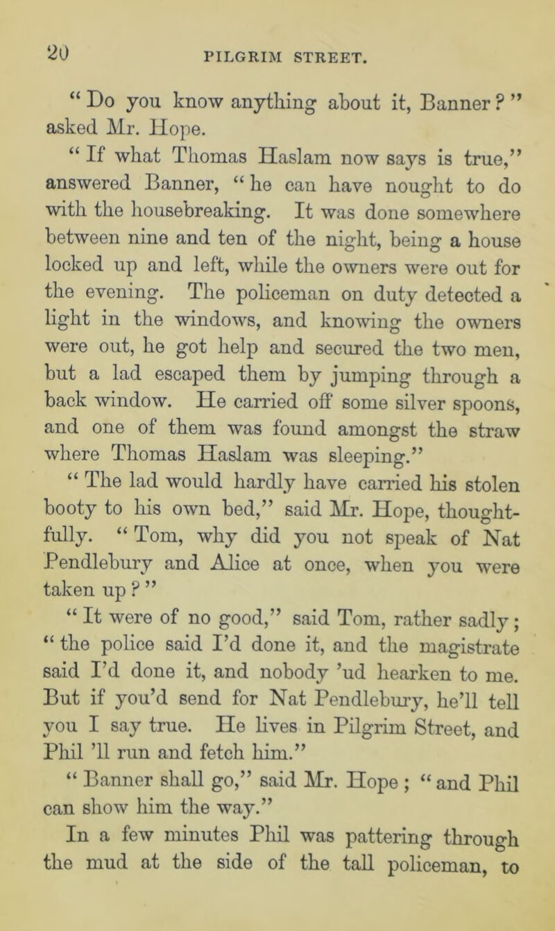 “ E)o you know anything about it, Banner P ” asked Mr. Hope. “ If what Thomas Haslam now says is true,” answered Banner, “ he can have nought to do with the housebreaking. It was done somewhere between nine and ten of the night, being a house locked up and left, while the owners were out for the evening. The policeman on duty detected a light in the windows, and knowing the owners were out, he got help and secured the two men, but a lad escaped them by jumping through a back window. He earned off some silver spoons, and one of them was found amongst the straw where Thomas Haslam was sleeping.” “ The lad would hardly have earned his stolen booty to his own bed,” said Mr. Hope, thought- fully. “ Tom, why did you not speak of Nat Pendlebury and Alice at once, when you were taken up ? ” “ It were of no good,” said Tom, rather sadly; “ the police said I’d done it, and the magistrate said I’d done it, and nobody ’ud hearken to me. But if you’d send for Nat Pendlebury, he’ll tell you I say true. He lives in Pilgrim Street, and Phil ’ll run and fetch him.” “ Banner shall go,” said Mr. Hope ; “ and Phil can show him the way.” In a few minutes Phil was pattering through the mud at the side of the tall policeman, to