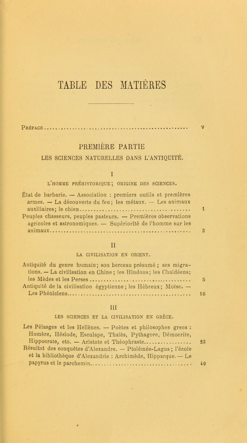 TABLE DES MATIÈRES Préface v PREMIÈRE PARTIE LES SCIENCES NATURELLES DANS L’ANTIQUITÉ. I l’homme préhistorique; origine des sciences. État de barbarie. — Association : premiers outils et premières armes. — La découverte du feu; les métaux. — Les animaux auxiliaires; le chien 1 Peuples chasseurs, peuples pasteurs. — Premières observations agricoles et astronomiques. — Supériorité de l’homme sur les animaux 3 II LA CIVILISATION EN ORIENT. Antiquité du genre humain; son berceau présumé; ses migra- tions.—La civilisation en Chine; les Hindous; les Chaldéens; les Mèdes et les Perses 5 Antiquité de la civilisation égyptienne; les Hébreux; Moïse. — Les Phéniciens 16 III LES SCIENCES ET LA CIVILISATION EN GRÈCE. Les Pélasges et les Hellènes. — Poètes et philosophes grecs : Homère, Hésiode, Esculape, Thalès, Pythagore, Démocrite, Hippocrate, etc. — Aristote et Théophraste 23 Résultat des conquêtes d’Alexandre. — Ptolémée-Lagus ; l’école et la bibliothèque d’Alexandrie : Archimède, Hipparque. — Le papyrus et le parchemin 40