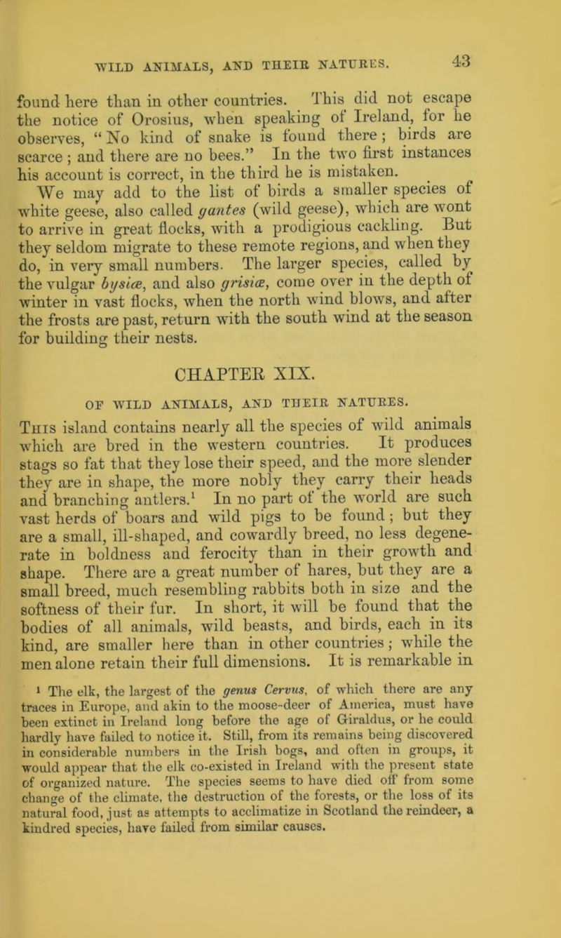 WILD ANIMALS, AND THEIR. NATURES. found here than in other countries. rl his did not escape the notice of Orosius, when speaking of Ireland, fur he observes, “No kind of snake is found there; birds are scarce ; and there are no bees.” In the two first instances his account is correct, in the third he is mistaken. We may add to the list of birds a smaller species of white geese, also called gantes (wild geese), which are wont to arrive in great flocks, with a prodigious cackling. But they seldom migrate to these remote regions, and when they do, in very small numbers. The larger species, called by the vulgar by sice, and also grisice, come over in the depth of winter in vast flocks, when the north wind blow's, and after the frosts are past, return with the south wind at the season for building their nests. CHAPTER XIX. OF WILD ANIMALS, AND THEIR NATURES. Tins island contains nearly all the species of wild animals which are bred in the western countries. It produces stags so fat that they lose their speed, and the more slender they are in shape, the more nobly they carry their heads and branching antlers.1 In no part of the wrorld are such vast herds of boars and wild pigs to be found ; but they are a small, ill-shaped, and cowardly breed, no less degene- rate in boldness and ferocity than in their growth and sbape. There are a great number of hares, but they are a small breed, much resembliug rabbits both in size and the softness of their fur. In short, it will be found that the bodies of all animals, wild beasts, and birds, each in its kind, are smaller here than in other countries; while the men alone retain their full dimensions. It is remarkable in 1 The elk, the largest of the genus Cervus, of which there are any traces in Europe, and akin to the moose-deer of America, must have been extinct in Ireland long before the age of Giraldus, or lie could hardly have failed to notice it. Still, from its remains being discovered in considerable numbers in the Irish hogs, and often in groups, it would appear that the elk co-existed in Ireland with the present state of organized nature. The species seems to have died off from some change of the climate, the destruction of the forests, or the loss of its natural food, just as attempts to acclimatize in Scotland the reindeer, a kindred species, have failed from similar causes.