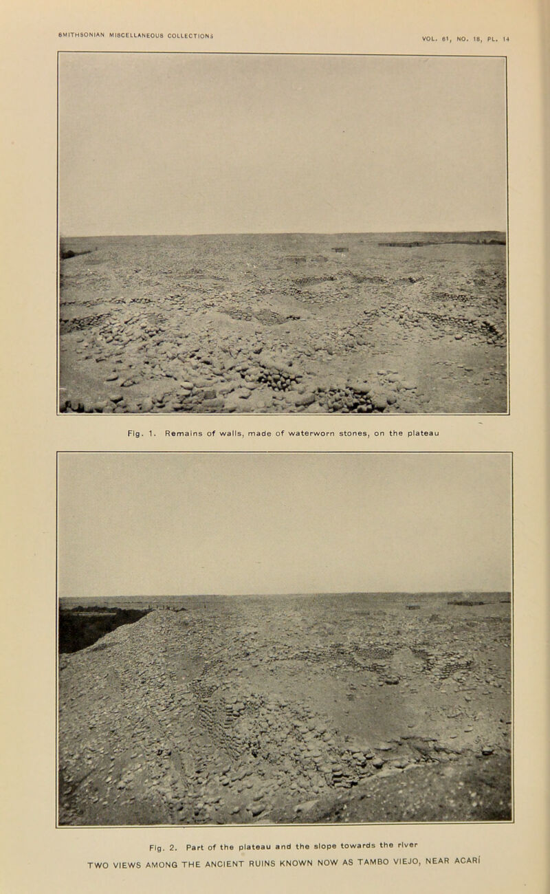 VOL. 61, NO. 18, PL. 14 Fig. 1. Remains of walls, made of waterworn stones, on the plateau Fig. 2. Part of the plateau and the slope towards the river TWO VIEWS AMONG THE ANCIENT RUINS KNOWN NOW AS TAMBO VIEJO, NEAR ACARl'