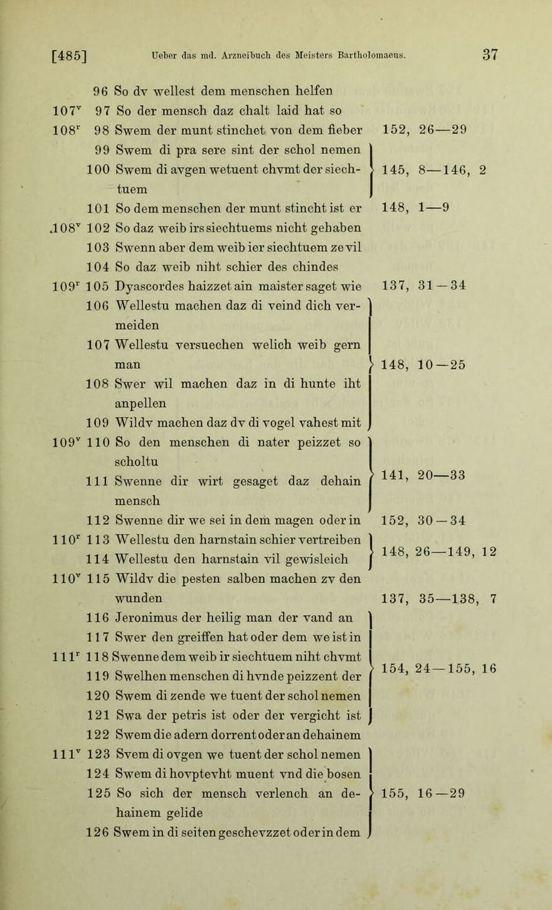 96 So dv wellest dem menschen helfen 107v 97 So der mensch daz chalt laid hat so 1081' 98 Swem der mnnt stinchet von dem fieber 99 Swem di pra sere sint der schol nemen 100 Swem di avgen wetuent chvmt der siech - tuem 101 So dem menschen der mnnt stincht ist er 408v 102 So daz weihirssiechtuems nicht gehaben 103 Swenn aber dem weib ier siechtuem ze vil 104 So daz weib niht schier des chindes 109r 105 Dyascordes haizzetain maister saget wie 106 Wellestu machen daz di veind dich ver- meiden 107 Wellestu versuechen welich weib gern man 108 Swer wil machen daz in di hunte iht anpellen 109 Wildv machen daz dv di vogel vahest mit 109v 110 So den menschen di nater peizzet so scholtu 111 Swenne dir wirt gesaget daz dehain mensch 112 Swenne dir we sei in dem magen oder in 110v 113 Wellestu den harnstain schier vertreiben 1 114 Wellestu den harnstain vil gewisleich J 110v 115 Wildv die pesten salben machen zv den wunden 116 Jeronimus der heilig man der vand an 117 Swer den greiffen hat oder dem we ist in 11 lr 118 Swenne dem weib ir siechtuem niht chvmt 119 Swelhen menschen di hvnde peizzent der 120 Swem dizende we tuent der schol nemen 121 Swa der petris ist oder der vergicht ist 122 Swem die adern dorrentoderandehainem 111T 123 Svem di ovgen we tuent der schol nemen 124 Swem di hovptevht muent vnd die bösen 125 So sich der mensch verlench an de- ■ hainem gelide 152, 26—29 145, 8—146, 2 148, 1—9 137, 31 — 34 148, 10—25 141, 20—33 152, 30-34 148, 26—149, 12 137, 35—138, 7 154, 24—155, 16 155, 16—29 126 Swem in di seiten geschevzzet oder in dem