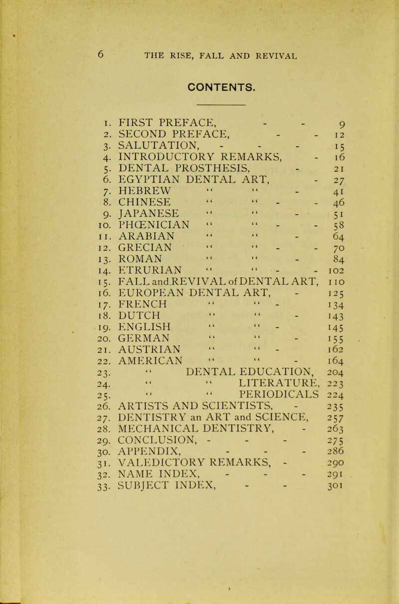 CONTENTS. 1. FIRST PREFACE, - - 9 2. SECOND PREFACE, - - 12 3. SALUTATION, - - - 15 4. INTRODUCTORY REMARKS, - 16 5. DENTAL PROSTHESIS. - 21 6. EGYPTIAN DENTAL ART, - 27 7. HEBREW “ “ - 41 8. CHINESE “ “ 46 9. JAPANESE “ “ - 51 10. PHCENICIAN “ “ 58 11. ARABIAN “ “ - 64 12. GRECIAN “ “ - 70 13. ROMAN “ “ - 84 14. ETRURIAN “ “ - 102 15. FALL and,REVIVAL of DENTAL ART, no 16. EUROPEAN DENTAL ART, - 125 17. FRENCH “ “ - 134 18. DUTCH “ “ - 143 19. ENGLISH “ “ - 145 20. GERMAN “ “ - 155 21. AUSTRIAN “ “ - 162 22. AMERICAN “ “ - 164 23. “ DENTAL EDUCATION, 204 24. “ “ LITERATURE, 223 25. “ “ PERIODICALS 224 26. ARTISTS AND SCIENTISTS, - 235 27. DENTISTRY an ART and SCIENCE, 257 28. MECHANICAL DENTISTRY, - 263 29. CONCLUSION, - 275 30. APPENDIX, - - 286 31. VALEDICTORY REMARKS, - 290 32. NAME INDEX, - - 291 33. SUBJECT INDEX, - - 301