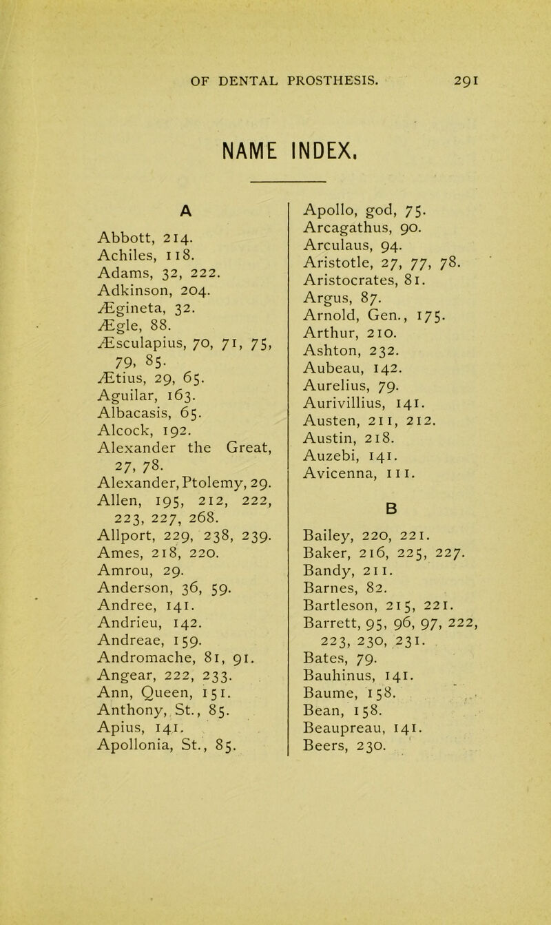 NAME INDEX. A Abbott, 214. Achiles, 118. Adams, 32, 222. Adkinson, 204. yEgineta, 32. .TEgle, 88. yEsculapius, 70, 71, 75, 79. 85. yEtius, 29, 65. Aguilar, 163. Albacasis, 65. Alcock, 192. Alexander the Great, 27, 78- Alexander, Ptolemy, 29. Allen, 195, 212, 222, 223, 227, 268. Allport, 229, 238, 239. Ames, 218, 220. Amrou, 29. Anderson, 36, 59. Andree, 141. Andrieu, 142. Andreae, 159. Andromache, 81, 91. Angear, 222, 233. Ann, Queen, 151. Anthony, St., 85. Apius, 141. Apollonia, St., 85. Apollo, god, 75. Arcagathus, 90. Arculaus, 94. Aristotle, 27, 77, 78. Aristocrates, 81. Argus, 87. Arnold, Gen., 175. Arthur, 210. Ashton, 232. Aubeau, 142. Aurelius, 79. Aurivillius, 141. Austen, 211, 212. Austin, 218. Auzebi, 141. Avicenna, ill. B Bailey, 220, 221. Baker, 216, 225, 227. Bandy, 211. Barnes, 82. Bartleson, 215, 221. Barrett, 95, 96, 97, 222, 223, 230, 231. Bates, 79. Bauhinus, 141. Baume, 158. Bean, 158. Beaupreau, 141. Beers, 230.