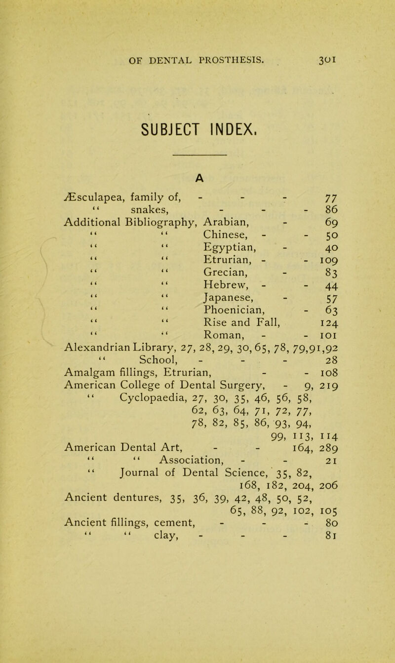 SUBJECT INDEX, A Aisculapea, family of, 7 77 “ snakes, - - 86 Additional Bibliography, Arabian, - 69 “ “ Chinese, - - 50 “ “ Egyptian > - 40 “ “ Etrurian, - - 109 “ “ Grecian, - 83 “ “ Hebrew, - - 44 “ “ Japanese, - 57 “ “ Phoenician, - 63 “ “ Rise and Fall, 124 “ “ Roman, - - IOI Alexandrian Library, 27, 28,29, 3°, 65, 78, 79,9 1,92 “ School, - 28 Amalgam fillings, Etrurian, - - 108 American College of Dental Surgery, - 9, 219 “ Cyclopaedia, 27, 30, 35, 46, 56, 58, 62, 63, 64, 7L 72, 77, 78, 82, 85, 86, 93, 94, 99, 113, 114 American Dental Art, - 164, 289 “ “ Association, - 21 “ Journal of Dental Science, 35, 82, 168, 182, 204, 206 Ancient dentures, 35, 36, 39, 42, 48, 50, 52, 65, 88, 92, 102, 105 Ancient fillings, cement, - - 80 “ “ clay, - - - 81