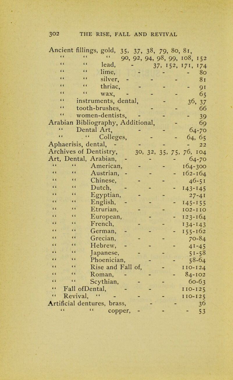 Ancient fillings, gold, 35, 37, 38, 79, 80, 81, “ “ “ 90, 92, 94, 98, 99, 108, 152 “ “ lead, - 37, 152, 171, i74 “ ‘ ‘ lime, - - - 80 “ “ silver, - - - 81 “ “ thriac, - - - 9i “ “ wax, - - 65 “ instruments, dental, - 36, 37 “ tooth-brushes, - - 66 “ women-dentists, - - - 39 Arabian Bibliography, Additional, - 69 “ Dental Art, - - 64-70 “ “ Colleges, - - 64, 65 Aphaerisis, dental, - - 22 Archives of Dentistry, 30, 32, 35, 75, 76, 104 Art, Dental, Arabian, - - 64-70 “ “ American, - - 164-300 “ “ Austrian, - - - 162-164 “ “ Chinese, - - 46-51 “ “ Dutch, - - 143-145 “ “ Egyptian, - - 27-41 “ “ English, - - 145-155 “ “ Etrurian, - - 102-110 “ “ European, - - 123-164 “ “ French, - - 134-143 “ “ German, - - 155-162 “ “ Grecian, - - 70-84 “ “ Hebrew, - - 41-45 “ “ Japanese, - - 51-58 “ “ Phoenician, - - 58-64 “ “ Rise and Fall of, - 110-124 “ “ Roman, - - 84-102 “ “ Scythian, - - 60-63 “ Fall ofDental, - 110-125 “ Revival, “ - - 110-125 Artificial dentures, brass, - 36 “ “ copper, - - - 53