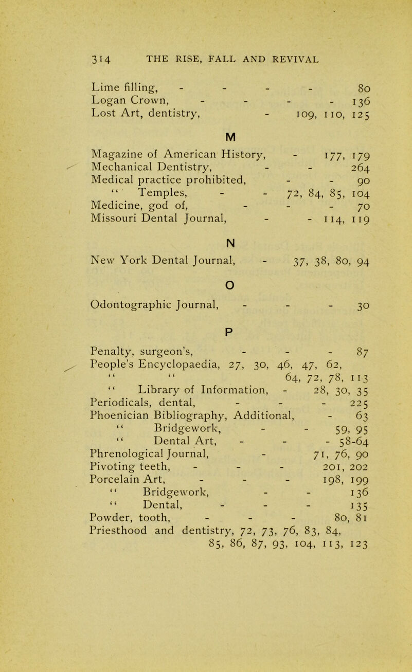 Lime filling, - 80 Logan Crown, - 136 Lost Art, dentistry, 109, no, 125 M Magazine of American History, - 177, 179 Mechanical Dentistry, 264 Medical practice prohibited, - 90 “ Temples, 72, 84, 85, 104 Medicine, god of, ■ - 70 Missouri Dental Journal, - 114. 119 N New York Dental Journal, 37, 38, 80, 94 O Odontographic Journal, 30 P Penalty, surgeon’s, - - 87 People’s Encyclopaedia, 27, 30, 46, 47- 62, i 4 it 64, 72, 78, 113 “ Library of Information, - 28, 30, 35 Periodicals, dental, - 225 Phoenician Bibliography, Additional, 63 “ Bridgework, 59. 95 “ Dental Art, - - 58-64 Phrenological Journal, 71, 76, 90 Pivoting teeth, - 201, 202 Porcelain Art, - 198, 199 “ Bridgework, 136 “ Dental, 135 Powder, tooth, - 80, 81 Priesthood and dentistry, 72, 73, 76, 83, 84, 85, 86, 87, 93, 104, 113, 123