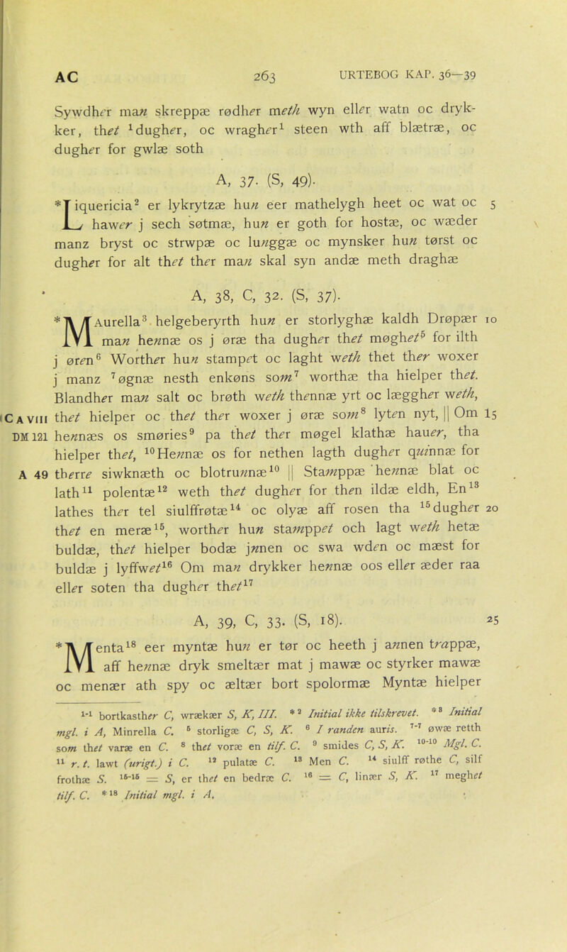 Sywdtu’r ma« skreppæ rødhår meth wyn elEr watn oc dryk- ker, thet xdugh<?r, oc wragh^r1 Steen wth aff blætræ, oc dught’r for gwlæ soth A, 37. (S, 49)- *Tiquericia2 er lykrytzæ hu« eer mathelygh heet oc wat oc 5 1 j hawer j sech søtmæ, hu« er goth for hostæ, oc wæder manz bryst oc strwpæ oc lu«ggæ oc mynsker hu« tørst oc dugh(?r for alt thet ther ma« skal syn andæ meth draghæ A, 38, C, 32. (S, 37)- *1%/TAurella3 . helgeberyrth hu« er storlyghæ kaldh Drøpær 10 1V1 ma« he«næ os j øræ tha dughé’r th<?/ møgheth for ilth j øren5 Worth^r hu« stampet oc laght weth thet th<?r woxer j manz 7 øgnæ nesth enkøns som1 worthæ tha hielper th et. Blandhir ma« salt oc brøth weth thzmnæ yrt oc læggh^r weth, C a vin thet hielper oc th<?/ th^r woxer j øræ so«z8 lyten nyt, || Om 15 DM121 he«næs os smøries9 pa th et thé’r møgel klathæ hauér, tha hielper th et, 10He«næ os for nethen lagth dughz’r qzzznnæ for A 49 therre siwknæth oc blotru«næ10 || Sta«zppæ he«næ biat oc lath11 polentæ12 weth thet dughn* for th«i ildæ eldh, En13 lathes ther tel siulffrøtæ14 oc olyæ aff rosen tha 15dugh<?r 20 thet en meræ15, worthnr hu« stammet och lagt weth hetæ buldæ, thet hielper bodæ j«nen oc swa wd<?n oc mæst for buldæ j lyffw<?/16 Om ma« drykker he«næ oos elter æder raa elter soten tha dugh<?r thet11 A, 39, C, 33. (S, 18). 25 *T\/Tenta18 eer myntæ hu« er tør oc heeth j a«nen trzzppæ, IVl aff he«næ dryk smeltær mat j mawæ oc styrker mawæ oc menær ath spy oc æltær bort spolormæ Myntæ hielper 1-1 bortkasth^r C, wrækær S, K, III. *3 Initial ikke tilskrevet. t8 Initial mgl. i A, Minrella C. 6 storligæ C, S, K. 6 / randen aum. 7‘7 øwæ retth som thet varæ en C. 8 thet voræ en tilf. C. 9 smides C, S, K. l0'10 Mgl. C. 11 r. t. lawt (urigt.) i C. 12 pulatæ C. 18 Men C. 14 siulff røthe C, silf frolhæ S. 16'16 — S, er th et en bedræ C. 16 = C, linær S, K. 17 meghrZ tilf. C. *18 Initial mgl. i A,
