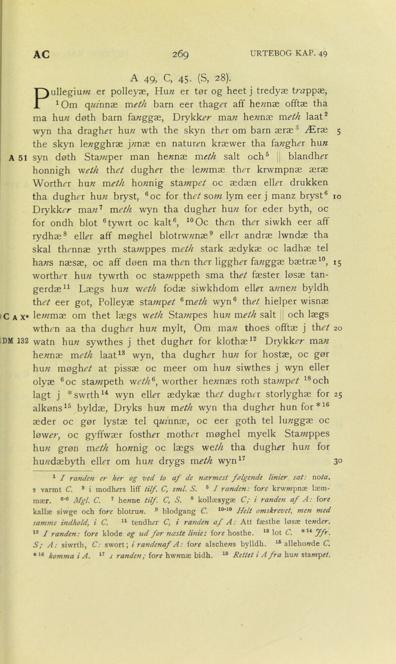 A 49, C, 45- (S, 28). Pullegiuz« er polleyæ, Hu« er tør og heet j tredyæ tr^ppæ, 1Om q«z'nnæ meth barn eer thagz’r aff he/znæ offtæ tha ma hu« døth barn fa«ggæ, Drykkzr ma« he«næ meth laat2 wyn tha dragh^r hu7/ wth the skyn thi?r om barn æræ3 Æræ 5 the skyn le«gghræ j«næ en naturen kræwer tha (anghev hu« A 51 syn døth Stawper man he«næ meth salt och5 |[ blandh<?r honnigh weth thet dughz’r the le7«mæ ther krwmpnæ æræ Worthé’r hu« meth ho«nig sta7«p^ oc ædæn ell<?r drukken tha dughrr hu« bryst, 6oc for thet som lym eer j manz bryst6 10 Drykker ma«7 meth wyn tha dugh^r hu« for eder byth, oc for ondh blot 6tywrt oc kalt6, 10 Oc th^n th^r siwkh eer aff rydhæ8 elL?r aff møghel blotrw7znæ9 elLr andræ lwndæ tha skal thmnæ yrth sta/«ppes meth stark ædykæ oc ladhæ tel ha«s næsæ, oc aff døen ma th<?n ther liggh<?r fa«ggæ bætræ10, 15 worthrr hu« tywrth oc sta7«ppeth sma th<?/ fæster løsæ tan- gerdæ11 Lægs hu« weth fodæ siwkhdom elkr a«ne« byldh th et eer got, Polleyæ sta;«p^ 6 meth wyn6 th et hielper wisnæ C a x* le;«mæ om thet lægs weth Sta«zpes hu« meth salt och lægs wthrn aa tha dugh^r hu« mylt, Om ma« thoes offtæ j thet 20 DM132 watn hu« sywthes j thet dugh^r for klothæ12 Drykkzr ma« he«næ meth laat13 wyn, tha dugh<?r hu« for hostæ, oc gør hu« møghet at pissæ oc meer om hu« siwthes j wyn eller olyæ 6oc sta«zpeth weth6, worther he«næs roth stampet 18och lagt j *swrthu wyn elLr ædykæ thet duglur storlyghæ for 25 alkøns15 byldæ, Dryks hu« meth wyn tha dugh^r hun for*16 æder oc gør lystæ tel q«z'nnæ, oc eer goth tel lu«ggæ oc løw^r, oc gyffwær fosth^r mother møghel myelk Sta7«ppes hu« grøn meth ho«nig oc lægs weth tha dugh^r hu;z for hu«dæbyth elLr om hu« drygs meth wyn17 3° 1 I randen er her og ved to af de nærmest følgende linier sat: nota. 2 varmt C. 3 i modlurs liff tilf. C, sml. S. 6 / randen: fore krw;«pnæ læm- mær. 6‘° Mgl. C. 7 he«ne tilf. C, S. 8 kollæsygæ C; i randen af A: fore kallæ siwge och fore blotru«. 9 blodgang C. 10'10 Helt omskrevet, men med samme indhold, i C. 11 ten diur C, i randen af A: Att fæsthe løsæ te«d^r. 12 I randen: fore klode og ud for næste linie: fore hosthe. 18 lot C. *14 Jfr. S; A: siwrth, C: swort; i randenaf A: fore alsche«s bylldh. 16 allehowde C. *16 komma i A. 17 1 randen; fore hwunæ bidh. 18 Rettet i A fra hu« stawpU.