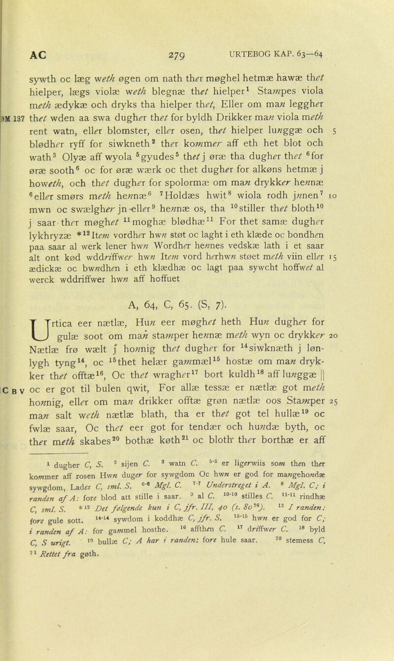 sywth oc læg weth øgen om nath ther møghel hetmæ hawæ thet hielper, lægs violæ weth blegnæ thet hielper1 Sta/«pes viola meth ædykæ och dryks tha hielper thet, Eller om ma« legglvr iM 137 th<?/ wden aa swa dugh^r thet for byldh Drikker ma« viola meth rent watn, elFr blomster, elDr osen, th et hielper lu«ggæ och 5 blødh^r ryff for siwkneth2 th^r kommer aff eth het blot och wath3 * Olyæ aff wyola 5gyudes5 thet j øræ tha dugh^r thet 6 for øræ sooth6 oc for øræ wærk oc thet dughér for alkøns hetmæ j howeth, och thet dugh^r for spolormæ om ma« drykk^r hewnæ 6elDr smørs meth he«næ6 7Holdæs hwit8 wiola rodh j«nen7 10 mwn oc swælgh<?r jnælDr9 he«næ os, tha 10 stiller thet bloth10 j saar thrr møghet 11moghæ blødhæ11 For thet samæ dugh^r lykhryzæ *12Itm vordh^r hwn støt oc laght i eth klæde oc bondhm paa saar al werk lener hw« Wordh^r he/mes vedskæ lath i et saar alt ont kød wdd«z‘ffw<?r hw« Item vord ha-hw« støet meth viin ell<?r 15 ædickæ oc bw«dhai i eth klædhæ oc lagt paa sywcht hoffw<?/ al werck wddriffwer hw« aff hoffuet A, 64, C, 65. (S, 7). Urtica eer nætlæ, Hu« eer møghet heth Hu« dugh<?r for gulæ soot om ma« sta?«per he«næ meth wyn oc drykk^« 20 Nætlæ frø wælt j ho«nig thet dugh<?r for usiwknæth j løn- lygh tyng14, oc 15 thet helær garømæl15 hostæ om ma« dryk- ker thet offtæ16, Oc thet wraghn:17 bort kuldh18 aff lu«ggæ || C b v oc er got til bulen qwit, For allæ tessæ er nætlæ got meth ho«nig, elFr om ma« drikker offtæ grøn nætlæ oos Sta«zper 25 ma« salt weth nætlæ blath, tha er thet got tel hullæ19 oc fwlæ saar, Oc thet eer got for tendær och hu«dæ byth, oc th^r meth skabes20 bothæ køth21 oc bloth’ ther borthæ er aff 1 dugher C, S. 2 sijen C. 3 watn C. 3-5 er lig<rrwiis so tn th*n th<fr kommer aff rosen Hw« åuger for sywgdom Oc hw« er god for ma«geho«dæ sywgdom, Lada C, sml. S. 6-8 Mgl. C. 7-7 Understreget i A. 8 Mgl. C; i randen af A: tove blod att stille i saar. 9 al C. 10-10 stilles C. 11-11 rindhæ C, sml. S. * 12 Det følgende kun i C, jfr. III, 40 (s. 80 ™). 13 I randen: fore gule sott. 14-14 sywdom i koddhæ C, jfr. S. 16-10 hw« er god for C; i randen af A: for ga/wmel hosthe. 18 affth^n C. 17 driffwer C. 18 byld C, 5 urigt. 19 bullæ C; A har i randen: fore hule saar. 20 stemess C. 21 Rettet fra gøth.