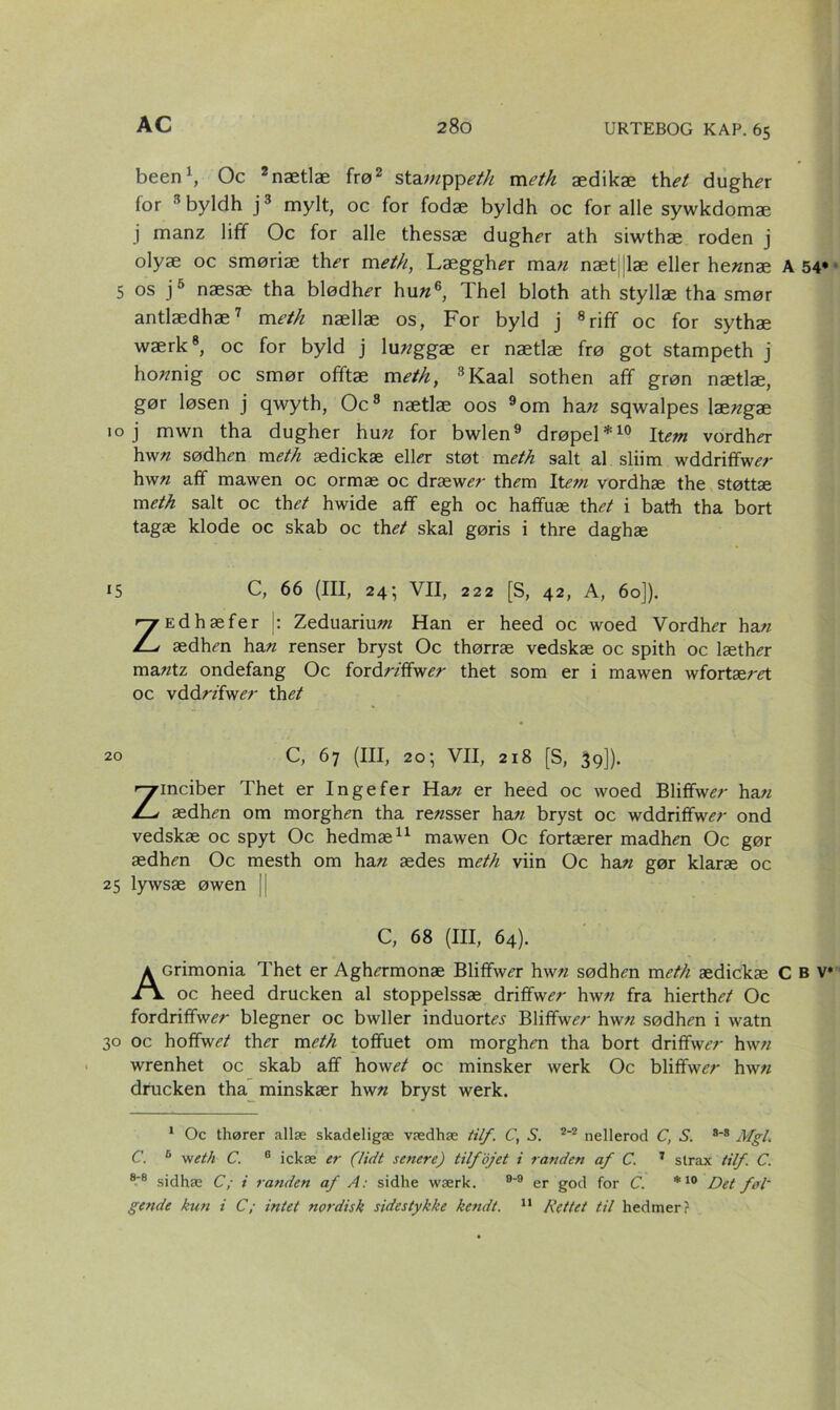 been1, Oc 2nætlæ frø2 stawppeth meth ædikæ thet dughet for 3 byldh j3 mylt, oc for fodæ byldh oc for alle sywkdomæ j manz lifif Oc for alle thessæ dughm ath siwthæ roden j olyæ oc smøriæ thm meth, Lægghm ma« næt |læ eller he«næ A 54* 5 os j5 næsæ tha blødh^r hu«6, Thel bloth ath styllæ tha smør antlædhæ7 meth nællæ os, For byld j 8riff oc for sythæ wærk8, oc for byld j lu«ggæ er nætlæ frø got stampeth j ho«nig oc smør offtæ meth, 3Kaal sothen aff grøn nætlæ, gør løsen j qwyth, Oc8 nætlæ oos 9om ha« sqwalpes læ«gæ 10 j mwn tha dugher hu« for bwlen9 drøpel*10 It«w vordh^r hw« sødhm meth ædickæ elkr støt meth salt al sliim wddriffw*?« hw« aff mawen oc ormæ oc dræwm thmi Item vordhæ the støttæ meth salt oc thet hwide aff egh oc haffuæ th<?/ i bath tha bort tagæ klode oc skab oc thet skal gøris i thre daghae *5 C, 66 (III, 24; VII, 222 [S, 42, A, 60]). ZEdhæfer |: Zeduarium Han er heed oc woed Vordh^r ha« ædhm ha« renser bryst Oc thørræ vedskæ oc spith oc læthrn ma«tz ondefang Oc forcb'/ffwm thet som er i mawen wfortænff oc vddrzfwm thet Zinciber Thet er Ingefer Ha« er heed oc woed Bliffwm ha« ædhm om morghm tha re«sser ha« bryst oc wddriffwm ond vedskæ oc spyt Oc hedmæ11 mawen Oc fortærer madhm Oc gør ædhm Oc mesth om ha« ædes meth viin Oc ha« gør klaræ oc 25 lywsæ øwen srimonia Thet er Aghmnonæ Bliffwr hw« sødhm meth ædickæ Cbv* oc heed drucken al stoppelssæ driffwm hw« fra hierth<?/ Oc fordriffwm blegner oc bwller induort« Bliffwm hw« sødhm i watn 30 oc hoffwet thi?r meth toffuet om morghm tha bort driffwm hw« wrenhet oc skab aff howet oc minsker werk Oc bliffwm hw« drucken tha minskær hw« bryst werk. 1 Oc thører allæ skadeligæ vædhæ tilf. C, S. 2-2 nellerod C, S. 8-8 Mgl. C. 6 weth C. 6 ickæ er (lidt senere) tilføjet i randen af C. 1 slrax tilf C. 8~s sidhæ C; i randen af A: sidhe wærk. 9-9 er god for C. *10 Det føl' gende kun i C; intet nordisk sidestykke kendt. 11 Rettet til hedmer? 20 C, 67 (III, 20; VII, 218 [S, 39]). C, 68 (III, 64).