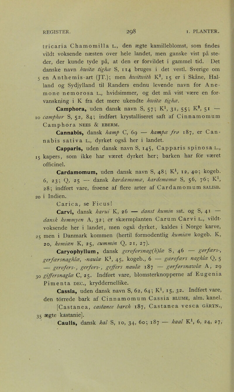 tricaria Chamomilla l., den ægte kamilleblomst, som findes vildt voksende næsten over hele landet, men ganske vist på ste- der, der kunde tyde på, at den er forvildet i gammel tid. Det danske navn hwitæ tighæ S, 114 bruges i det vesti. Sverige om 5 en Anthemis-art (JT.); men hwitwith K2, 15 er i Skåne, Hal- land og Sydjylland til Randers endnu levende navn for Ane- mone nemorosa L., hvidsimmer, og det må vist være en for- vanskning i K fra det mere ukendte hwitæ. tighæ. Camphora, uden dansk navn S, 57; K1, 31, 55; K2, 51 — 10 camphor S, 52, 84; indført krystalliseret saft af Cinnamomum Camphora nees & eberm. Cannabis, dansk hamp C, 69 — hampæ frø 187, er Can- nabis sativa l., dyrket også her i landet. Capparis, uden dansk navn S, 145, Capparis spinosa l., 15 kapers, som ikke har været dyrket her; barken har for været officinel. Cardamomum, uden dansk navn S, 48; K1, 12, 40; kogeb. 6, 23; Q, 25 — dansk kardæmotnæ, kardeniomæ S, 56, 76; K1, 28; indført vare, frøene af flere arter af Cardamomum salisb. 20 i Indien. Carica, se Ficus! Carvi, dansk karui K, 26 — danst kamin sst. og S, 41 — dansk kommyen A, 32; er skærmplanten Carum Carvi l., vildt- voksende her i landet, men også dyrket, kaldes i Norge karve, 25 men i Danmark kommen (hertil formodentlig kumiæn kogeb. K, 20, komiæn K, 25, cummin Q, 21, 27). Caryophyllum, dansk geroforsnag(h)læ S, 46 — gørfærs-, gerfærsnaghlæ, -tiaulæ K1, 45, kogeb., 6 — gær of ær s naghlæ Q, 5 — ger of er s-, gerfors-, geffers naulæ 187 — gørførsnawlæ A, 29 30 giffersnaglæ C, 25. Indført vare, blomsterknopperne af Eugenia Pimen ta dec., kryddernellike. Cassia, uden dansk navn S, 62, 64; K1, 15, 32. Indført vare, den torrede bark af Cinnamomum Cassia blume, alm. kanel. [Castanea, castanee barch 187, Castanea vesca gårtn., 35 ægte kastanie]. Caulis, dansk kal S, 10, 34, 60; 187 — kaal K1, 6, 24, 27,