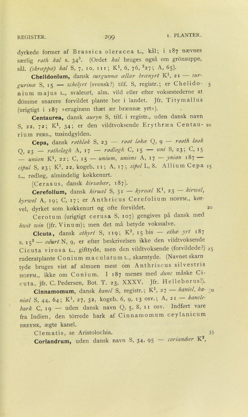 dyrkede former af Brassica oleracea L., kål; i 187 nævnes særlig røth kal s. 343. (Ordet kal bruges også om gronsuppe, sål. (skræppes) kal S, 7, 10, m; K1, 6, 76, 227 ; A, 65). Chelldonlum, dansk surgunnce ællær brænyrt K1, 21 —sur- gurinæ S, 15 — schelyrt (svensk?) tilf. S, registr.; er Chelido- 5 nium majus l., svaleurt, alm. vild eller efter voksestederne at domme snarere forvildet plante her i landet. Jfr. Ti ty m allus (urigtigt i 187 »eruginem thæt ær brænnæ yrt«). Centaurea, dansk auryn S, tilf. i registr., uden dansk navn S, 22, 72; K1, 34; er den vildtvoksende Erythræa Centau- 10 rium pers., tusindgylden. Cepa, dansk røthløk S, 23 — røøt løkæ Q, 9 røøth løøk Q, 23 — røtheløgh A, 17 — rødløgh C, 15 — tmi S, 23; C, 15 — uniæn K1, 22; C, 15 — unium, umens A, 17 — ynian 187 — cipul S, 23; K1, 22, kogeb. 11; A, 17; sipol L, 8. Allium Cepa 15 l., rødløg, almindelig køkkenurt. [C er asus, dansk kirsæbær, 187]. CerefoHum, dansk kiruæl S, 31 — kyruæl K1, 23 kirwel, kyrwel A, 19; C, 17; er Anthricus Cerefolium hoffm., kør- vel, dyrket som køkkenurt og ofte forvildet. 20 C er o tu m (urigtigt cerusa S, 107) gengives på dansk med fvwit win (jfr. Vi nu m); men det må betyde vokssalve. Cicuta, dansk othyrt S, 119; K2, 15 bis — otte yrt 187 s. — odurt N, 9, er efter beskrivelsen ikke den vildtvoksende Cicuta virosa l., gifttyde, men den vildtvoksende (forvildede?) 25 ruderatplante Conium maculatumL., skarntyde. (Navnet skarn tyde bruges vist af almuen mest om Anthriscus silvestris HOFFM., ikke om Conium. I 187 menes med dune måske Ci- cuta, jfr. C. Pedersen, Bot. T. 23, XXXV. Jfr. Helleborusl). Cinnamomum, dansk kanel S, registr.; K1, 27 kamel, ka- co niæl S, 44, 64; K1, 27, 32, kogeb. 6, 9, 13 osv.; A, 21 — kanele- bark C, 19 — uden dansk navn Q, 5, 8, 11 osv. Indført vare fra Indien, den torrede bark af Cinnamomum ceylanieum breyne, ægte kanel. Clematis, se Aristolochia. 35 Corlandrum, uden dansk navn S, 34, 95 coriandæt K ,