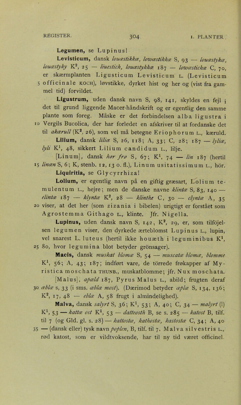 Legumen, se Lu pi nus I Levisticum, dansk louæstikkæ, lowæstikkæ S, 93 — louæstykæ, louæstyky K2, 25 — liuestich, louæstykkæ 187 — lowæstickæ C, 70, er skærmplanten Ligusticum Levisticum l. (Levisticum 5 officinale koch), løvstikke, dyrket hist og her og (vist fra gam- mel tid) forvildet. Ligustrum, uden dansk navn S, 98, 141, skyldes en fejl i det til grund liggende Macer-håndskrift og er egentlig den samme plante som foreg. Måske er det forbindelsen alba ligustra i 10 Vergils Bucolica, der har forledet en afskriver til at fordanske det til akærull (K2, 26), som vel må betegne Eriophorum l., kæruld. Lilium, dansk lilice S, 26, 118; A, 33; C, 28; 187 —lyliæ, lyli K1, 48, sikkert Lilium candidum l., lilje. [Linum], dansk hør frø S, 67; K1, 74 — lin 187 (hertil 15 linæn S, 6; K, stenb. 12,130. fl.), Linum usitatissimum l., hor. Liquiritia, se Glycyrrhizal Lolium, er egentlig navn på en giftig græsart, Lolium te- mulentum l., hejre; men de danske navne klintæ S, 83, 140 — elintæ 187 — klyntæ K2, 28 — klinthe C, 30 — clyntæ A, 35 20 viser, at det her (som zizania i bibelen) urigtigt er forstået som Agrostemma Githago l., klinte. Jfr. Nigella. Lupinus, uden dansk navn S, 142, K2, 29, er, som tilføjel- sen legumen viser, den dyrkede ærteblomst Lupinus L., lupin, vel snarest L. luteus (hertil ikke houæth i leguminibus K1, 25 80, hvor leg umi na blot betyder gronsager). Mads, dansk muskat blomæ S, 54 — muscatæ blomæ, blomme K1, 56; A, 43; 187; indført vare, de torrede frøkapper af My- ristica moschata thunb., muskatblomme; jfr. Nux moschata. [Malus], apæld 187, Pyrus Malus l., abild; frugten deraf 30 æblæ s, 33 (i sms. æblæ most). (Dærimod betyder æplæ S, 134, 136; K2, 17, 48 — eblæ A, 58 frugt i almindelighed). Malva, dansk salyrt S, 36; K1, 53; A, 40; C, 34 — malyrt (1) K1, 53 —kattæ ost K1, 53 — datteosth B, se s. 285 — katost B, tilf. til 7 (og Gid. gi. s. 28) — kattostæ, kathostæ, kastostæ C, 34; A, 40 35 — (dansk eller) tysk navn poplen, B, tilf. til 7. Malva silvestris l., rød katost, som er vildtvoksende, har til ny tid været officinel.