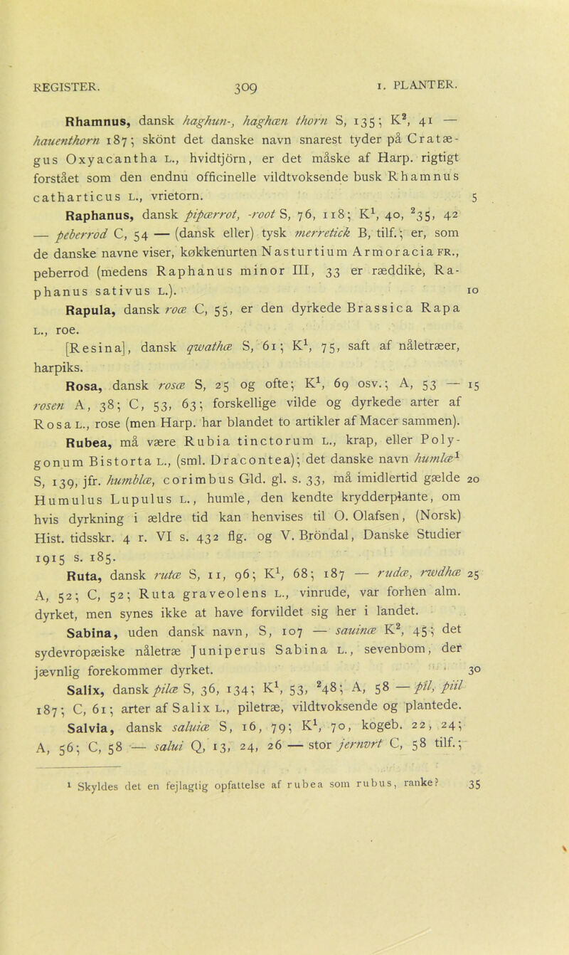 Rhamnus, dansk haghun-, haghæn thorn S, 135; K2, 41 — hauenthorn 187; skont det danske navn snarest tyder på Cratæ- gus Oxyacantha l., hvidtjorn, er det måske af Harp. rigtigt forstået som den endnu officinelle vildtvoksende busk Rhamnus catharticus l., vrietorn. 5 Raphanus, dansk pipærrot, -root S, 76, 118; K1, 40, 235, 42 — peberrod C, 54 — (dansk eller) tysk merretick B, tilf. • er, som de danske navne viser, køkkenurten Nasturtium ArmoraciaFR., peberrod (medens Raphanus minor III, 33 er ræddike, Ra- phanus sativus L.). 10 Rapula, dansk roæ C, 55, er den dyrkede Brassica Rapa l., roe. [Resina], dansk qwathæ S, 615 K1, 75, saft af nåletræer, harpiks. Rosa, dansk rosæ S, 25 og ofte; K1, 69 osv.; A, 53 — 15 rosen A, 38; C, 53, 63; forskellige vilde og dyrkede arter af Rosa l., rose (men Harp. har blandet to artikler af Macer sammen). Rubea, må være Rubia tinctorum l., krap, eller Poly- gonum Bistorta l., (sml. Dracontea); det danske navn humlæ1 S, 139, jfr. humblæ, c ori mb us Gid. gi. s. 33, må imidlertid gælde 20 Humulus Lupulus l. , humle, den kendte krydderplante, om hvis dyrkning i ældre tid kan henvises til O. Olafsen, (Norsk) Hist. tidsskr. 4 r. VI s. 432 flg. og V. Brondal, Danske Studier 19x5 s. 185. Ruta, dansk rutæ S, xi, 96; K1, 68; 187 — rudæ, rwdhæ 25 A, 52; C, 52; Ruta graveolens l., vinrude, var forhen alm. dyrket, men synes ikke at have forvildet sig her i landet. Sabina, uden dansk navn, S, 107 — sauinæ K2, 45; det sydevropæiske nåletræ Juniperus Sabina l., sevenbom, der jævnlig forekommer dyrket. 3° Salix, dansk pilæ S, 36, 134; K1, 53, 248; A, 58 pil, pul 187; C, 61; arter af Salix l., piletræ, vildtvoksende og plantede. Sal via, dansk saluiæ S, 16, 79; K1, 70, kogeb. 22, 24; A, 56; C, 58 — salui Q, 13, 24, 26 — stor jernvrt C, 58 tilf.; 1 Skyldes del en fejlagtig opfattelse af rubea som ru bu s, ranke? 35