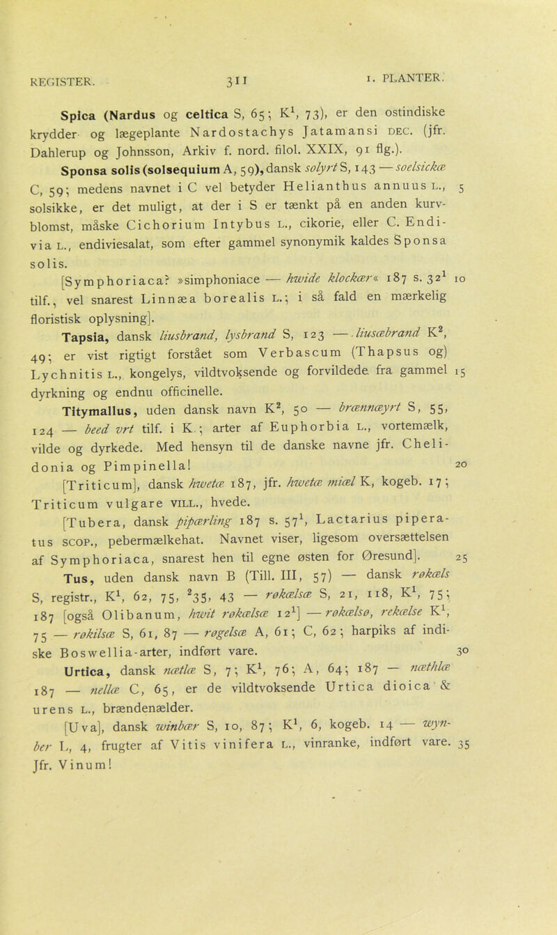 Spica (Nardus og celtica S, 65; K1, 73). er den ostindiske krydder og lægeplante Nardostachys Jatamansi dec. (jfr. Dahlerup og Johnsson, Arkiv f. nord. filol. XXIX, 91 flg.). Sponsa soHs(solsequium A, 59), dansk solyrtS, 143—soelstckæ C, 59; medens navnet i C vel betyder Helianthus annuusL., 5 solsikke, er det muligt, at der i S er tænkt på en anden kurv- blomst, måske Cichorium Intybus L., cikorie, eller C. Endi- via l., endiviesalat, som efter gammel synonymik kaldes Sponsa solis. [Symphoriaca? »simphoniace — hwide klockær« 187 s. 321 10 tilf., vel snarest Linnæa boreal is L.; i sa fald en mærkelig floristisk oplysning]. Tapsia, dansk liusbrand, lysbrand S, 123 —.liusæbrand K2, 49; er vist rigtigt forstået som Verbascum {Thapsus og) Lychnitis l., kongelys, vildtvoksende og forvildede fra gammel 15 dyrkning og endnu officinelle. Titymallus, uden dansk navn K2, 50 — brænnæyrt S, 55, 124 — beed vrt tilf. i K.; arter af Euphorbia l., vortemælk, vilde og dyrkede. Med hensyn til de danske navne jfr. C h e 1 i - doniaogPimpinella! 20 [Triticum], dansk hwetæ 187, jfr. hwetæ miæl K, kogeb. 17 ; Triticum vulgare vill., hvede. [Tubera, dansk pipærling 187 s. 571, Lactarius pipera- tus scop., pebermælkehat. Navnet viser, ligesom oversættelsen af Symphoriaca, snarest hen til egne østen for Øresund]. 25 Tus, uden dansk navn B (Till. III, 57) — dansk røkæls S, registr., K1, 62, 75, 235, 43 — røkælsæ S, 21, 118, K1, 75; 187 [også Olibanum, hwit røkælsæ 121] —røkælsø, rekælse K1, ycj — røkilsæ S, 61, 87 — røgelsæ A, 61} C, 62 \ harpiks af indi- ske Boswellia-arter, indført vare. 30 Urtica, dansk nætlæ S, 7; K1, 76; A, 64; 187 næthlæ x87 — nellæ C, 65, er de vildtvoksende Urtica dioica & urens L., brændenælder. [Uva], dansk winbær S, 10, 87; K1, 6, kogeb. 14 — wyn- ber L, 4, frugter af Vi ti s vinifera l., vinranke, indført vare. 35