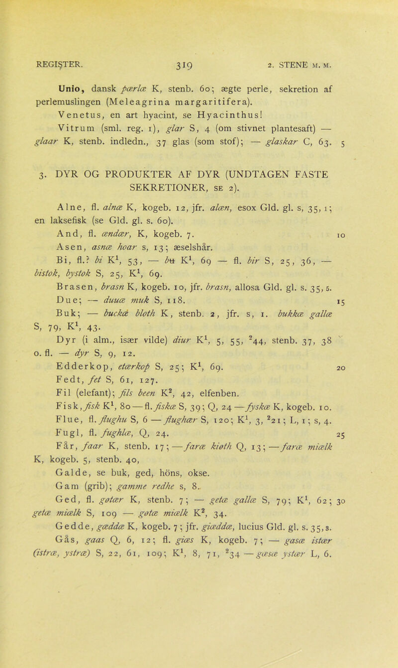 Unio, dansk pærlæ K, stenb. 60; ægte perle, sekretion af perlemuslingen (Meleagrina margaritifera). Venetus, en art hyacint, se Hyacinthus! Vi trum (sml. reg. 1), glar S, 4 (om stivnet plantesaft) — glaar K, stenb. indledn., 37 glas (som stof); — glaskar C, 63. 5 3. DYR OG PRODUKTER AF DYR (UNDTAGEN FASTE SEKRETIONER, se 2). Alne, fl. alnæ K, kogeb. 12, jfr. alæn, esox Gid. gi. s, 35, 1; en laksefisk (se Gid. gi. s. 60). And, fl. ændær, K, kogeb. 7. 10 Asen, asnæ hoar s, 13; æselshår. Bi, fl.? bi K1, 53, — b\* K1, 69 — fl. bir S, 25, 36, — bistok, by stok S, 25, K1, 69. Brasen, bras?i K, kogeb. 10, jfr. brasn, allosa Gid. gi. s. 35,5. Due; — duuæ muk S, 118. 15 Buk; — buckæ bloth K, stenb. 2, jfr. s, 1. bukkæ gallæ S, 79> K1, 43. Dyr (i alm., især vilde) diur K1, 5, 55, 244, stenb. 37, 38 o. fl. — dyr S, 9, 12. Edderkop, etærkop S, 25; K1, 69. 20 Fedt, fet S, 61, 127. Fil (elefant); fils been K2, 42, elfenben. Fisk,yfov£ K1, 80 — fi.fiskæ S, 39; Q, 24—fyskæ K, kogeb. 10. Flue, fl. fiughu S, 6 —fiughær S, 120; K1, 3, 22i; L, 1; s, 4. Fugl, fl. fughlæ, Q, 24. 25 Får, faar K, stenb. 17;—faræ kiøth Q, 13;—faræ miælk K, kogeb. 5, stenb. 40, Galde, se buk, ged, hons, okse. G am (grib); gamme redhe s, 8.. Ged, fl. gøtær K, stenb. 7; — getæ gallæ S, 79; K1, 62; 30 getæ miælk S, 109 — gøtæ miælk K2, 34. Gedde, gæddæ K, kogeb. 7 ; jfr. giæddæ, lucius Gid. gi. s. 35,3. Gås, gaas Q, 6, 12; fl. giæs K, kogeb. 7; — gasæ istær (istræ, ystræ) S, 22, 61, 109; K1, 8, 71, 234 —gæsæ ystær L, 6.