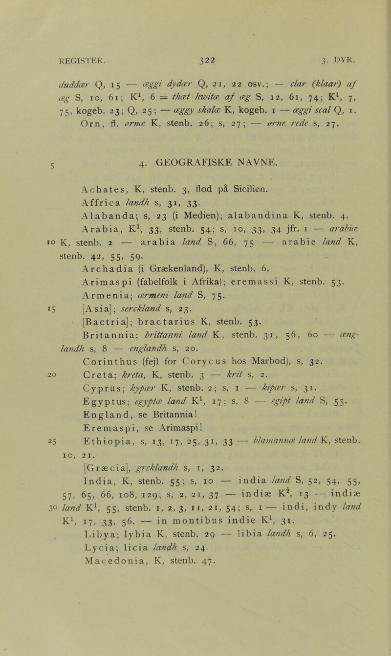 dtiddær Q, 15 — æggi dydær Q, 21, 22 osv.; — clar (klaar) af æg S, 10, 61; K1, 6 = thæt hwitæ af æg S, 12, 61, 74; K1, 7, 75, kogeb. 23; Q, 25; — æggy skalæ K, kogeb. 1 — æggi scal Q, 1. Orn, fl. K, stenb. 26; s, 27; — ørne rede s, 27. 5 4. GEOGRAFISKE NAVNE. Achates, K, stenb. 3, flod på Sicilien. Affrica landh s, 31, 33. Alabanda; s, 23 (i Medien); alabandina K, stenb. 4. Arabia, K1, 33, stenb. 54; s, 10, 33, 34 jfr. 1 — arabia 10 K, stenb. 2 — arabia land S, 66, 75 — arabie land K, stenb. 42, 55, 59. Archadia (i Grækenland), K, stenb. 6. Arimaspi (fabelfolk i Afrika); eremassi K, stenb. 53. Armenia; ærmeni land S, 75. 15 [Asia]; serckland s, 23. [Bactriaj; bractarius K, stenb. 53. Britannia; brittanni land K, stenb. 31, 56, 60 — æng- landh s, 8 — englandh s, 20. Corinthus (fejl for Corycus hos Marbod), s, 32. 20 Creta; kreta, K, stenb. 3 — krit s, 2. Cyprus; kypær K, stenb. 2; s, 1 — kipær s, 31. Egyptus; egyptæ land K1, 17: s, 8 — egipt land S, 55. England, se Britannia! Eremaspi, se Arimaspi 1 25 Ethiopia, s, 13, 17, 25, 31, 33 — blamanna land K, stenb. xo, 21. [Græcia], greklandh s, 1, 32. India, K, stenb. 55; s, 10 — india land S, 52, 54, 55, 57, 65, 66, 108, 129; s, 2, 2i, 37 — indiæ K2, 13 — indiæ 3° land K1, 55, stenb. 1, 2, 3, 11, 21, 54; s, 1 — indi, indy land K1, 17, 33, 56. — in mon ti bu s indie K1, 31. Libya; lybia K, stenb. 29 — libia landh s, 6, 25. Lycia; licia landh s, 24. Macedonia, K, stenb. 47.