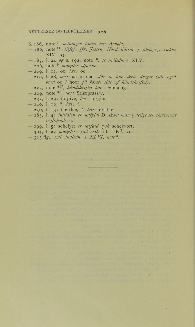 S. 186, note5, sætningen findes hos Arnold. — 186, note u, tilføj: jfr. fessen, Nord. tidsskr. f. filologi j. række XIV, 97. — 187, 1. 24 og s. 192, note 18, se indledn. s. XLV. — 206, note 9 mangler stjærne. — 209, 1. 12, oe, læs; oc. — 219, 1. 28, over aa i raat står to fine skrå streger (sål. ogsd over 00 i hoor på første side af håndskriftet). — 225, note*12, håndskriftet har legomelig. — 229, note*6, læs: Srisoprass/AL — 235, 1. 20; forgive, læs: forgiue. — 240, 1. 10, 6, læs: °. — 250, 1. 13; liærthæ, C har førsthæ. — 285, 1. 4; initialen er udfyldt D, skønt man tydeligt ser skriverens vejledende c. — 299, 1. 5; schelyrt er ialfald tysk schehvort. — 304, 1. 22 mangler: fiol erth tilf. i K2, 29. — 3 13 Ag-, sml. indle dn. s. XLVf note3.