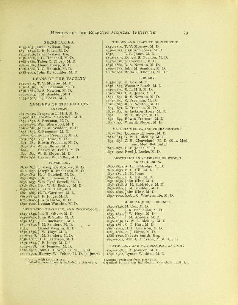 secretaries. 1845-1851, Israel Wilson, Esq. 1851-1854, L. E. Jones, M. D. 1854-1S56, Israel Wilson, Esq. 1856-1868, J. G. Henshall, M. D. 1868-1880, Tabor C. Thorp, M. D. 1880-1886, Abner Thorp, M. D. 1886- 1888, T. C. Hannah, M. D. 1888-1902, John K. Scudder, M. D. DEANS OF THE FACULTY. 1845-1850, T. V. Morrow, M. D. 1850- 1856, J. R. Buchanan, M. D. 1856-1861, R. S. Newton, M. D. 1S61-1894, J. M. Scudder, M. D. 1894-1902, F. J. Locke, M. D. MEMBERS OF THE FACULTY. ANATOMY. 1845-1849, Benjamin L. Hill, M. D. 1849- 1851, Horatio P. Gatchell, M. D. 1851- 1852, Z. Freeman, M. D. 1852- 1856, Wm. Sherwood, M. D. 1856-1858, John M. Scudder, M. D. 1858- 1859, Z. Freeman, M. D. 1859- 1863, Edwin Freeman, M. D. 1863-1871, A. J. Howe, M. D. 1871-1887, Edwin Freeman, M. D. 1887- 1891, W. E. Bloyer, M. D. 1892, Harvey W. Felter, M. D. 1892-1899, W. E. Bloyer, M. D. 1899-1902, Harvey W. Felter, M. D. PHYSIOLOGY. 1845- 1846, T. Vaughan Morrow, M. D. 1846- 1850, Joseph R. Buchanan, M. D. 1850- 1851, H. P. Gatchell, M. D. 1851- 1856, J. R. Buchanan, M. D. 1856-1857, Wm. Byrd Powell, M. D. 1856-1859, Geo. W. L. Bickley, M. D. 1859-1861, Chas. T. Hart, M. D. 1861-1863, H. D. Garrison, M. D. 1S63-1S74, J. F. Judge, M. D. 1874-1890, J. A. Jeancon, M. D. 1890-1902, Lyman Watkins, M. D. CHEMISTRY, PHARMACY, AND TOXICOLOGY. 1845-1849, Jas. H. Oliver, M. D. 1S49-1850, John B. Stallo, M. D. 1850- 1851, J. R. Buchanan, M. D. 1851- 1852, J. M. Sanders, M. D. 1852, Daniel Vaughn, M. D. 1852- 1856, J. W. Hoyt, M. D. 1856-1858, J. M. Sanders, M. D. 1858- 1862, H. D. Garrison, M. D. 1859- 1874, J. F. Judge, M. D* 1874-1878,}. A. Jeancon, M. D. 1S78-1902, John U. Lloyd, Phr. M., Ph. D. 1897-1902, Harvey W. Felter, M. D. (adjunct). THEORY AND PRACTICE OF MEDICINE.t 1845-1850, T. V. Morrow, M. D. 1850-1852, I. Gibson Jones, M. D. 1852, L. E. Jones, M. D. 1852-1857, Robert S. Newton, M. D. 1857- 1858, Z. Freeman, M. D. 1858- 1860, R. S. Newton, M. D. 1860-1888, John M. Scudder, M. D. 1887- 1902, Rolla L. Thomas, M. D.J SURGERY. 1845- 1846, H. Cox, M. D. 1846- 1849, Wooster Beach, M. D. 1849- 1850, B. L. Hill, M. D. 1850- 1851, L. E. Jones, M. D. 1851- 1852, R. S. Newton, M. D. 1852- 1857, Z. Freeman, M. D. 1858- 1859, R. S. Newton, M. D. 1859- 1871, Z. Freeman, M. D. 1871-1892, A. Jackson Howe, M. D. 1892, W. E. Bloyer, M. D. 1892-1899, Edwin Freeman, M. D. 1899-1902, Wm. E. Bloyer, M. D. MATERIA MEDICA AND THERAPEUTICS, 'i 1845-1852, Lorenzo E. Jones, M. D. 1852-1854, G. W. L. Bickley, M. D. 1854-1856, C. H. Cleaveland, M. D. (Mat. Med. and Med. Bot. only.) 1856-1871, L. E. Jones, M. D. 1871-1902, Fred J. Locke, M. D. OBSTETRICS AND DISEASES OF WOMEN AND CHILDREN. 1845-1849, A. H. Baldridge, M. D. 1849- 1850, B. L. Hill, M. D. 1850- 1851, L. E. Jones. 1851- 1852, B. L. Hill, M. D. 1852- 1856, John King, M. D. 1856-1858, A. H. Baldridge, M. D. 1858- 1860, J. M. Scudder, M. D. 1860- 1890, John King, M. D. 1890-1902, Robt. C. Wintermute, M. D. MEDICAL JURISPRUDENCE. 1845-1846, H. Cox, M. D. 1846, J. R. Buchanan, M. D. 1853- 1854, J. W. Hoyt, M. D. 1856, J. M. Sanders, M. D. 1856-1859, G. W. L. Bicklev, M. D. 1859- 186r, C. T. Hart, M. D. 1861- 1862, H. D. Garrison, M. D. 1883-1888, A. J. Howe, M. D. 1888- 1890, Fayette Smith, Esq. 1890-1902, Wm. L. Dickson, A. M., LL. B. PATHOLOGY AND PATHOLOGICAL ANATOMY. 1890-1898, J. A. Jeancon, M. D. 1898-1902, Lyman Watkins, M. D. Jointly with Dr. Garrison, t Pathology was formerly included in this