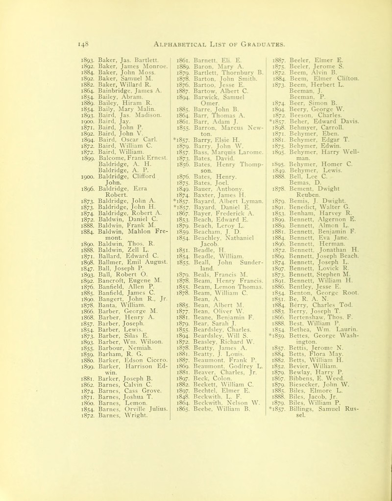 1893. Baker, Jas. Bartlett. 1892. Baker, Janies Monroe. 1884. Baker, John Moss. 1892. Baker, Samuel M. 1882. Baker, Willard R. 1864. Bainbridge, Janies A. 1854. Bailey, Abram. 1889. Bailey, Hiram R. 1854. Baily, Mary Malin. 1893. Baird, Jas. Madison. 1900. Baird, Jay. 1871. Baird, John P. 1892. Baird, John V. 1894. Baird, Oscar Carl. 1872. Baird, William C. 1872. Baird, William. 1899. Balcome, Frank Ernest. Baldridge, A. H. Baldridge, A. P. 1900. Baldridge, Clifford John. 1896. Baldridge, Ezra Robert. 1873. Baldridge, John A. 1873. Baldridge, John PI. 1874. Baldridge, Robert A. 1872. Baldwin, Daniel C. 1888. Baldwin, Frank M. 1884. Baldwin, Mahlon Fre- mont. 1890. Baldwin, Thos. R. 1888. Baldwin, Zell L. 1871. Ballard, Edward C. 1898. Ballmer, Emil August. 1847. Ball, Joseph P. 1893. Ball, Robert O. 1892. Bancroft, Eugene M. 1876. Banfield, Allen P. 1885. Banfield, James C. 1890. Bangert. John R., Jr. 1878. Banta, William. 1866. Barber, George M. 1868. Barber, Henry A. 1857. Barber, Joseph. 1854. Barber, Lewis. 1873. Barber, Silas E. 1893. Barber, Wm. Wilson. 1855. Barbour, Nemiah. 1859. Barham, R. G. 1880. Barker, Edson Cicero. 1899. Barker, Harrison Ed- win. 1881. Barker, Joseph B. 1862. Barnes, Calvin C. 1874. Barnes, Cass Grove. 1871. Barnes, Joshua T. 1860. Barnes, Lemon. 1854. Barnes. Orville Julius. 1872. Barnes, Wright. 1861. Barnett. Eli. E. 1889. Baron, Mary A. 1879. Bartlett. Thornbury B. 1878. Barton. John Smith. 1876. Bartoo. Jesse E. 1887. Bartow. Albert C. 1894. Barwick, Samuel Omer. 1885. Barre. John B. 1864. Barr, Thomas A. 1861. Barr, Adam J. 1855. Barron. Marcus New- ton. *1857. Barry, Elsie H. 1879. Barry. John W. 1857. Bass, Marquis Larome. 1873. Bates, David. 1856. Bates, Henry Thomp- son. 1876. Bates, Henry. 1875. Bates, Joel. 1849. Bauer, Anthony. 1874. Baxter, James H. *1857. Bayard. Albert Lyman. *1857. Bayard. Daniel E. 1867. Bayer, Frederick A. 1853. Beach, Edward E. 1879. Beach, Leroy L. 1859. Beacham. J. D. 1854. Beachley. Nathaniel Jacob. 1851. Beadle, H. 1854. Beadle, William. 1855. Beall, John Sunder- land. 1879. Beals, Francis M. 1878. Beam, Henry Francis. 1855. Beam, Lemon Thomas. 1878. Beam, William C. Bean, A. 1885. Bean, Albert M. 1877. Bean. Oliver W. 1881. Beane, Beniamin F. 1879. Bear. Sarah J. 1855. Beardsley, Charles. 1894. Beardsley. Will S. 1872. Beasley. Richard W. 1878. Beatty, James A. 1881. Beatty, j. Louis. 1887. Beaumont. Frank P. 1869. Beaumont. Godfrey L. 1881. Beaver. Charles, Jr. 1897. Beck, Colon. 1882. Beckett, William C. 1897. Bechtel. Elmer E. 1848. Beckwith. L. F. 1864. Beckwith. Nelson W. 1865. Beebe, William B. 1887. Beeler, Elmer E. 1875. Beeler, Jerome S. 1872. Beem, Alvin B. 1884. Beem, Elmer Clifton. 1873. Beem, Herbert L. Beeman. J. Beeman. P. 1874. Beer, Simon B. 1894. Beery, George W. 1872. Beeson, Charles. *1857. Beher, Edward Davis. 1898. Behmyer, Carroll. 1871. Behymer, Eben. 1881. Behymer, Edgar T. 1875. Behymer, Edwin. 1895. Behymer, Harry Well- man. 1S95. Behymer, Homer C. 1849. Behymer, Lewis. 1888. Bell. Lee C. Bemas, D. 1878. Bement. Dwight Reuben. 1879. Bemis, J. Dwight. 1891. Benedict, Walter G. 1853. Benham, Harvey R. 1899. Bennett, Algernon E. 1889. Bennett, Almon L. 1881. Bennett, Benjamin F. 1884. Bennett, Eva Jane. 1896. Bennett, Herman. 1872. Bennett. Jonathan H. 1869. Bennett, Joseph Beach. 1S74. Bennett, Joseph L. 1897. Bennett, Lovick R. 1873. Bennett, Stephen M. 1891. Bennett, William H. 1886. Bentley, Jesse E. 1854. Benton, George Root. 1851. Be. R. A. N. 1884. Berry, Charles Tod. 1883. Berry, Joseph T. 1866. Bertenshaw. Thos. F. 1S88. Best. William P. 1S54. Rethea, Wm. Laurin. *1859. Bettes, George Wash- ington. 1857. Bettis, Jerome N. 1884. Betts, Flora May. 1882. Betts, William H. 1852. Bevier, William. 1879. Bewlay, Harry P. 1867. Bibbens, E. Weed. 1879. Biesecker, John W. 1885. Biles, Elmore L. 1888. Biles. Jacob. Jr. 1879. Biles, William P. *i8=;7. Billings, Samuel Rus- sel.