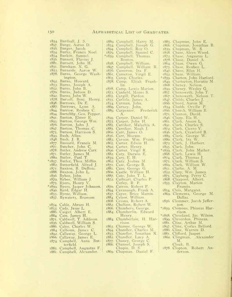 1854. Burdsall, J. S. 1897. Burge. Aaron D. 1856. Burger, Jacob. 1854. Burke, Francis Noel. 1854. Burkitt, Samuel. 1856. Burnett, Flavius J. 1881. Burnett. John H. 1851. Burnham. N. G. 1853. Burnside. Aaron VV. 1878. Bums, George Wash- ington. 1892. Burns. Howard. 1853. Burns, Joseph A. 1852. Burns, John B. 1870. Burns. Judson D. 1892. Burns, John W. 1878. Buriell, Benj. Henry. 1898. Burrows. De E. 1887. Burrows, Lynn A. 1894. Burrow, Reuben C. 1894. Burtchby. Geo. Pepper. 1891. Burton, Elmer E. 1893. Burton, George Wm. 1876. Burton. John J. 1897. Burton, Thomas C. 1875. Burson, Harrison S. 1899. Bush, Allen. 1848. Bush, J. R. 1877. Bussard. Francis M. 1871. Butcher, John C. 1878. Butler, Andrew Carr. 1871. Butler, James M. 1880. Butler, Paul T. *1857. Butler, Thos. Mifflin. 1882. Butterfield. Alfred J. 1871. Buxton, B. DuBois. 1888. Buxton. John L. 1856. Bybee, John. 1879. Bybee, William J. 1875. Byers, Henry V. *1859. Byers, Jasper Johnson. 1890. Byrd. Edgar H. 1855. Byrne, William. 1857. Bywaters, Branson. 1854. Cable, Abram H. ‘1853. Cady, Jesse L. 1886. Caiger, Albert E. 1884. Cain. James H. 1871. Caldwell, T. Addison. 1856. Caldwell. William S. 1886. Caley, Charles W. 1884. Calhoun, James C. 1892. Callaway, George L. 1866. Callaway. James E. 1874. Campbell, Anna But- terfield. 1885. Campbell, Augustus F. 1881. Campbell, Alexander. 1854. 1894. 1879. *1859. 1878. 1873. 1865. 1855. 1854- 1869. i860. 1856. 1883. 1859. 1862. 1871. 1881. 1860. 1887. 1872. 1870. 1894. 1857. 1884. 1863. 1894. 1855. Campbell. Harry M. Campbell. Joseph G. Campbell. Roy O. Campbell. Samuel C. Campbell, Thomas Benton. Campbell. William. Campbell. William R. Cameron, Ira F. Cameron. Virgil E. Camp. Charles. Camp. Elijah Frank- lin. Camp. Lewis Marion. Canfield. Moses S. Cargill. Pardon. Carlisle, James A. Carman. John. Carney, John. Carpenter. Frederick A. Carper. Daniel W. Carper. John H. Carriker, Malachia A. Carriker, Noah J. Carr, James O. Carr, Slocum. Carson, Wm. Frank. Carter. Edwin H. Carter. Henry. Carter. Virgil R. Cary, Darwin E. Cary, E. H. Cary. Joshua M. Case, George B. Case. George G. Castle, William H. Cate. John T. L. Cathcart. Charles P. Catley. R. P. Catron, Robert P. Cavanaugh, Frank A. Cayce. Brice Martin. Celsor, William. Cessna. Robert A. Chalfant, Robert W. Chambers. George. Chamberlin. Edward Henry. Chamberlain. H. Har- rison. Chamoe. George W. Chandler. Charles M. Chandler. Jonathan N. Chandler. Lucy A. Chaney. George C. Channel. Joseph S. Chapin. D. S. Chapman. Daniel F. 1866. 1859. 1858. 1872. 1878. is,4. 1875- 1847- 1852. *1859. 1849- 1868. 1899. 1867. 1867. 1847. 1866. 1854- 1866. 1871. 1846. 1861. 1891. 1872. 1880. 1872. 1895- *1859- 1868. 1874. 1871. 1869. 1851. 1852. 1875. 1868. 1855- 1856. *1859. *1858. 1899. 1881. 1897- i860. 1878. Chapman. John E. Chapman. Jonathan B. Chapman, W. S. Chase. Alven Wood. Chase. Augustus L. Chase. Daniel A. Chase. Owen G. Chase. Reuben L. Chase, Silas H. Chase, William. Chatten, John Harford. Chattexton. Horatio M. Cheney. Nelson. Cheney. Wesley G. Chenoweth. John T. Chenoweth. Nelson T. Childs. Charles J. Chord, Aaron M. Chubb. Orville P. Church. William B. Clanton. David. Clapp. Ela H. Clark. Anson L. Clark. Charles S. Clark. Cicero V. Clark. Crawford B. Clark. George W. Clark. Ira W. Clark. J. Herbert. Clark. John. Clark. John Mather. Clark. Lewis H. Clark. Thomas J. Clark, William S. Clark. William W. Clarke. A. M. Clary, Wm. James. Clayberg. Perry C. Claypool, Albert. Clayton. Marion Francis. Cleis, Margaret. Clements. George M. Dallas. Clemmer, Jacob Jeffer- Clemons, Phineas Har- rison. Cleveland, Jas. Wilson. Cleverdon. Phineas. Cline, Arthur M. Cline, Cories Belford. Cline, Warren D. Clifford, Jasper. Clingman. Alexander M. Cloak. B. Clopton, Robert An- derson.