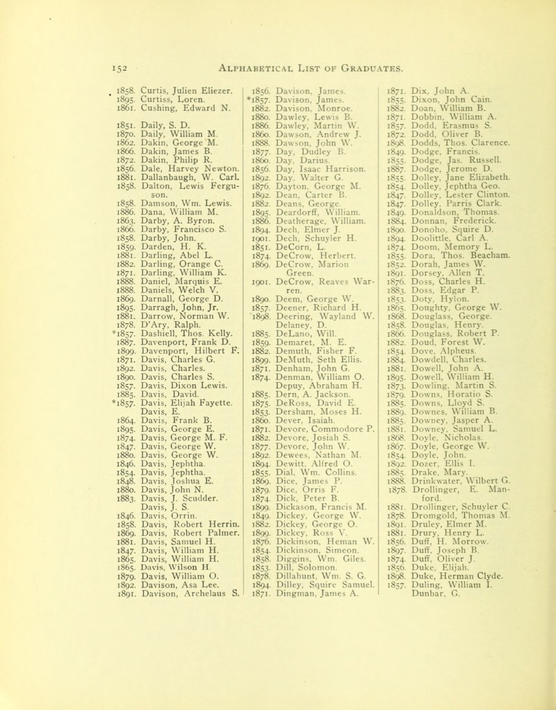 1858. Curtis, Julien Eliezer. 1895. Curtiss, Loren. 1861. Cushing, Edward N. 1851. Daily, S. D. 1870. Daily, William M. 1862. Dakin, George M. 1866. Dakin, James B. 1872. Dakin, Philip R. 1856. Dale, Harvey Newton. 1881. Dallanbaugh, W. Carl. 1858. Dalton, Lewis Fergu- son. 1858. Damson, Wm. Lewis. 1886. Dana, YVilliam M. 1863. Darby, A. Byron. 1866. Darby, Francisco S. 1858. Darby, John. 1859. Darden, H. K. 1881. Darling, Abel L. 1882. Darling, Orange C. 1871. Darling, William K. 1888. Daniel, Marquis E. 1888. Daniels, Welch V. 1869. Darnall, George D. 1895. Darragh, John, Jr. 1881. Darrow, Norman W. 1878. D’Ary, Ralph. *1857. Dashiell, Thos. Kelly. 1887. Davenport, Frank D. 1899. Davenport, Hilbert F. 1871. Davis, Charles G. 1892. Davis, Charles. 1890. Davis, Charles S. 1857. Davis, Dixon Lewis. 1885. Davis, David. *1857. Davis, Elijah Fayette. Davis, E. 1864. Davis, Frank B. 1895. Davis, George E. 1874. Davis, George M. F. 1847. Davis, George W. 1880. Davis, George W. 1846. Davis, Jephtha. 1854. Davis, Jephtha. 1848. Davis, Joshua E. 1880. Davis, John N. 1883. Davis, J. Scudder. Davis, J. S. 1846. Davis, Orrin. 1858. Davis, Robert Herrin. 1869. Davis, Robert Palmer. 1881. Davis, Samuel H. 1847. Davis, William H. 1865. Davis, William H. 1865. Davis, Wilson H. 1879. Davis, William O. 1892. Davison, Asa Lee. 1891. Davison, Archelaus S. 1856. Davison, James. *1857. Davison, James. 1882. Davison, Monroe. 1880. Dawley, Lewis B. 1886. Dawley, Martin W. i860. Dawson, Andrew J. 1888. Dawson, John W. 1877. Day, Dudley B. i860. Day, Darius. 1856. Day, Isaac Harrison. 1892. Day, Walter G. 1876. Dayton, George M. 1892. Dean, Carter B. 1882. Deans. George. 1895. Deardorff, William. 1886. Deatherage, William. 1894. Dech, Elmer J. 1901. Dech, Schuyler H. 1851. DeCorn, L. 1874. DeCrow, Herbert. 1869. DeCrow, Marion Green. 1901. DeCrow, Reaves War- ren. 1890. Deem, George W. 1857. Deener, Richard H. 1898. Deering, Wayland W. Delaney, D. 1885. DeLano, Will. 1859. Demaret, M. E. 1882. Demuth, Fisher F. 1899. DeMuth, Seth Ellis. 1871. Denham, John G. 1874. Denman, William O. Depuy, Abraham H. 1885. Dern, A. Jackson. 1875. DeRoss, David E. 1853. Dersham. Moses H. 1860. Dever, Isaiah. 1871. Devore, Commodore P. 1882. Devore, Josiah S. 1877. Devore, John W. 1892. Dewees, Nathan M. 1894. Dewitt. Alfred O. 1855. Dial, Wm. Collins. 1869. Dice, James P. 1879. Dice, Orris F. 1874. Dick, Peter B. 1899. Dickason, Francis M. 1849. Dickey. George W. 1882. Dickey. George O. 1899. Dickey, Ross Y. 1876. Dickinson, Heman W. 1854. Dickinson, Simeon. 1858. Diggins. Wm. Giles. 1853. Dill, Solomon. 1878. Dillahunt, Wm. S. G. 1894. Dilley. Squire Samuel. 1871. Dingman, James A. 1871. Dix, John A. 1855. Dixon, John Cain. 1882. Doan, William B. 1871. Dobbin, William A. 1857. Dodd. Erasmus S. 1872. Dodd, Oliver B. 1898. Dodds, Thos. Clarence. 1849. Dodge, Francis. 1855. Dodge, Jas. Russell. 1887. Dodge, Jerome D. 1855. Dolley, Jane Elizabeth. 1854. Dolley, Jephtha Geo. 1847. Dolley, Lester Clinton. 1847. Dolley. Parris Clark. 1849. Donaldson, Thomas. 1884. Donnan, Frederick. 1890. Donoho, Squire D. 1894. Doolittle, Carl A. 1874. Doom, Memory L. 1855. Dora. Thos. Beacham. 1852. Dorah, James W. 1891. Dorsey, Allen T. 1876. Doss, Charles H. 1883. Doss, Edgar P. 1853. Doty, Hylon. 1865. Doughty, George W. 1868. Douglass, George. 1858. Douglas, Henry. 1866. Douglass, Robert P. 1882. Doud, Forest W. 1854. Dove. Alpheus. 1884. Dowdell. Charles. 1881. Dowell, John A. 1895. Dowell, William H. 1873. Dowling. Martin S. 1879. Downs, Horatio S. 1885. Downs, Lloyd S. 1889. Downes. William B. 1885. Downey, Jasper A. 1881. Downey. Samuel L. 1868. Doyle, Nicholas. 1867. Doyle, George W. 1854. Doyle, John. 1892. Dozer, Ellis I. 1885. Drake. Mary. 1888. Drinkwater, Wilbert G. 1878. Drollinger, E. Man- ford. 1881. Drollinger, Schuyler C. 1878. Dromgold. Thomas M. 1891. Druley, Elmer M. 1881. Drury, Henry L. 1856. Duff, H. Morrow. 1897. Duff. Joseph R. 1874. Duff. Oliver J. 1856. Duke. Elijah. 1898. Duke, Herman Clyde. 1857. Duling, William I. Dunbar, G.