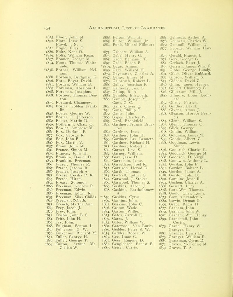 1875. Floor, John M. 1892. Flora, Jesse S. Floyd, J. N. 1871. Fogle, Elias T. 1886. Foltz, Kent O. *1859. Foltz, William Kean. 1897. Fonner, George M. 1854. Foote, Thomas White- side. *1858. Forbes, William Nel- son. 1868. Forbush, Bridgman G. 1896. Ford, Edgar David. 1881. Forden, William B. 1869. Foreman, Absalom L. 1868. Foreman, Josephus. 1868. Fortner, Thomas Ben- ton. 1875. Forward. Chauncey. 1884. Foster, Golden Frank- lin. 1848. Foster, George W. 1882. Foster, H. Jefferson. 1882. Foster, Martin D. 1890. Fothergill, Chas. O. 1890. Fowler, Ambrose M. 1881. Fox, Dorland P. 1877. Fox, George R. 1891. Fox, John F. 1896. Fox, Martin V. 1857. Fraim, John M. 1894. France, Simon M. 1875. Francis, John H. 1850. Franklin. Daniel D. 1853. Franklin, Freeman. 1864. Fraser, Thomas R. 1867. Frazer, Jerome B. 1886. Frazier, Joseph A. 1855. Frease, Cecilia P. R. 1855. Frease, Hiram. 1854. Frease, Solomon. 151866. Freeman, Andrew P. 1856. Freeman, Edwin. 1889. Freeman, Edwin R. 1855. Freeman, Silas Childs. 1848. Freeman, Zoheth. 1855. French, Martha Ann. 1869. Frey, Jacob J. 1870. Frey, John. 1853. Frisbie, John B. S. 1881. Fritz. John H. 1867. Fry, John. 1868. Fulgham, Fenton L. 1859. Fulkerson, G. W. 1870. Fulkerson, Richard M. 1857. Fuller, George H. 1889. Fuller, George T. 1894. Fulton, Arthur Mc- rUnHo., \\r 1888. Fulton. Wm. H. 1865. Fulton, William. Jr. 1884. Funk, Millard Fillmore 1875. Gabbert. William A. 1875. Gabel, Henry G. 1865. Gadd, Benjamin T. 1897. Gadd, Edson E. *1859. Gage, Almon. 1899. Gage. Willard H. 1874. Gagstatter, Charles A. 1897. Gaige, Elmer M. 1876. Galbreath, Robert L. 1888. Galley, Jonathan F. 1852. Galloway. Jos. S. 1847. Gallup, B. A. 1889. Gamble. Ellsworth. 1880. Gamble. Joseph M. Gans, G. C. 1854. Gans, Oliver C. 1854. Gans, Phillip T. 1872. Gants, John. 1869. Gapen, Charles W. 1865. Gard. Brookfield. 1848. Gardner, Francis Bray- ton. 1889. Gardner. Jesse. 1883. Gardner. John H. 1899. Gardner. Lee Bennett. 1883. Gardner, Richard H. 1855. Gardner. Robert D. i860. Garner, Levi S. 1882. Garner, William. 1896. Garr, Jesse D. 1849. Garretson, Jesse. 1881. Garrettson. Joel R. 1857. Garrison. Herod D. 1866. Garth, Thomas. 1854. Gaxtrell. Luther S. 1873. Garwood. J. Stokes. 1866. Garwood. Thomas S. 1869. Gaskins. Aaron J. 1868. Gaskins, Bartholomew A. *1859. Gaskins. Cyrus. i860. Gaskins, John. 1882. Gaskins. John C. 1896. Gaston, Wade. 1884. Gaston. Willie 1873. Gates, Carroll E. 1859. Gates, J. 1853. Gates, William W. 1860. Gatewood, Van Burks. 1886. Geddes, Peter S. W. 1854. Geddes. Robert W. 1865. Gee, Isaac G. 1891. Geer, Eugene D. 1881. Genglcbach. Ernest E. 1887. Geisel. Carrie. 1881. Gelineau, Arthur A. 1878. Gelineau. Charles W. 1872. Gemmill, William T. 1877. George, William Har- 1873. Gerald. Francis L. 1871. Gere. George G. 1887. Gerlach, Peter J. 1855. Gerrish, James Wm. F. 1854. Gibbs, George Lundy. 1891. Gibbs, Oliver Hubbard. 1882. Gibson. William S. 1873. Gideon. David C. 1856. Giftin, James Hervey. 1847. Gilbert. Chauncey G. 1876. Gilkerson, Milo J. 1899. Gilmore, Louis Leon- ard. 1852. Gilroy, Patrick. 1891. Ginther, David. 1886. Givens, Amos J. 1878. Gleason. Horace Fran- 1883. Glenn, William S. 1895. Glenn, Thomas O. 1849. Glick, George. 1858. Goldin. William. i8g6. Goldman. James M. 1899. Goode, Albert C. 1878. Goodman, Lewis Shupe. 1856. Goodrich, Charles G. 1883. Goodrick, George M. 1888. Goodson, D. Virgil. 1878. Goodwin, Anthony L. 1855. Gordan, John F. 1891. Gordon. Baltzer L. 1849. Gordon, James A. 1878. Gordon, John B. 1890. Gorsline, Jesse R. 1863. Goshen. Charles A. 1886. Gossett. Lucy. 1878. Gott, Wm. Thomas. 1858. Gould. Chas. Louis. 1873. Gow. Alexander N. 1882. Gowin, Orman G. 1899. Grace, Regis H. 1877. Graham, John. 1872. Graham. John W. 1901. Graham. Wm. Henry. 1899. Grandstaff, John Curtis. 1875. Granel. Henry W. Granger, G. 1882. Granger. Lewis E. 1875. Granger. William R. 1885. Grassman. Cyrus D. 1873. Graves. McKenzie M. 1859. Graves, T. A.