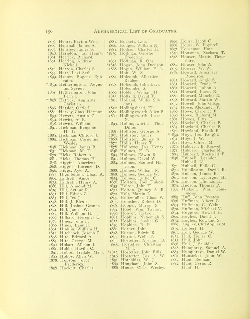 1856. Henry, Peyton Wm. i860. Henshall, James A. 1867. Hensley, James S. 1848. Herndon, Jas. Henry. 1891. Herrick, Richard. 1895. Herring. Andrew Nickell. 1874. Herron, Charles S. 1855. Herr, Levi Seth. 1899. Hester, Eugene Eph- raim. *1859. Hetherington, Augus- tus Sevier. 1891. Hetherington, John Perrill. *1858. Hetrick, Augustus Christian. 1896. Hetsler, Orrie I. 1884. Hervey, Chas. Hermon. 1853. Hewett, Austin C. 1859. Hewitt, A. B. 1858. Hewitt, William. 1891. Hickman, Beniamin H., Jr. 1889. Hickman. Clifford J. 1884. Hickman, Cornelius Wesley. 1848. Hickman, James B. 1851. Hickman, M. D. 1870. Hicks, Robert A. 1881. Hicks, Thomas H. 1878. Higgins, Americus. 1868. Higgins, Lorenzo D. 1896. Higgs, Ayer A. 1883. Higinbotom, Chas. A. 1869. Hildreth, Amos. 1873. Hildreth, Henry A. 1868. Hill, Almond M. 1879. Hill, Arthur R. 1891. Hill. Edwin C. 1885. Hill, Ira J. 1858. Hill, J. Elexis. 1878. Hill, Joshua Gesner. 1874. Hill, James W. 1887. Hill, William H. 1900. Hilliard. Hercules C. 1878. Hines, John F. 1890. Hines. Lemuel. 1891. Hinklin. William H. 1853. Hitchcock. Joseph G. 1898. Hite, Edward A. 1885. Hite, Gecrge M. 1890. Hobart, Allison L. 1881. Hobbs. Havilla C. 1891. Hobbs, Iredale Mary. 1899. Hobby, Allen W. 1878. Hobson, Joyce Frederica. 1858. Hockett, Charles. 1881. Hockett, Lou. 1866. Hodges. William N. 1881. Hodson, Charles H. ‘1859. Hoffman, George Frederick. 1891. Hoffman. R. Ora. *1858. Hogan, John Davison. 1868. Hogin, William E. L. Hoit, W. S. 1884. Holcomb, Albertice j Reuben. 1878. Holcomb, John Levi. Holcombe. S. 1900. Holden, William H. 1853. Holland, David T. 1854. Holland, Willis Sid- dons. 1872. Hollingshead, Eli. 1887. Hollingsworth. Allen S. i860. Hollingsworth, Isaac N. 1893. Hollingsworth. Thos. Dillon. 1881. Hollister, George A. 1853. Hollister, James. 1868. Hollister, Quincy A. 1872. Hollis, Henry T. 1878. Holloway. Jos. Henry. 1848. Holmes, E. B. 1894. Holmes, Edwin R. 1891. Holmes, David W. 1884. Holmes, Sanford Har- rison. 1888. Holmes, William N. 1868. Holmes, George W. 1854. Holmes, Luther C. 1896. Holston. Joel Dubois. 1855. Holton, John H. 1871. Holton. Quincy A. R. 1872. Holt, Martin L. 1899. Holtzmuller. Chas. W. 1877. Homsher. Robert D. 1868. Hooper. Marion S. 1884. Hood. Wm. Taylor. 1880. Hoover, Jackson. 1881. Hopkins. Nehemiah S. 1877. Hopkins. Asahel G. 1849. Hopkins. R. R. 1880. Horner, John. 1878. Horton, Edwin R. 1893. Horton. Wells F. 1855. Hostetler. Absalom B. 1866. Hostetler, Christian M. L. *1857. Hostetler. John Ellis 1856. Hostetter, Jos. A. W. 1851. Hotchkiss. W. J. 1869. Hougham. John S. 1886. House, Chas. Wesley. 1890. House, Jacob C. 1868. House, W. Poyntell. 1897. Houseman, Kate. 1870. Housman. Zachara T. 1878. Houser, Martin Theo- dore. 1882. Houser. John A. 1859. Howser, W. W. 1878. Howard. Almanzer Ronelson. 1885. Howard. Angie S. 1885. Howard, Frank E. 1867. Howard. Labon A. 1871. Howard, Lucas R. 1880. Howard. Manchie E. 1858. Howard, Martin W. 1852. Howell, John Gilson. 1852. Howe, Alexander T. 1890. Howe, Clarence F. 1889. Howe. Richard M. 1881. Howes, Pitts E. 1890. Howland, Charles E. 1865. Howland, Charles E. 1874. Howland, Frank P. *1859. Hoyt, Jos. Knight. 1851. Hoyt, J. W. 1871. Hoyt. Oliver M. 1879. Hubbard, B. Roswell. 1871. Hubbard, Charles M. 1884. Hubbard, Rockwell B. 1846. Hubbell, Leander. Hubbell, N. 1871. Hubbell. Philo C. 1871. Huddleston, David B. 1870. Hudson, James B. 1865. Hudson, Lycurgus H. 1879. Hudson. Thomas H. 1879. Hudson, Thomas P. 1884. Hudson. Wm. Com- mons. 1885. Huff. John Preston. 1896. Huffman. Albert G. 1894. Huffman, C. Wain. 1870. Huffman, Michael V. 1854. Huggins, Howell H. 1899. Hughes, David J. 1872. Hughes, Rowland S. 1869. I 'ughev. Christopher M. 1859. Hulbert, H. 1861. Hull. George W. 1852. Hull. Henry C. 1853. Hull. John. 1896. Hull. J. Scudder. 1848. Humphrey, Samuel A. 1883. Humphreys, Daniel W. 1864. Hunsicker. John W. 1887. Hunt, Benham. 1882. Hunt. Cvrus R. Hunt, H.