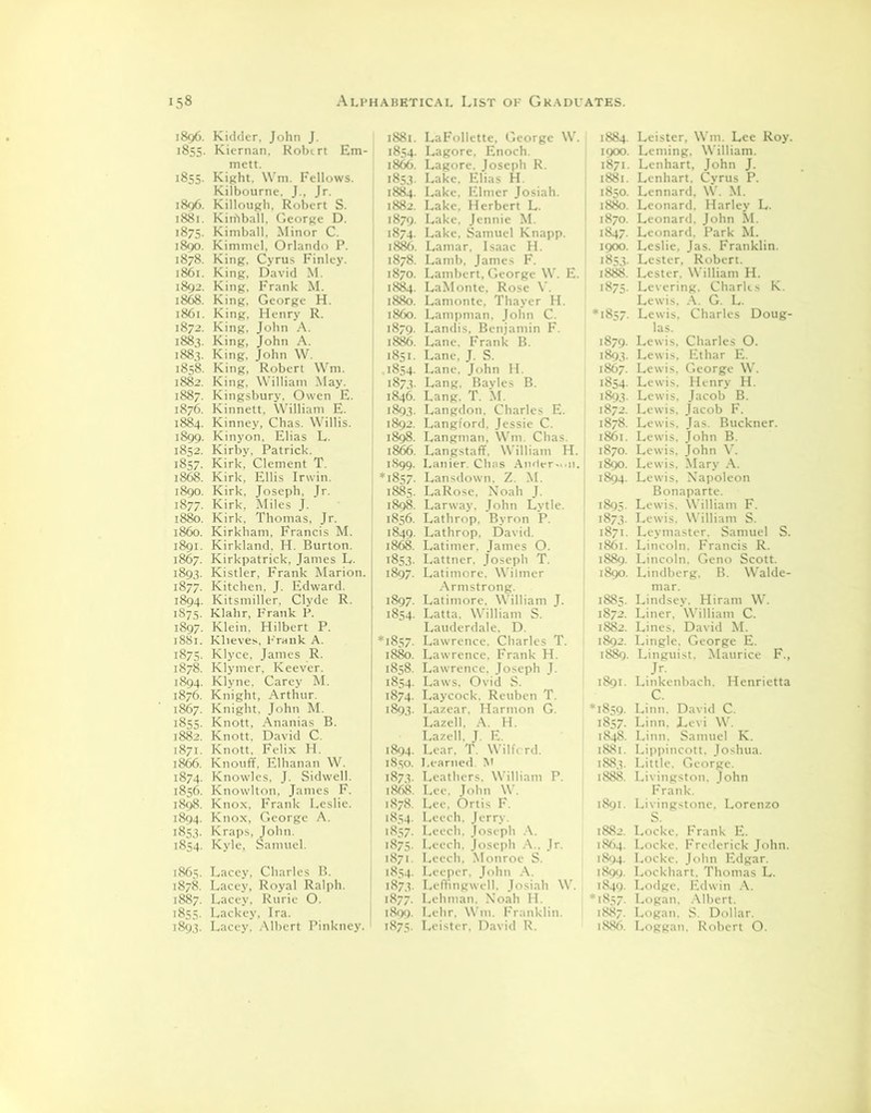 1896. Kidder, John J. 1855. Kiernan, Robert Em- mett. 1855. Right. VVm. Fellows. Kilbourne. J., Jr. 1896. Killough, Robert S. 1881. Kinlball. George D. 1875. Kimball, Minor C. 1890. Kimmel, Orlando P. 1878. King, Cyrus Finley. 1861. King, David M. 1892. King, Frank M. 1868. King, George H. 1861. King. Henry R. 1872. King, John A. 1883. King, John A. 1883. King, John W. 1858. King, Robert VVm. 1882. King. William May. 1887. Kingsbury. Owen E. 1876. Kinnett, William E. 1884. Kinney, Chas. Willis. 1899. Kinyon, Elias L. 1852. Kirby, Patrick. 1857. Kirk, Clement T. 1868. Kirk, Ellis Irwin. 1890. Kirk, Joseph, Jr. 1877. Kirk, Miles J. 1880. Kirk, Thomas, Jr. i860. Kirkham, Francis M. 1891. Kirkland. H. Burton. 1867. Kirkpatrick, James L. 1893. Kistler, Frank Marion. 1877. Kitchen, J. Edward. 1894. Kitsmiller, Clyde R. 1875. Klahr, Frank P. 1897- Klein. Hilbert P. 1881. Klieves, Frank A. 1875. Klyce, James R. 1878. Klymer, Keev'er. 1894. Klyne, Carey M. 1876. Knight, Arthur. 1867. Knight, John M. 1855. Knott, Ananias B. 1882. Knott, David C. 1871. Knott, Felix H. 1866. Knouff, Elhanan W. 1874. Knowles, J. Sidwell. 1856. Knowlton, James F. 1898. Knox, Frank Leslie. 1894. Knox, George A. 1853. Kraps, John. 1854. Kyle, Samuel. 1865. Lacey, Charles B. 1878. Lacey, Royal Ralph. 1887. Lacey, Rurie O. 1855. Lackey, Ira. 1893. Lacey, Albert Pinkney. 1881. LaFollette, George W. 1854. Lagore. Enoch. 1866. Lagore. Joseph R. 1853. Lake, Elias H. 1884. Lake. Elmer Josiah. 1882. Lake. Herbert L. 1879. Lake, Jennie M. 1874. Lake. Samuel Knapp. 1886. Lamar. Isaac H. 1878. Lamb, James F. 1870. Lambert, George W. E. 1884. LaMonte, Rose V. 1880. Lamonte, Thayer H. i860. Lampman, John C. 1879. Landis, Benjamin F. 1886. Lane, Frank B. 1851. Lane, J. S. 1854. Lane. John H. 1873. Lang. Bayles B. 1846. Lang. T. M. 1893. Langdon. Charles E. 1892. Langford, Jessie C. 1898. Langman, Win. Chas. 1866. Langstaff. William H. 1899. Lanier. Chas A1ulcr-.11. *1857. Lansdown. Z. M. 1885. LaRose. Noah J. 1898. Larway. John Lytle. 1856. Lathrop, Byron P. 1849. Lathrop. David. 1868. Latimer. James O. 1853. Lattner. Joseph T. 1897. Latimore. Wilmer Armstrong. 1897. Latimore. William J. 1854. Latta. William S. Lauderdale. D. *1857. Lawrence. Charles T. 1880. Lawrence. Frank H. 1858. Lawrence. Joseph J. 1854. Laws. Ovid S. 1874. Laycock. Reuben T. 1893. Lazear. Harmon G. Lazell, A. H. Lazell. J. E. 1894. Lear. T. Wilfcrd. 1850. I.earned. M 1873. Leathers. William P. 1868. Lee. John W. 1878. Lee. Ortis F. 1854. Leech. Jerry. 1857. Leech. Joseph A. 1875. Leech. Joseph A.. Jr. 1871. Leech, Monroe S. 1854. Leeper. John A. 1873. Leffingwell. Josiah W. 1877. Lehman. Noah H. 1899. Lehr. Win. Franklin. 1875. Leister. David R. 1884. Leister, Win. Lee Roy. 1900. Leming, William. 1871. Lenhart, John J. 1881. Lenhart. Cyrus P. 1850. Lennard, W. M. 1880. Leonard. Harley L. 1870. Leonard. John M. 1847. Leonard. Park M. 1900. Leslie, Jas. Franklin. 1853. Lester, Robert. 1888. Lester. William H. 1875. Levering. Charles K. Lewis. A. G. L. *1857. Lewis. Charles Doug- las. 1879. Lewis. Charles O. 1893. Lewis, Ethar E. 1867. Lewis, George W. 1854. Lewis. Henry H. 1893. Lewis, Jacob B. 1872. Lewis. Jacob F. 1878. Lewis. Jas. Buckner. 1861. Lewis, John B. 1870. Lewis. John V. 1890. Lewis. Mary A. 1894. Lewis. Napoleon Bonaparte. 1895. Lewis. William F. 1873. Lewis. William S. 1871. Leymaster. Samuel S. 1861. Lincoln. Francis R. 1889. Lincoln. Geno Scott. 1890. Lindberg. B. Walde- mar. 1885. Lindsey. Hiram W. 1872. Liner. William C. 1882. Lines. David M. 1892. Lingle. George E. 1889. Linguist, Maurice F., Jr- 1891. Linkenbach. Henrietta C. *1859. Linn. David C. 1857. Linn. Levi W. 1848. Linn. Samuel K. 1881. Lippincott, Joshua. 1883. Little. George. 1888. Livingston, John Frank. 1891. Livingstone, Lorenzo S. 1882. Locke. Frank E. 1864. Locke. Frederick John. 1894. Locke. John Edgar. 1899. Lockhart. Thomas L. 1849. Lodge. Edwin A. *1857. Logan. Albert. 1887. Logan. S. Dollar. 1886. Loggan. Robert O.