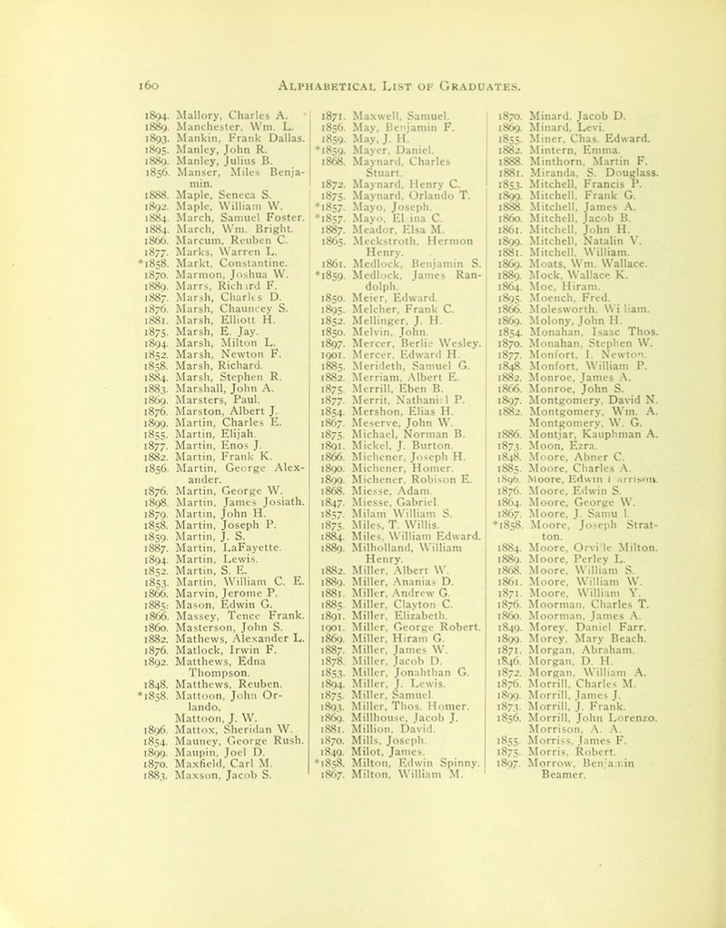 1894. Mallory, Charles A. 1889. Manchester, Win. L. 1893. Mankin, Frank Dallas. 1895. Manley, John R. 1889. Manley, Julius B. 1856. Manser, Miles Benja- min. 1888. Maple, Seneca S. 1892. Maple, William W. 1884. March, Samuel Foster. 1884. March, Wm. Bright. 1866. Marcum, Reuben C. 1877. Marks, Warren L. K1858. Markt, Constantine. 1870. Marmon, Joshua W. 1889. Marrs, Richard F. 1887. Marsh, Charles D. 1876. Marsh, Chauncey S. 1881. Marsh, Elliott H. 1875. Marsh, E. Jay. 1894. Marsh, Milton L. 1852. Marsh, Newton F. 1858. Marsh, Richard. 1884. Marsh, Stephen R. 1883. Marshall, John A. 1869. Marsters, Paul. 1876. Marston, Albert J. 1899. Martin, Charles E. 1855. Martin, Elijah. 1877. Martin, Enos J. 1882. Martin, Frank K. 1856. Martin, George Alex- ander. 1876. Martin, George W. 1898. Martin, James Josiath. 1879. Martin, John H. 1858. Martin, Joseph P. 1859. Martin, J. S. 1887. Martin, LaFayette. 1894. Martin, Lewis. 1853. martin, vv 1111am a. 1866. Marvin, Jerome P. 1885: Mason, Edwin G. 1866. Massey, Tence Frank. i860. Masterson, John S. 1882. Mathews, Alexander L. 1876. Matlock, Irwin F. 1892. Matthews, Edna Thompson. 1848. Matthews, Reuben. ‘1858. Mattoon, John Or- lando. Mattoon, J. W. 1896. Mattox, Sheridan W. 1854. Mauney, George Rush. 1899. Maupin, Joel D. 1870. Maxfield, Carl M. 1883. Maxson. Jacob S. 1871. Maxwell, Samuel. 1856. May, Benjamin F. 1859. May, J. H. *1859. Mayer, Daniel. 1868. Maynard, Charles Stuart. 1872. Maynard, Henry C. 1875. Maynard. Orlando T. *1857. Mayo, Joseph. *1857. Mayo, El ina C. 1887. Meador, Elsa M. 1865. Meckstroth, Hermon Henry. 1861. Medlock. Benjamin S. *1859. Medlock, James Ran- dolph. 1850. Meier, Edward. 1895. Melcher, Frank C. 1852. Mellinger, J. H. 1850. Melvin. John. 1897. Mercer, Berlie Wesley. 1901. Mercer. Edward H. 1885. Merideth, Samuel G. 1882. Merriam, Albert E. 1875. Merrill, Eben B. 1877. Merrit, Nathani-. 1 P. 1854. Mershon, Elias H. 1867. Meserve, John W. 1875. Michael, Norman B. 1891. Mickel, J. Burton. 1866. Michener, Joseph H. 1890. Michener, Homer. 1899. Michener. Robison E. 1868. Miesse, Adam. 1847. Miesse. Gabriel. 1857. Milam William S. 1875. Miles, T. Willis. 1884. Miles. William Edward. 1889. Milholland, William Henry. 1882. Miller, Albert W. 1889. Miller, Ananias D. 1881. Miller, Andrew G. 1885. Miller, Clayton C. 1891. Miller, Elizabeth. 1901. Miller, George Robert. 1869. Miller, Hiram G. 188;. Miller, .lame- W 1878. Miller, Jacob D. 1853. Miller, Jonahthan G. 1894. Miller, J. Lewis. 1875. Miller, Samuel 1893. Miller, Thos. Homer. 1869. Millhouse, Jacob J. 1881. Million. David. 1870. Mills, Joseph. 1849. Milot, James. *1858. Milton, Edwin Spinny. 1867. Milton, William M. 1870. Minard, Jacob D. 1869. Minard, Levi. 1855. Miner, Chas. Edward. 1882. Mintern, Emma. 1888. Minthorn, Martin F. 1881. Miranda, S. Douglass. 1833. Mitchell, Francis P. 1899. Mitchell. Frank G. 1888. Mitchell, James A. 1860. Mitchell, Jacob B. 1861. Mitchell. John H. 1899. Mitchell, Natalin V. 1881. Mitchell. William. 1869. Moats, Wm. Wallace. 1889. Mock, Wallace K. 1864. Moe, Hiram. 1895. Moench, Fred. 1866. Molesworth. Wi liam. 1869. Molony, John H. 1854. Monahan. Isaac Thos. 1870. Monahan. Stephen W. 1877. Monfort, I. Newton. 1848. Monfort, William P. 1882. Monroe, James A. 1866. Monroe, John S. 1897. Montgomery, David N. 1882. Montgomery. Wm. A. Montgomery, W. G. 1886. Montjar, Kauphman A. 1873. Moon, Ezra. 1848. Moore, Abner C. 1885. Moore, Charles A. 189b. Moore, Edwin I urrison. 1876. Moore, Edwin S. 1864. Moore, George W. 1867. Moore. J. Samu 1. *1858. Moore, Joseph Strat- ton. 1884. Moore, Orvi'le Milton. 1889. Moore. Perley L. 1868. Moore, William S. 1861. Moore, William W. 1871. Moore, William Y. 1876. Moorman. Charles T. i860. Moorman. James A. 1849. Morey. Daniel Farr. 1899. Morey, Mary Beach. 1871. Morgan, Abraham. 1846. Morgan, D. H. 1872. Morgan. William A. 1876. Morrill. Charles M. 1899. Morrill. James J. 1873. Morrill, J. Frank. 1856. Morrill, John Lorenzo. Morrison, A. A. 1855. Morriss, James F. 1875. Morris, Robert. 1897. Morrow, Benjamin Beamer.