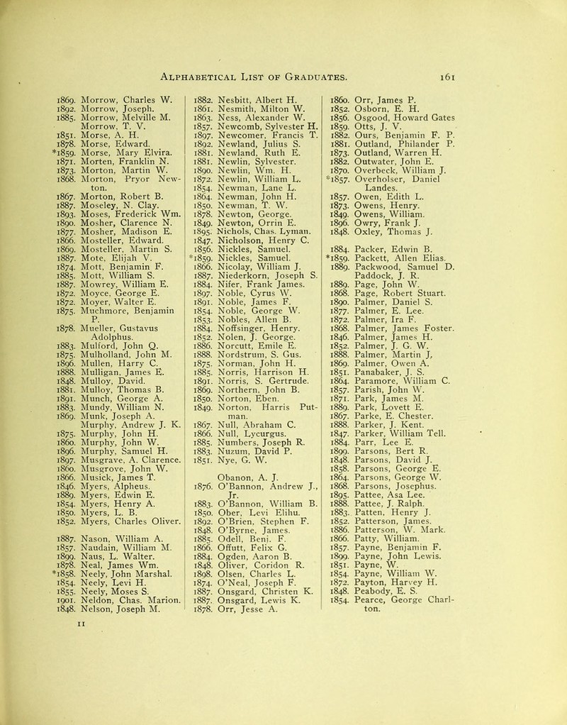 1869. Morrow, Charles W. 1892. Morrow, Joseph. 1885. Morrow, Melville M. Morrow, T. V. 1851. Morse, A. H. 1878. Morse, Edward. *1859. Morse, Mary Elvira. 1871. Morten, Franklin N. 1873. Morton, Martin W. 1868. Morton, Pryor New- ton. 1867. Morton, Robert B. 1887. Moseley, N. Clay. 1893. Moses, Frederick Wm. 1890. Mosher, Clarence N. 1877. Mosher, Madison E. 1866. Mosteller, Edward. 1869. Mosteller, Martin S. 1887. Mote, Elijah V. 1874. Mott, Benjamin F. 1885. Mott, William S. 1887. Mowrey, William E. 1872. Moyce, George E. 1872. Moyer, Walter E. 1875. Muchmore, Benjamin P. 1878. Mueller, Gustavus Adolphus. 1883. Mulford, John Q. 1875. Mulholland, John M. 1896. Mullen, Harry C. 1888. Mulligan, James E. 1848. Mulloy, David. 1881. Mulloy, Thomas B. 1891. Munch, George A. 1883. Mundy, William N. 1869. Munk, Joseph A. Murphy, Andrew J. K. 1875. Murphy, John H. i860. Murphy, John W. 1896. Murphy, Samuel H. 1897. Musgrave, A. Clarence. i860. Musgrove, John W. 1866. Musick, James T. 1846. Myers, Alpheus. 1889. Myers, Edwin E. 1854. Myers, Henry A. 1850. Myers, L. B. 1852. Myers, Charles Oliver. 1887. Nason, William A. 1857. Naudain, William M. 1899. Naus, L. Walter. 1878. Neal, James Wm. *1858. Neely, John Marshal. 1854. Neely, Levi H. ■ 1855. Neely, Moses S. 1901. Neldon, Chas. Marion. 11 1882. Nesbitt, Albert H. 1861. Nesmith, Milton W. 1863. Ness, Alexander W. 1857. Newcomb, Sylvester H. 1897. Newcomer, Francis T. 1892. Newland, Julius S. 1881. Newland, Ruth E. 1881. Newlin, Sylvester. 1890. Newlin, Wm. H. 1872. Newlin, William L. 1854. Newman, Lane L. 1864. Newman, John H. 1850. Newman, T. W. 1878. Newton, George. 1849. Newton, Orrin E. 1895. Nichols, Chas. Lyman. 1847. Nicholson, Henry C. 1856. Nickles, Samuel. *1859. Nickles, Samuel. 1866. Nicolay, William J. 1887. Niederkorn, Joseph S. 1884. Nifer, Frank James. 1897. Noble, Cyrus W. 1891. Noble, James F. 1854. Noble, George W. 1853. Nobles, Allen B. 1884. Noffsinger, Henry. 1852. Nolen, J. George. 1886. Norcutt, Emile E. 1888. Nordstrum, S. Gus. 1875. Norman, John H. 1885. Norris, Harrison H. 1891. Norris, S. Gertrude. 1869. Northern. John B. 1850. Norton, Eben. 1849. Norton, Harris Put- 1867. Null, Abraham C. 1866. Null, Lycurgus. 1885. Numbers, Joseph R. 1883. Nuzum, David P. 1851. Nye, G. W. Obanon, A. J. 1876. O’Bannon, Andrew J., Jr. 1883. O’Bannon, William B. 1850. Ober, Levi Elihu. 1892. O’Brien, Stephen F. 1848. O’Byrne, James. 1885. Odell, Beni. F. 1866. Offutt, Felix G. 1884. Ogden, Aaron B. 1848. Oliver, Coridon R. 1898. Olsen, Charles L. 1874. O’Neal, Joseph F. 1887. Onsgard, Christen K. 1887. Onsgard, Lewis K. i860. Orr, James P. 1852. Osborn, E. H. 1856. Osgood, Howard Gates 1859. Otts, J. V. 1882. Ours, Benjamin F. P. 1881. Outland, Philander P. 1873. Outland, Warren H. 1882. Outwater, John E. 1870. Overbeck, William J. *1857. Overholser, Daniel Landes. 1857. Owen, Edith L. 1873. Owens, Henry. 1849. Owens, William. 1896. Owry, Frank J. 1848. Oxley, Thomas J. 1884. Packer, Edwin B. *1859. Packett, Allen Elias. 1889. Packwood, Samuel D. Paddock, J. R. 1889. Page, John W. 1868. Page, Robert Stuart. 1890. Palmer, Daniel S. 1877. Palmer, E. Lee. 1872. Palmer, Ira F. 1868. Palmer, James Foster. 1846. Palmer, James H. 1852. Palmer, J. G. W. 1888. Palmer, Martin J, 1869. Palmer, Owen A. 1851. Panabaker, J. S. 1864. Paramore, William C. 1857. Parish, John W. 1871. Park, James M. 1889. Park, Lovett E. 1867. Parke, E. Chester. 1888. Parker, J. Kent. 1847. Parker, William Tell. 1884. Parr, Lee E. 1899. Parsons, Bert R. 1848. Parsons, David J. 1858. Parsons, George E. 1864. Parsons, George W. 1868. Parsons, Josephus. 1895. Pattee, Asa Lee. 1888. Pattee, J. Ralph. 1883. Patten, Henry J. 1852. Patterson, James. 1886. Patterson, W. Mark. 1866. Patty, William. 1857. Payne, Benjamin F. 1899. Payne, John Lewis. 1851. Payne, W. 1854. Payne, William W. 1872. Payton, Harvey H. 1848. Peabody, E. S. 1854. Pearce, George Charl-