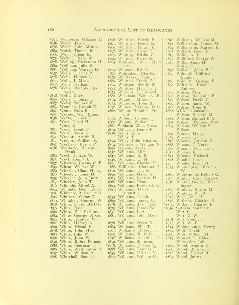 1891. Welbourn, Oclasco C. 1858. Welch, Jacob. 1878. Welch, John Milton. 1882. Welch, Thomas E. 1866. Weld, Salem E. 1875. Welker, Perry W. 1878. Welling, Dickerson H. 1882. Wellman, Julia E. 1881. Wellman, Warren D. 1857. Wells, Charles P. 1878. Wells, Homer L. 1877. Wells, J. Moss. 1867. Wells, Nathan. 1878. Wells, Osceola Os- wego. *1858. Wells, Riley. 1890. Wells, Thomas J. 1887. Welty, Sumner F. 1885. Wenman, Joseph E. 1897. Wentz, Cora E. 1901. Werner, Wm. Louis. 1858. Werts, Daniel H. 1874. West, David H. West, E. 1874. West, Joseph S. 1891. West, Owen A. 1857. Wescott, Austin B. 1877. Wescott, William F. 1897. Westlake, Frank P. 1876. Wetmore, Nelson Frank. 1889. Weyl, George W. 1875. Weyl, Henry J. *1857. Wharton. Joshua C. B. 1899. Wheat, Wallace W. 1889. Wheeler, Chas. Henry. 1870. Wheeler, James D. 1855. Wheeler, John Burr. 1889. Wheeler, John T. 1876. Whipple. Alfred A. 1893. Whipple, Geo. Edgar. 1901. Whitacre, R. Frederick. 1896. Whitacre, Oscar C. 1853. Whitaker, George W. 1878. White, Cyrus Barklay. 1859. White, David. 1896. White, Ella Perkins. 1884. White George Nixon. 1854. White, Hanford W. 1882. White, Harvey A. 1860. White, Hiram B. 1878. White, John Hiram. 1889. White, John W. 1898. White, John W. 1856. White, Rufus Putman. 1888. White, Sherman T. 1880. White. Washington A. 1897. White, William A. 1868. Whitehall, Samuel. 1878. Whitford, Edwin P. 1861. Whitford, Henry K. j i860. Whitford, Hiram P. 1897. Whitford, Lena R. 1867. Whiting, Elisha C. 1890. Whitney, Perry N. 1885. Whitney, Wm. Her- bert. 1873- Whitson, Eli M. 1879. Whittaker, Charles J. 1875. Whittaker, Frank E. 1889. Whitted, Frank F. 1872. Whittier, Bently S. 1883. Whittier, Herman J. 1873. Wickens, L. Edward. 1880. Wickham, Wm. A. R. 1874. Wiggins, Minor. 1873. Wiginton, John B. 1848. Wilber. Mattson Otis. 1862. Wilbur. Hannibal Pres- cott. 1872. Wilbur, Palmer. i860. Wilbur, William L. 1884. Wildasin, Chas. Oscar. 1872. Wildasin, Henry F. *1858. Wilds, John. Wiley, I. 1854. Wiley, John Huston. 1854. Wilkerson, William N. 1896. Wilkins, Avery C. 1852. Williams, Allen. 1847. Williams, B. B. 1846. Williams, C. M. 1891. Williams, Charles E. 1888. Williams, Clarence J. 1870. Williams, David. 1890. Williams, David A. 1884. Williams. Erastus D. 1868. Williams, Evan. 1893. Williams, Frederick 0. 1887. Williams, Harry Augustus. 1853. Williams, Isaiah. 1869. Williams, James M. 1878. Williams, Jas. Thos. 1875. Williams, James W. 1851. Williams, J. A. 1881. Williams, John Mad- ison. 1876. Williams, Owen R. 1864. Williams, Phil T. 1865. Williams. Robert J. 1900. Williams, R. Otis. 1858. Williams, Salathiel T. 1852. Williams, Simpson. *1858. Williams, Tavina L. 1888. Williams. Thomas F. 1855. Williams, Urbane V. 1873. Williams, William C. 1856. Williams, William M. 1871. Williamson, James M. 1864. Williamson, Marion F. 188=;. Willard. Jacob F. 1859. Willie, A. L. 1857. Williford, George W. 1847. Willis, Amos H. Willis, S. 1858. Willson, John F. 1893. Wilmuth, Clifford Stanley. 1864. Wilmuth, George B. 1894. Wiltshire, Roland Aubrey. 1897. Wilson, Alva. 1882. Wilson, Benjamin F. 1873. Wilson, David C. 1869. Wilson, James W. 1853. Wilson, John B. 1887. Wilson, Lanson C. Wilson. Richard M. 1881. Wilson, Samuel B. S. 1895. Wilson. Thomas Wm. 1884. Wilson, William R. Wilson. 1894. Wimer, Henry. 1874. Winans, Ira C. 1870. Winans, Jotham C. 1888. Winans, J. Vern. 1848. Winans, Norman T. 1851. Winans, R. *1857. Winans, Richard. 1848. Windle, Isaac. 1875. Windle. Jacob H. 1875. Winningham. Francis W. 1881. Wintermute. Robert C. 1893. Winter, Carl Gustave. 1856. Winter, George Wash- ington. 1860. Winters, Edwin M. 1859. Winters. W. W. 1871. Wirt, John H. 1856. Witham, Charles E. *1859. Witham, Charles E. *1859. Witham, Martha B. 1878. Witt, Stephen. 1851. Witt. W. B. 1854. Wohlgemuth. Henry. 1872. Wolf. David. 1896. Wolf. William H. 1854. Wonsetler, Gideon. Wonsetler, John. 1881. Wood, Almira C. 1866. Wood, Burgess K. 1872. W'ood, Haskel R. 1865. Wood, Jairus.