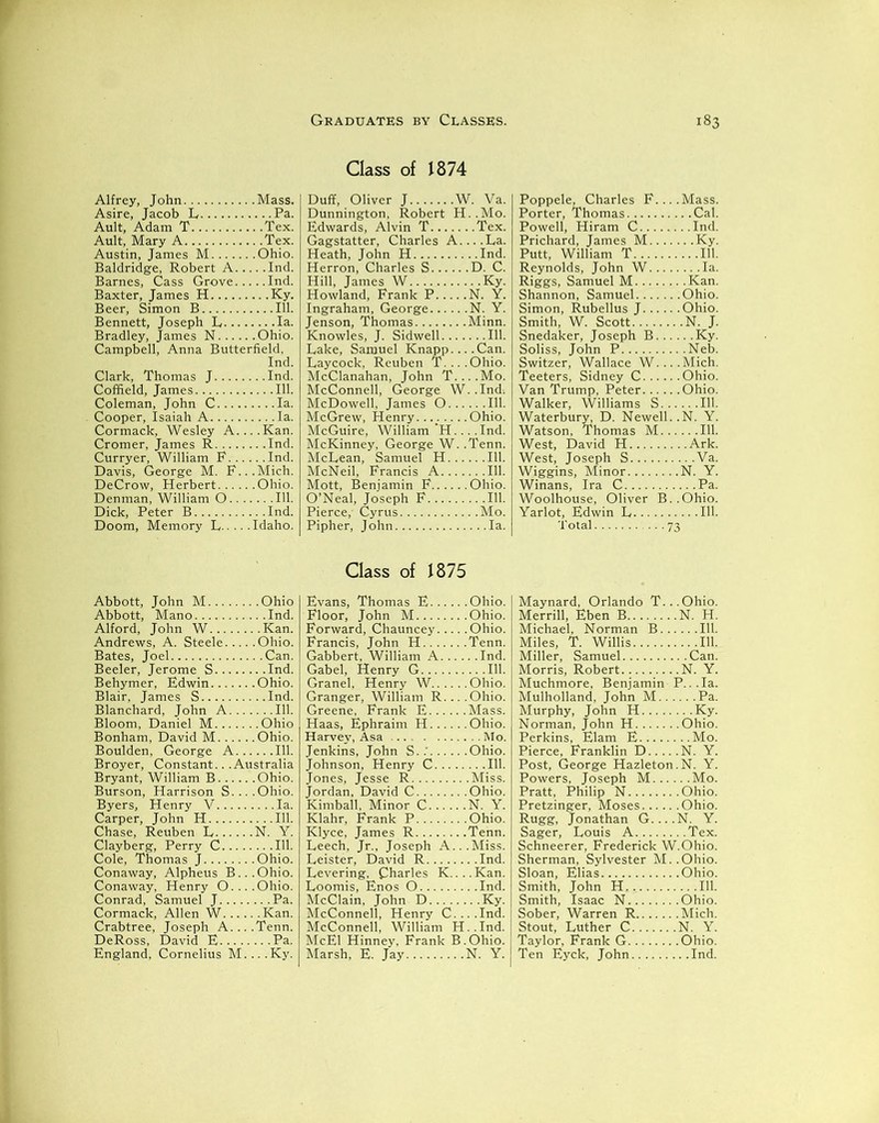 Alfrey, John Mass. Asire, Jacob L Pa. Ault, Adam T Tex. Ault, Mary A Tex. Austin, James M Ohio. Baldridge, Robert A Ind. Barnes, Cass Grove Ind. Baxter, James H Ky. Beer, Simon B 111. Bennett, Joseph L Ia. Bradley, James N Ohio. Campbell, Anna Butterfield. Ind. Clark, Thomas J Ind. Coffield, James 111. Coleman, John C Ia. Cooper, Isaiah A Ia. Cormack, Wesley A....Kan. Cromer, James R Ind. Curryer, William F Ind. Davis, George M. F...Mich. DeCrow, Herbert Ohio. Denman, William O 111. Dick, Peter B Ind. Doom, Memory L Idaho. Class of 1874 Duff, Oliver J W. Va. Dunnington, Robert H..Mo. Edwards, Alvin T Tex. Gagstatter, Charles A... .La. Heath, John H Ind. Herron, Charles S D. C. Hill, James W Ky. Howland, Frank P N. Y. Ingraham, George N. Y. Jenson, Thomas Minn. Knowles, J. Sidwell 111. Lake, Samuel Knapp.... Can. Laycock, Reuben T. .. .Ohio. McClanahan, John T... .Mo. McConnell, George W..Ind. McDowell, James O 111. McGrew, Henry........ Ohio. McGuire, William ‘H.... Ind. McKinney, George W. .Tenn. McLean, Samuel H 111. McNeil, Francis A 111. Mott, Benjamin F Ohio. O’Neal, Joseph F 111. Pierce, Cyrus Mo. Pipher, John Ia. Poppele, Charles F....Mass. Porter, Thomas Cal. Powell, Hiram C Ind. Prichard, James M Ky. Putt, William T 111. Reynolds, John W Ia. Riggs, Samuel M Kan. Shannon, Samuel Ohio. Simon, Rubellus J Ohio. Smith, W. Scott N. J. Snedaker, Joseph B Ky. Soliss, John P Neb. Switzer, Wallace W....Mich. Teeters, Sidney C Ohio. Van Trump, Peter Ohio. Walker, Williams S 111. Waterbury, D. Newell. .N. Y. Watson, Thomas M 111. West, David H Ark. West, Joseph S Va. Wiggins, Minor N. Y. Winans, Ira C Pa. Woolhouse, Oliver B. .Ohio. Yarlot, Edwin L 111. Total 73 Abbott, John M Ohio Abbott, Mano Ind. Alford, John W Kan. Andrews, A. Steele Ohio. Bates, Joel Can. Beeler, Jerome S Ind. Behymer, Edwin Ohio. Blair, James S Ind. Blanchard, John A 111. Bloom, Daniel M Ohio Bonham, David M Ohio. Boulden, George A 111. Broyer, Constant.. .Australia Bryant, William B Ohio. Burson, Harrison S....Ohio. Byers, Henry V Ia. Carper, John H 111. Chase, Reuben L N. Y. Clayberg, Perry C 111. Cole, Thomas J Ohio. Conaway, Alpheus B...Ohio. Conaway, Henry O....Ohio. Conrad, Samuel J Pa. Cormack, Allen W Kan. Crabtree, Joseph A... .Tenn. DeRoss, David E Pa. England, Cornelius M... .Ky. Class of 1875 Evans, Thomas E Ohio. Floor, John M Ohio. Forward, Chauncey Ohio. Francis, John H Tenn. Gabbert, William A Ind. Gabel, Henry G 111. Granel, Henry W Ohio. Granger, William R... .Ohio. Greene, Frank E Mass. Haas, Ephraim H Ohio. Harvey, Asa Mo. Jenkins, John S. .' Ohio. Johnson, Henry C 111. Jones, Jesse R Miss. Jordan, David C Ohio. Kimball, Minor C N. Y. Klahr, Frank P Ohio. Klyce, James R Tenn. Leech, Jr., Joseph A...Miss. Leister, David R Ind. Levering, Charles K....Kan. Loomis, Enos O Ind. McClain, John D Ky. McConnell, Henry C....Ind. McConnell, William H..Ind. McEl Hinney, Frank B.Ohio. Marsh, E. Jay N. Y. Maynard, Orlando T...Ohio. Merrill, Eben B N. H. Michael, Norman B 111. Miles, T. Willis 111. Miller, Samuel Can. Morris, Robert N. Y. Muchmore, Benjamin P...Ia. Mulholland, John M Pa. Murphy, John H Ky. Norman, John H Ohio. Perkins, Elam E Mo. Pierce, Franklin D N. Y. Post, George Hazleton.N. Y. Powers, Joseph M Mo. Pratt, Philip N Ohio. Pretzinger, Moses Ohio. Rugg, Jonathan G....N. Y. Sager, Louis A Tex. Schneerer, Frederick W.Ohio. Sherman, Sylvester M..Ohio. Sloan, Elias Ohio. Smith, John H, 111. Smith, Isaac N Ohio. Sober, Warren R Mich. Stout, Luther C N. Y. Taylor, Frank G Ohio. Ten Eyck, John Ind.