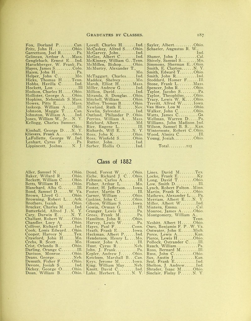 Fox, Dorland P Can. Fritz, John H Ohio. Garrettson, Joel R Pa. Gelineau, Arthur A....Mass. Genglebach, Ernest E...Ind. Harschberger, W. Frank.Pa. Hayes, James S Colo. Hazen, John H Pa. Helper, John C Mo. Hicks, Thomas H Tenn. Hobbs, Havilla C Ind. Hockett, Lon Ill Hodson, Charles H Ohio. Hollister, George A. .. .Ohio. Hopkins, Nehemiah S.Mass. Howes, Pitts E Mass. Inskeep. William A 111. Johnson, Maggie T Can. Johnston, William A Ind. Jones, William W., Jr.. .N. Y. Kellogg, Charles Sumner, Ohio. Kimball, George D....N. Y. Klievers, Frank A Ohio. LaFollette. George W..Ind. Lenhart, Cyrus P Pa. Lippincott, Joshua N. J. Lovell. Charles H Ind. McCaskey, Alfred S Ohio. McGarvey, John Ind. McGee, Albert C Ind. McKinney, William G. .Tenn. McMillen, Bishop Ohio. McMurtry, Alexander T., Mo. McTaggaxt, Charles Ind. Maddox,' Shelvey Mo. Marsh, Elliot H Mass. Miller, Andrew G. Ind. Million, David Ind. Miranda, S. Douglas...Ohio. Mitchell. William Ohio. Mulloy, Thomas B Ohio. Newland, Ruth E Nev. Newlin, Sylvester Ind. Outland, Philander P. .Ohio. Perrins, William A Mass. Reichard, Albert Md. Rice, Eugene L 111. Richards, Will E N. Y. Ross, John K Ohio. Ross. Winfield S Ohio. Rutter, John Ind. Sarber. Hollis O Ind. Sayler, Albert Ohio. Schaefer, Augustus R. W., Ind. Shaner, John J Cal. Shively, Samuel S Mo. Simmons, Sherman E..Ohio. Smith, E. Clayton N. Y. Smith, Edward T Ohio. Smith, John R Ind. Stoddard, Homer F 111. Stone, Frank L Mass. Spencer, John R Ohio. Taylor, Jacobo S Pa. Taylor, Theophilus Ohio. Tracy, Lewis W. K Ohio. Trevitt, Alfred W Iowa. Van Horn, Lou M Ohio. Walker, John C Ohio. Watts, James C Ga. Wellman, Warren D Pa. Williams, John Madison.Ind. Wilson, Samuel B. S.’. ..Kan. Wintermute, Robert C.Ohio. Wood, Almira C 111. Young, Josiah Ohio. Total 115 Class of 1882 Aller, Samuel N Ohio. Baker, Willard R Ohio. Beckett, William C Ohio. Betts, William H Ohio. Blanchard, Alba G 111. Bond, Samuel D W. ya. Brown, Lloyd G Ohio. Browning, Robert L. ...Ark. Brothers, Isaiah Ohio. Brucker, Charles M Ind. Butterfield, Alfred J..N. Y. Cary, Darwin E N. Y. Chalfant, Robert W Ohio. Chandler, Lucy A Ohio. Colliver, Richard T Ind. Cook, Louis Edward.. .Ohio. Cooper, Harvey N Tex. Crawford, John H Mo. Crebs, R. Scott Mo. Crist, Orlando B Ohio. Darling, Orange C 111. Davison, Monroe Ohio. Deans, George Neb. Demuth, Fisher F Ohio. Devore, Josiah S Ind. Dickey, George O Ohio. Doan, William B Ohio. Doud, Forest W Ohio. Eiche, Richard J. C...Ohio. Feltman, Carlos A 111. Fisher, Arthur L Mo. Foster, H. Jefferson. .. .Iowa. Foster, Martin D 111. Garner, William Ohio. Gaskins, John C Ohio. Gibson, William S Iowa. Gowin, Orman G 111. Granger, Lewis E Pa. Gross, Frank M Pa. Hamilton, John R Ohio. Harvey, Lewis W Pa. Hayes, Paul F Conn. Heath, Frank E Iowa. Heckman, Albert P Ind. Henderson, Henry L... .Mo. Houser, John A 111. Hunt, Cyrus R Neb. John, J. Frank Pa. Kepler, Andrew J Ohio. Ketchum, Marshall B...Can. Keys, Jerome M....... Iowa. King. William May Neb. Knott, David C Ind. Lake. Herbert. L N. Y. Lines, David M Tex Locke, Frank E Ky. Long, David T Ohio. Low, Smith D 111. Lynch, Robert Fulton..Minn. Martin, Frank K Ohio. Mathews, Alexander L- •. - Pa. Merriam, Albert E....N. Y. Miller, Albert W Ind. Mintern, Emma Cal. Monroe, James A Ohio. Montgomery, William A., Tenn. Nesbitt, Albert H Ohio. Ours, Benjamin F. P. .W. Va. Outwater, John E Mich. Perce, Lewis A Kan. Pierce, Lewis H Ohio. Pollock, Ostrander C 111. Rauch, William Pa. Ross, Bernard M 111. Russ, John C Ohio. Sax, Austin J Kan. Seal, Frank E Ind. Shelton, J. Andrew Ind. Shrader, Isaac M Ohio. Sinclair, Finlay P N. Y.