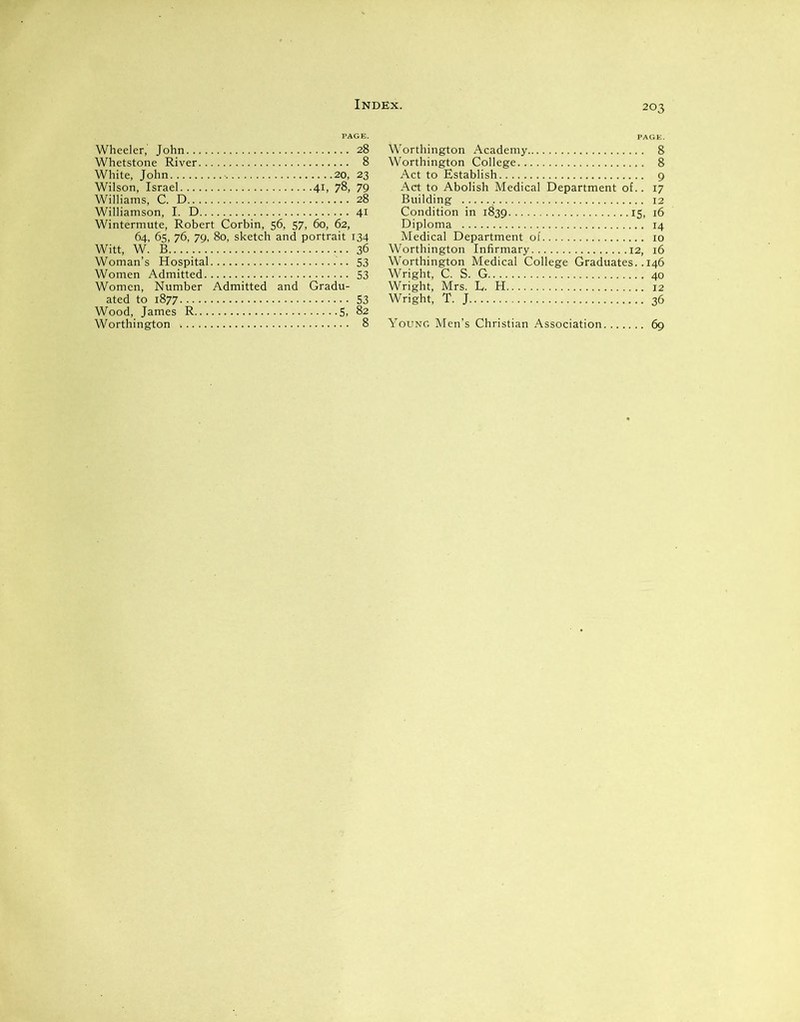 Wheeler,' John 28 Whetstone River 8 White, John 20, 23 Wilson, Israel 41, 78, 79 Williams, C. D 28 Williamson, I. D 41 Wintermute, Robert Corbin, 56, 57, 60, 62, 64, 65, 76, 79, 80, sketch and portrait 134 Witt, W. B 36 Woman’s Hospital S3 Women Admitted 53 Women, Number Admitted and Gradu- ated to 1877 S3 Wood, James R 5. 82 Worthington 8 Worthington Academy 8 Worthington College 8 Act to Establish 9 Act to Abolish Medical Department of.. 17 Building 12 Condition in 1839 15, 16 Diploma 14 Medical Department of 10 Worthington Infirmary 12, 16 Worthington Medical College Graduates.. 146 Wright, C. S. G 40 Wright, Mrs. L. H 12 Wright, T. J 36 Young Men’s Christian Association 69
