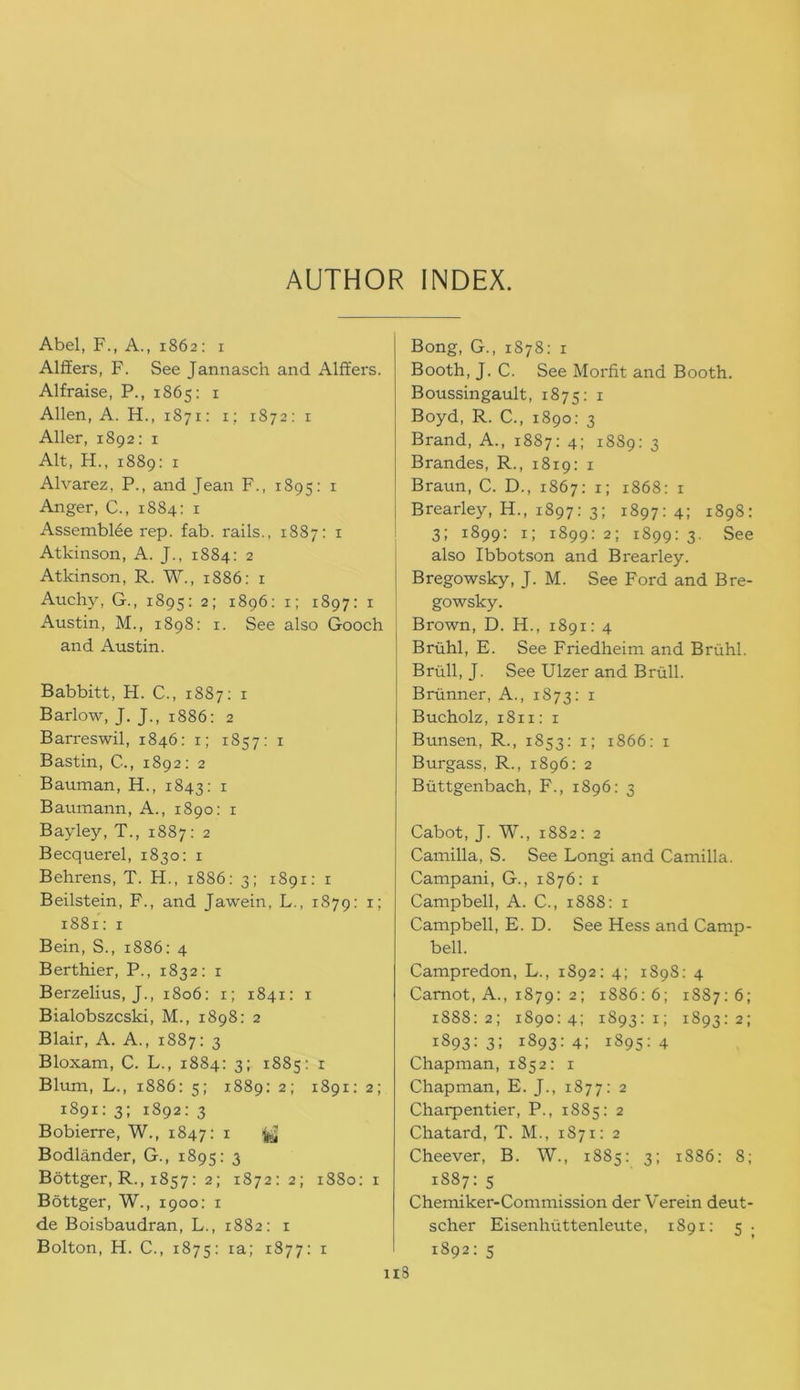 AUTHOR INDEX. Abel, F., A., 1862: r Alffers, F. See Jannasch and Alffers. Alfraise, P., 1865: 1 Allen, A. H., 1871: 1; 1872: r Aller, 1892: 1 Alt, H., 1889: 1 Alvarez, P., and Jean F., 1895: 1 Anger, C., 1884: 1 Assemblee rep. fab. rails., 1887: 1 Atkinson, A. J., 1884: 2 Atkinson, R. W., 1886: 1 Auchy, G., 1895: 2; 1896: 1; 1897: 1 Austin, M., 1898: 1. See also Gooch and Austin. Babbitt, H. C., 1887: 1 Barlow, J. J., 1886: 2 Barreswil, 1846: 1; 1857: 1 Bastin, C., 1892: 2 Bauman, H., 1843: 1 Baumann, A., 1890: 1 Bayley, T., 1887 : 2 Becquerel, 1830: 1 Behrens, T. H., 1886: 3; 1891: 1 Beilstein, F., and Jawein, L., 1879: 1; 1881: 1 Bein, S., 1886: 4 Berthier, P., 1832: 1 Berzelius, J., 1806: x; 1841: 1 Bialobszcski, M., 1898: 2 Blair, A. A., 1887: 3 Bloxam, C. L., 1884: 3; 1885: r Blum, L., 1886: 5; 1889: 2; 1891: 2; 1891: 3; 1892: 3 Bobierre, W., 1847: 1 |gj Bodlander, G., 1895: 3 Bottger, R., 1857: 2; 1872: 2; 1880: 1 Bottger, W., 1900: 1 de Boisbaudran, L., 1882: r Bolton, H. C., 1875: ia; 1877: 1 Bong, G., 1878: 1 Booth, J. C. See Morfit and Booth. Boussingault, 1875: 1 Boyd, R. C., 1890: 3 Brand, A., 1887: 4; 1889: 3 Brandes, R., 1819: 1 Braun, C. D., 1867: 1; 1868: 1 Brearley, H., 1897: 3; 1897: 4; 1898: 3; 1899: 1; 1899: 2; 1899: 3. See also Ibbotson and Brearley. Bregowsky, J. M. See Ford and Bre- gowsky. Brown, D. H., 1891: 4 Briihl, E. See Friedheim and Bruhl. Briill, J. See Ulzer and Brull. Brunner, A., 1873: x Bucholz, 1811: 1 Bunsen, R., 1853: 1; 1866: 1 Burgass, R., 1896: 2 Biittgenbach, F., 1896: 3 Cabot, J. W., 1882: 2 Camilla, S. See Longi and Camilla. Campani, G., 1876: 1 Campbell, A. C., 1888: 1 Campbell, E. D. See Hess and Camp- bell. Campredon, L., 1892: 4; 1898: 4 Carnot, A., 1879: 2; 1886:6; 1887:6; 1888:2; 1890:4; 1893:1; 1893:2; 1893: 3; 1893: 4; 1895: 4 Chapman, 1852: 1 Chapman, E. J., 1877: 2 Charpentier, P., 1885: 2 Chatard, T. M., 1871: 2 Cheever, B. W., 1885: 3; 1886: 8; 1887: 5 Chemiker-Commission der V erein deut- scher Eisenhuttenleute, 1891: 5 • 1892: 5